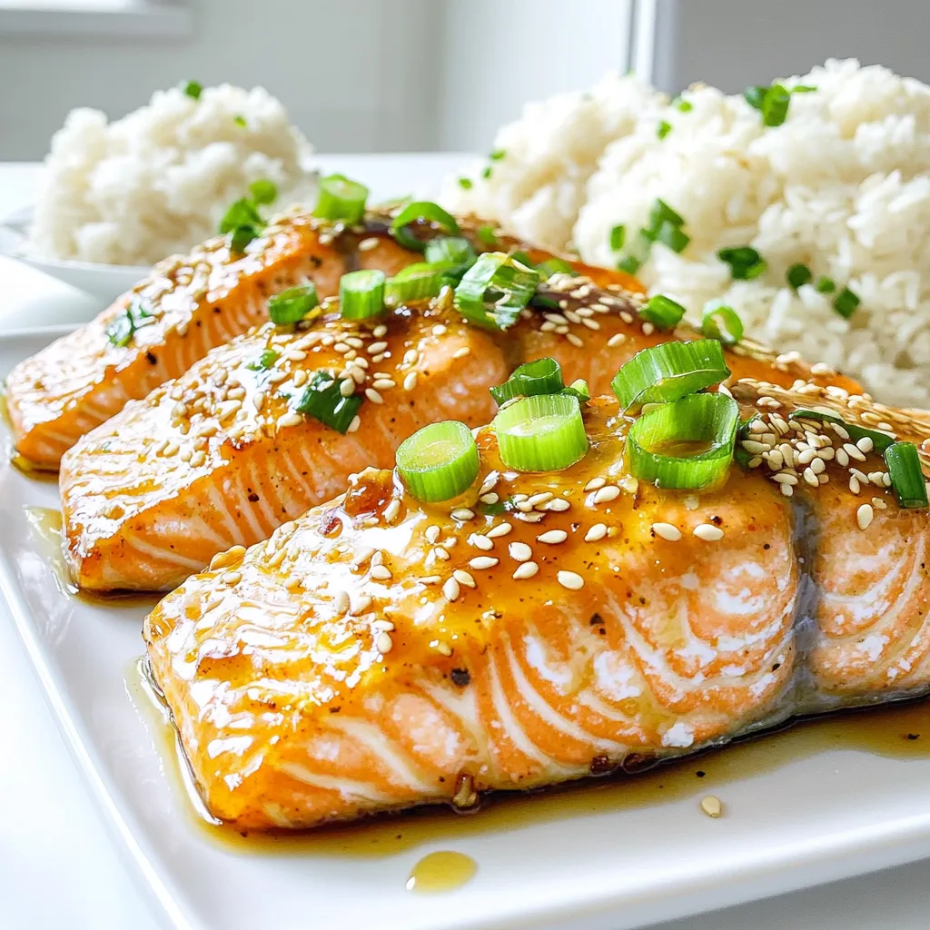 - 4 salmon fillets - 4 tablespoons honey - 3 cloves garlic, minced - 2 tablespoons soy sauce (low sodium) - 1 tablespoon olive oil - 1 tablespoon sesame seeds (optional) - 2 green onions, sliced (for garnish) - Salt and pepper, to taste For this recipe, you need fresh salmon fillets. They are the star of the dish. Honey gives a sweet touch that pairs well with the salmon. Minced garlic adds a nice kick. Soy sauce brings saltiness and depth. You can also add olive oil to keep the salmon moist. Optional ingredients can elevate your dish. Sesame seeds give a nice crunch. Green onions add a pop of color and flavor. Don’t forget salt and pepper to taste! This simple list of ingredients makes preparing Minute Honey Garlic Salmon quick and easy. You’ll love how they work together to create a tasty meal. Start by gathering your ingredients. In a small bowl, combine the honey, minced garlic, soy sauce, olive oil, salt, and pepper. Mix them well to form the marinade. This mix will give your salmon that sweet and savory flavor. The honey balances the saltiness of the soy sauce, while garlic adds a nice kick. Next, take the salmon fillets and place them in a shallow dish or a ziplock bag. Pour the marinade over the salmon. Make sure each piece is well coated. Let the salmon marinate for about 10-15 minutes. If you have more time, longer marinating enhances the flavor even more. Just remember, don't marinate too long or the fish may become mushy. Now, heat a non-stick skillet over medium-high heat. Once hot, add the salmon fillets, skin side down if they have skin. Cook them for about 4-5 minutes. You want a nice sear on the salmon. After that, carefully flip the salmon. Pour any remaining marinade on top. Cook for another 3-4 minutes. The salmon is done when it flakes easily with a fork. After cooking, take the skillet off the heat and let the salmon rest for a minute. This helps keep it juicy. For a beautiful finish, sprinkle sesame seeds over the salmon in the last minute of cooking. Then, garnish with sliced green onions before serving. You can serve the salmon on rice or with veggies for a complete meal. Enjoy your delicious Minute Honey Garlic Salmon! To ensure your salmon cooks evenly, start with fillets of similar size. This helps them cook at the same rate. Always place the salmon in the skillet skin side down. This keeps the fish moist and prevents sticking. Cook it on medium-high heat for about 4-5 minutes. Flip the fillets gently using a spatula. Pour some marinade over the top after flipping. Continue cooking for 3-4 minutes. The salmon is done when it flakes easily with a fork. You can boost the flavor of your honey garlic salmon with extra spices. Try adding a pinch of red pepper flakes for heat. Fresh ginger adds a nice zing too. For a citrus twist, mix in some orange zest. If you love herbs, add fresh cilantro or parsley to the marinade. Each of these options enhances the dish and gives it a unique taste. Pair your honey garlic salmon with simple sides. Steamed rice makes a great base. You can also serve it with sautéed vegetables, like broccoli or bell peppers. Drizzle extra honey garlic sauce from the pan over everything. A lemon wedge on the side brightens the meal. This adds freshness and balances the flavors. Enjoy your meal with friends or family! {{image_2}} For a lighter dish, you can use low-sodium soy sauce. This option cuts back on salt. You still get the sweet and savory taste. Look for brands that are labeled as low-sodium. You can also try coconut aminos. It offers a nice flavor and is soy-free. When choosing salmon, you can pick between fresh and frozen. Fresh salmon usually tastes better, but frozen is more convenient. It’s often just as good. If you go frozen, make sure to thaw it slowly in the fridge. This keeps the texture nice. Look for wild-caught salmon for the best flavor and health benefits. You can grill or bake salmon instead of using a skillet. Grilling gives a smoky taste. Just brush it with the honey garlic mix before cooking. Baking is easy too. Preheat your oven to 400°F and cook for about 12-15 minutes. Both methods keep the salmon juicy and flavorful. To keep your salmon fresh, wrap it well. Use plastic wrap or a tight container. Store it in the fridge. Salmon stays good for up to three days. Make sure your fridge is at 40°F or below. This keeps bacteria from growing. Avoid leaving it out at room temperature. When reheating, keep the salmon moist. Place it in a skillet over low heat. Add a splash of water or broth to help. Cover the skillet to trap steam. Heat for about 5 minutes or until warm. This method keeps the salmon juicy and tasty. If you want to freeze salmon, wrap it tightly. Use freezer bags or foil. Remove as much air as possible. This prevents freezer burn. For best taste, use it within three months. To thaw, place it in the fridge overnight. You can also use cold water for quicker thawing. Just make sure it stays sealed. This keeps the quality high and the flavor intact. You should marinate salmon for about 10-15 minutes. This time helps the fish soak up the honey and garlic flavors. If you are short on time, even a quick 5-minute soak will add some taste. Just be careful not to marinate too long, or the fish may become mushy. Yes, you can use other fish! Try using trout, tilapia, or cod. Each fish will bring a different taste and texture. Just make sure to adjust the cooking time based on the thickness of the fillets. If you need a substitute for honey, use maple syrup or agave nectar. Both options provide a sweet flavor, making them great alternatives. You can also use brown sugar mixed with water for a similar taste. Eating slightly undercooked salmon can be safe if it is fresh and high quality. Salmon should be cooked to a minimum of 145°F (63°C). If you choose to eat it rare, ensure it is sushi-grade fish. Always use your best judgment and check for any signs of spoilage before cooking. This blog post showed you how to make a tasty honey garlic salmon. We covered the main and optional ingredients, step-by-step instructions, and tips to perfect your dish. You learned about storage and variations, too. Remember, marinating is key for great flavor. Cooking methods can change the taste, so try different ones. Whether you're a novice or a pro, this recipe is simple and fun. Enjoy your cooking and impress your friends and family with this delicious meal!