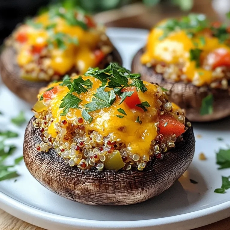 To make cowboy mushrooms, gather these key ingredients: - 1 lb large portobello mushrooms, cleaned and stems removed - 1/2 cup cooked quinoa - 1/4 cup diced red bell pepper - 1/4 cup finely chopped yellow onion - 2 cloves garlic, minced - 1/2 teaspoon smoked paprika - 1 teaspoon dried oregano - 1/4 teaspoon cayenne pepper (optional, for heat) - 1/4 cup shredded cheddar cheese (or vegan cheese) - 1/4 cup fresh parsley, chopped - Salt and pepper to taste - Olive oil for brushing You can swap some ingredients for different flavors or needs. If you don’t have quinoa, use cooked rice or couscous. For the cheese, try feta or leave it out for a vegan option. Instead of red bell pepper, yellow or green peppers work well. Fresh herbs can replace dried ones; just use more. Toppings can make your cowboy mushrooms shine. Consider: - Crumbled feta for a tangy punch - Sliced jalapeños for a spicy kick - Chopped green onions for a fresh crunch - A drizzle of balsamic glaze for sweetness These additions can give your dish a unique twist. Use your creativity to make it your own! {{ingredient_image_1}} Start by cleaning your portobello mushrooms. Use a damp cloth to wipe off any dirt. Make sure to remove the stems carefully. This makes room for the filling. Then, brush both sides of each cap with olive oil. This adds flavor and helps them cook well. In a medium skillet, heat a drizzle of olive oil over medium heat. Add the diced onion and red bell pepper. Sauté them until they are soft, which takes about 4-5 minutes. Next, add the minced garlic and stir for another 1-2 minutes. The aroma will be amazing! Now, take a large bowl and mix the cooked quinoa, onion, and pepper blend. Add the smoked paprika, oregano, cayenne pepper, salt, and pepper. Finally, stir in the shredded cheese until the mix is even. This filling is packed with flavor! Preheat your oven to 375°F (190°C). Lay the portobello caps on a baking sheet, gill side up. Spoon the quinoa filling into each cap, pressing down gently. Make sure they are full but not spilling over. Bake the mushrooms in the hot oven for 25-30 minutes. You want them to be tender and slightly golden on top. Once they are done, take them out and sprinkle fresh parsley on top. This adds a nice touch! Enjoy your cowboy mushrooms as a tasty dish. When cooking portobello mushrooms, start with the right size. Choose large, firm mushrooms. Clean them well to remove dirt. Use a damp cloth instead of water. This keeps them from getting soggy. Brush the mushrooms with olive oil before cooking. This adds flavor and helps them brown. Bake them gill side up to hold the filling. This way, the juices stay inside while cooking. To amp up the flavor of the quinoa filling, try these tips. Use vegetable broth instead of water for cooking quinoa. This gives the quinoa a rich taste. Add spices like cumin or chili powder for warmth. Fresh herbs like cilantro or basil can brighten the dish. If you like heat, toss in jalapeño or more cayenne pepper. Mix in some black beans for protein. They add texture and depth. You can also use different cheeses for variety. Feta or goat cheese can give a tangy twist. For a stunning presentation, serve cowboy mushrooms on a rustic wooden board. Arrange them neatly, and scatter fresh parsley around. This adds color and freshness. A slice of lemon on the side can brighten the plate. It also gives guests a chance to add zest. Serve with a small bowl of extra filling for a nice touch. This makes the meal feel special and inviting. Pro Tips Choose the Right Mushrooms: Opt for large, firm portobello mushrooms to ensure they can hold the filling well without breaking. Customize Your Filling: Feel free to add other vegetables like spinach or zucchini for extra flavor and nutrition, or switch up the cheese for different taste profiles. Make Ahead: Prepare the quinoa mixture a day in advance and store it in the refrigerator. Just fill the mushrooms and bake when ready to serve. Check for Doneness: Keep an eye on the mushrooms in the oven; they should be tender and the filling slightly golden for the best texture. {{image_2}} You can make cowboy mushrooms vegan or vegetarian easily. Use cooked quinoa as your base. Substitute the cheddar cheese with vegan cheese. This keeps the dish creamy and rich. For added flavor, include nutritional yeast in the filling. This gives a cheesy taste without any dairy. Cowboy mushrooms already fit a gluten-free diet. Quinoa is gluten-free and great for texture. Ensure all other ingredients, like spices, are gluten-free. Always check labels to be safe. This way, everyone can enjoy your stuffed mushrooms without worry. If you like heat, add more cayenne pepper. You can increase it to half a teaspoon for a kick. Another option is to include chopped jalapeños in the filling. Sauté them with the onions and peppers for a bold flavor. You can also serve them with a spicy dipping sauce. This adds another layer of heat and fun! To keep your cowboy mushrooms fresh, let them cool first. Place them in an airtight container. Store them in the fridge for up to three days. This way, they stay tasty and safe to eat. If you notice any moisture, use a paper towel to absorb it. This helps prevent sogginess. When you're ready to enjoy leftovers, a few ways work well. You can use the oven, microwave, or stovetop. For the oven, preheat to 350°F (175°C). Bake for about 10-15 minutes until warm. If using a microwave, heat on medium power for 1-2 minutes. Check to avoid overcooking. The stovetop is also an option. Just warm them in a pan on low heat for a few minutes. This helps keep them juicy. Freezing cowboy mushrooms is great for meal prep. First, cool them completely. Then, wrap each mushroom in plastic wrap. Place them in a freezer bag or container. They can last up to three months in the freezer. When you're ready to eat, thaw in the fridge overnight. Reheat as mentioned above. This way, you enjoy a delicious meal anytime! Cowboy mushrooms are stuffed portobello mushrooms. They are filled with a mix of quinoa, veggies, and spices. This dish brings a hearty, savory taste. The mushrooms act as a vessel for flavors. They make a great main or side dish. You can enjoy them at any meal! When selecting portobello mushrooms, look for large ones. They should be firm, smooth, and free of bruises. The caps should be dark brown and slightly moist. Avoid mushrooms with dry or slimy spots. Fresh mushrooms have a pleasant earthy smell. Choose organic if possible for better flavor. Yes, you can prepare cowboy mushrooms in advance. Stuff the mushrooms and cover them tightly. Store them in the fridge for up to 24 hours. When ready to cook, just bake them as directed. This saves time for busy days. Enjoy delicious cowboy mushrooms with less effort! In this article, we explored how to make delicious cowboy mushrooms. We covered key ingredients, substitutions, and optional toppings. You learned step-by-step how to prepare and bake them perfectly. I shared tips for cooking and flavoring, along with ideas for variations. We also discussed how to store, reheat, and freeze your mushrooms. Remember, these tasty treats can fit many diets and preferences. Enjoy creating your own cowboy mushrooms!