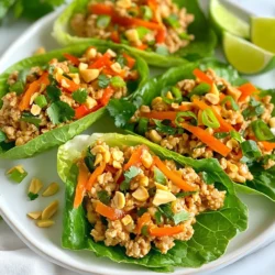 - 1 lb ground chicken - 1 tablespoon vegetable oil - 2 cloves garlic, minced - 1 tablespoon fresh ginger, grated - 1 red bell pepper, finely diced - 1 carrot, julienned - 3 green onions, sliced - 1/4 cup fresh cilantro, chopped - 1/4 cup crunchy peanut butter - 2 tablespoons soy sauce - 1 tablespoon lime juice - 1 tablespoon honey - Salt and pepper to taste - 1 head of iceberg lettuce (for wrapping) The ground chicken is the heart of this dish. It cooks up tender and absorbs all the flavors. Fresh vegetables add crunch and color. The red bell pepper and carrot bring sweetness. The green onions and cilantro offer fresh notes. The peanut sauce is where the magic happens. It combines peanut butter, soy sauce, lime juice, and honey. This mix gives a rich flavor that ties everything together. - Crushed peanuts - Lime wedges - Fresh cilantro Garnishes add the finishing touch. Crushed peanuts give a great crunch. Lime wedges add zing and brightness. Fresh cilantro enhances the flavor and looks nice on the plate. - Large skillet - Spatula - Measuring cups and spoons You need a large skillet for cooking. The spatula helps mix everything well. Measuring cups and spoons ensure you use the right amounts. This keeps your dish balanced and tasty. These ingredients and tools make the process smooth and fun. You’ll enjoy every bite of your Thai Peanut Chicken Lettuce Wraps! {{ingredient_image_1}} First, heat 1 tablespoon of vegetable oil in a large skillet over medium heat. Next, add 2 cloves of minced garlic and 1 tablespoon of grated fresh ginger. Cook these for about 1 minute until they smell great. Now, add 1 pound of ground chicken to the skillet. Break it apart with a spatula and cook until it's browned, about 5-7 minutes. Once the chicken is ready, toss in 1 finely diced red bell pepper and 1 julienned carrot. Cook these for 3-4 minutes until the veggies soften. In a small bowl, mix together 1/4 cup of crunchy peanut butter, 2 tablespoons of soy sauce, 1 tablespoon of lime juice, and 1 tablespoon of honey. Add salt and pepper to taste, then stir until smooth. Pour this sauce over the chicken mixture in the skillet. Stir it all together until the chicken and veggies are well coated. Remove the skillet from heat and add in 3 sliced green onions and 1/4 cup of chopped cilantro. Your filling is ready to scoop into the lettuce wraps! To make your Thai Peanut Chicken Lettuce Wraps shine, you can adjust spice levels. If you want more heat, add a splash of sriracha or chili flakes. Start small and taste as you go. This way, you can find the perfect balance for your palate. Enhancing the peanut flavor is key too. You can mix in a bit of sesame oil with the peanut butter. It adds depth and richness. You can also toast crushed peanuts before sprinkling them on top. This will give a nice crunch and extra flavor. Arranging the wraps attractively can elevate your meal. Use a large, vibrant platter to display the filled lettuce leaves. Garnish with lime wedges and extra cilantro for a pop of color. This not only looks good but also invites your guests to dig in. For side dishes, consider serving fresh spring rolls or a light cucumber salad. Both pair well with the wraps and add a refreshing element. You can also offer a simple rice dish on the side to round out the meal. Meal prepping ingredients can save you time. Chop your veggies and store them in the fridge for up to three days. Cooked chicken can also be prepped in advance. This way, you can whip up your wraps in no time. Using pre-cooked chicken is another great hack. You can find rotisserie chicken at most stores. Just shred it and mix it in with the other ingredients. This will cut down your cooking time even more and keep the dish delicious. Pro Tips Use Fresh Ingredients: Fresh vegetables and herbs enhance the flavor and texture of your wraps. Opt for vibrant produce for maximum taste. Customize Your Sauce: Adjust the sweetness or saltiness of the sauce to your preference by adding more honey or soy sauce as desired. Make Ahead: Prepare the chicken mixture in advance and store it in the fridge. Assemble the wraps just before serving to keep the lettuce crisp. Experiment with Toppings: Add additional toppings like shredded cabbage, sliced jalapeños, or a drizzle of sriracha for extra flavor and crunch. {{image_2}} You can use ground turkey instead of chicken for a lighter twist. It tastes great and keeps the dish healthy. If you want a vegetarian option, try tofu. Firm tofu works best. Just cube it and sauté until golden. Both options add a unique flavor while keeping the wraps fresh. Switch up the colors of your bell peppers. Yellow or green bell peppers can add a fun look and taste. You can also add other veggies like zucchini or mushrooms. These add extra crunch and nutrients. Feel free to mix and match to suit your taste. If you like a bit of heat, try spicy peanut sauce. You can find many recipes online. For a soy-free option, use coconut aminos. This gives a sweet and savory flavor without soy. Experiment with these options to find what you love best. To keep your Thai Peanut Chicken Lettuce Wraps fresh, store the filling separately from the lettuce. This prevents the leaves from getting soggy. Place the chicken mixture in an airtight container. It can last in the fridge for up to four days. When you're ready to eat, just spoon the filling into crisp lettuce leaves. If you want to save some for later, you can freeze the chicken mixture. First, let it cool completely. Then, pack it in a freezer-safe container or bag. It should last up to three months in the freezer. To thaw, move it to the fridge overnight. You can also thaw it in the microwave for quicker use. You have two great options for reheating. If you use the microwave, warm it in short bursts, stirring often. This helps it heat evenly. If you prefer a skillet, add a splash of water or oil to keep it moist. Heat it on low, stirring until it’s hot. This method keeps the flavors intact and makes it taste fresh. Yes, you can prepare the filling ahead of time. Cook the chicken and veggies, then store them in the fridge. Keep the lettuce separate until you're ready to serve. This way, the lettuce stays crisp and fresh. Iceberg lettuce is the best for wraps. Its leaves are strong and hold the filling well. Butter lettuce also works, giving a softer bite. Both types add a nice crunch to your meal. To add heat, use sliced fresh chili peppers. You can also mix in chili paste or sriracha into the peanut sauce. Adjust the amount to suit your taste. Start with a small amount and add more if needed. Yes, you can make these wraps gluten-free. Substitute regular soy sauce with tamari or coconut aminos. Both options provide a similar flavor without gluten. Always check labels to ensure all ingredients are safe. The wraps can stay fresh for about 2-3 days in the fridge. Store the filling in an airtight container. Keep the lettuce separate to prevent wilting. Reheat the filling before serving for the best taste. We explored how to make Thai Peanut Chicken Lettuce Wraps. You learned about the key ingredients, from ground chicken to fresh veggies and peanut sauce. We covered tips for flavor, serving ideas, and time-saving techniques. I shared variations for proteins and vegetables to keep your meal fresh. Finally, we discussed proper storage and reheating tips to enjoy leftovers. These wraps are fun and simple, and they can fit any taste. Get cooking, and enjoy a tasty meal!