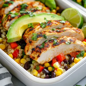 - 2 pounds chicken breast, diced - 1 cup quinoa, rinsed - 2 cups low-sodium chicken broth - 1 cup black beans, drained and rinsed - 1 red bell pepper, diced - 1 cup corn (fresh, frozen, or canned) - 1 avocado, sliced - 1 tablespoon olive oil - 2 teaspoons smoked paprika - 1 teaspoon cumin - 1 teaspoon garlic powder - Salt and pepper to taste - Fresh lime wedges, for serving - Chopped cilantro, for garnish (optional) High protein chicken meal prep starts with fresh, quality ingredients. You need chicken breast as your main protein source. I love using quinoa because it adds fiber and keeps you full. Low-sodium chicken broth helps the quinoa cook well and adds flavor. Black beans are great for protein and texture. Red bell pepper gives a sweet crunch, and corn adds sweetness too. Finally, avocado adds creaminess and healthy fats. For seasonings, I use olive oil to keep the chicken moist. Smoked paprika brings a rich flavor. Cumin adds warmth, and garlic powder gives depth. Don’t forget salt and pepper to enhance everything! To finish your meal, squeeze fresh lime juice on top. It brightens the dish. Chopped cilantro is a nice touch for flavor and color. This meal is not only tasty but also packed with nutrients. It’s perfect for anyone looking to eat healthy! {{ingredient_image_1}} To start, you need to mix the marinade. In a large bowl, combine the following: - 2 pounds diced chicken breast - 1 tablespoon olive oil - 2 teaspoons smoked paprika - 1 teaspoon cumin - 1 teaspoon garlic powder - Salt and pepper to taste Stir well to coat the chicken evenly. I recommend marinating for at least 15 minutes. This time helps the flavors soak in, making the chicken tasty and tender. Next, let’s cook the quinoa. In a medium saucepan, bring 2 cups of low-sodium chicken broth to a boil. Once boiling, add 1 cup of rinsed quinoa. Reduce the heat to low, cover it, and let it simmer for about 15 minutes. When the liquid is absorbed, take a fork and fluff the quinoa gently. This step makes it light and airy. Set it aside for later. Now, it’s time to cook the chicken and veggies. Heat a large skillet over medium-high heat. Add the marinated chicken to the skillet and cook for about 6-8 minutes. Stir occasionally to ensure even cooking. The chicken is done when it’s no longer pink inside. After that, add in 1 diced red bell pepper and 1 cup of corn. Cook for another 3-4 minutes until the peppers are tender. Finally, stir in 1 cup of drained black beans and the cooked quinoa. Heat everything together for about 2 minutes. Taste the mix and adjust the seasoning if needed. To make the chicken juicy and full of flavor, start by marinating it. Use olive oil, smoked paprika, cumin, garlic powder, salt, and pepper. Mix these well with the diced chicken. Let it marinate for at least 15 minutes. This step adds moisture and depth. Cooking the chicken on medium-high heat helps it stay tender. Avoid overcooking; it should be just cooked through. When you prepare meals, evenly portioning is key. Use a scale or measuring cups to divide the chicken, quinoa, and veggies. This ensures each meal has the same amount of protein and carbs. For storage, use BPA-free containers. Look for ones that seal tightly to keep food fresh. Clear containers are great for seeing what’s inside. You can customize the flavors to suit your taste. If you like heat, add some chili powder or cayenne. For more zest, mix in fresh herbs like cilantro or parsley. Adjust the salt and pepper to your preference. Always taste before serving. Don’t be afraid to experiment. Cooking should be fun and personal! Pro Tips Marinate for Flavor: Allow the chicken to marinate for at least 30 minutes for maximum flavor absorption. For even better results, marinate overnight in the fridge. Perfectly Cooked Quinoa: Rinse the quinoa before cooking to remove its natural coating, which can make it taste bitter. This step ensures a fluffier texture. Customizable Veggies: Feel free to swap out the red bell pepper and corn for other vegetables like zucchini or spinach, depending on your preferences and seasonal availability. Storage Tips: To keep your meal prep fresh, store the avocado separately until you're ready to eat to prevent browning. Use lemon or lime juice to keep it green longer. {{image_2}} You can change the protein in this meal. Try turkey instead of chicken for a different taste. If you want a plant-based option, use tempeh or tofu. Both work well and add protein. For grains, quinoa is great, but you can swap it for brown rice or farro. They give a nice texture and flavor too. You can even use couscous if you want a faster option. To kick up the heat, add jalapeños or red pepper flakes. They bring a nice spice to your dish. You can also add fresh chili if you like it even spicier. Different herbs can make your meal unique. Try fresh basil or cilantro for a fresh taste. You can use thyme or oregano for a more earthy flavor. Just chop them up and mix them in! Pair your high-protein meal with fresh salads. A simple green salad with lettuce and tomatoes is perfect. You can also add avocado for creaminess. For sides, consider roasted veggies like zucchini or carrots. They add color and nutrients. You can also serve it with a side of corn salsa for extra flavor. Complement your meal with sauces too. A tangy yogurt sauce or a spicy salsa can add zest. Experiment with different dips to find your favorite! To keep your meal prep fresh, store it in airtight containers. Divide your chicken, quinoa, and veggies into single servings. This way, you grab only what you need. Place a slice of avocado on top just before eating. Avocado turns brown quickly. For best taste, eat meals within four days. To freeze meals, let them cool completely first. Then, use freezer-safe containers or bags. Remove as much air as you can to avoid freezer burn. You can freeze meals for up to three months. When ready to eat, thaw in the fridge overnight. Reheat in the microwave until hot. In the refrigerator, your meal prep lasts about four days. When stored in the freezer, it can last up to three months. Be sure to label your containers with the date. This helps you track how long they’ve been stored. Enjoy your meals while they are at their best! High protein chicken meal prep means making meals with chicken that are rich in protein. This type of meal prep helps you eat healthy. Chicken breast is low in fat and high in protein, making it great for muscle growth. Adding quinoa and beans boosts protein even more. Meal prep saves time and keeps you on track with your diet. To keep chicken tender, you need to marinate it. Use olive oil, smoked paprika, cumin, and garlic powder. Marinate the chicken for at least 15 minutes. Cooking on medium-high heat for just 6-8 minutes helps too. Avoid cooking too long; dry chicken is tough. Let it rest for a few minutes before serving. Yes, you can prep these meals in advance. You can cook all the ingredients ahead of time. Store the chicken and quinoa mix in meal prep containers. It’s best to keep them in the fridge for up to four days. If you want to keep them longer, freeze the meals. You can reheat them when you’re ready to eat. In this post, we explored tasty high-protein chicken meal prep. You learned about key ingredients like quinoa, black beans, and avocado. We discussed cooking tips for juicy chicken and fluffy quinoa. You can customize flavors based on your tastes or swap ingredients for variety. Remember to store meals properly for freshness. Meal prep saves time and keeps you healthy. Use these steps to make meals easy and fun. Enjoy your cooking adventures!