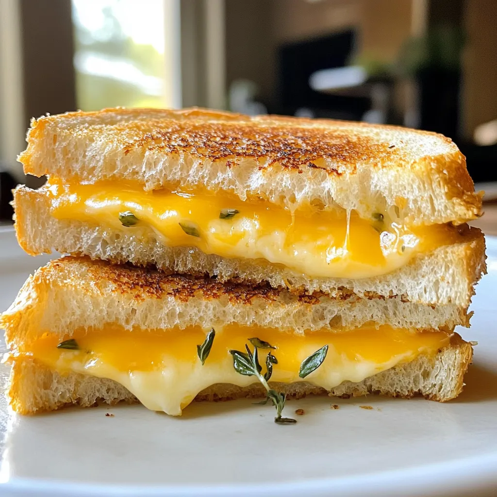 To make a great grilled cheese, you need simple, fresh ingredients. Here’s what you’ll need: - 4 slices of sourdough bread - 2 tablespoons unsalted butter, softened - 1 cup sharp cheddar cheese, shredded - 1/2 cup Gruyère cheese, shredded - 1 tablespoon fresh basil, chopped (optional) - 1/4 teaspoon garlic powder - Salt and pepper to taste These ingredients create a tasty and hearty sandwich that is sure to please. Choosing the right cheese is key to a great grilled cheese. I love using sharp cheddar for its bold taste. Gruyère adds a rich, creamy texture that melts beautifully. You can mix and match cheeses too. Try mozzarella for extra stretch, or pepper jack for some heat. The right blend makes each bite exciting. You can easily add more flavor to your grilled cheese. Fresh basil gives a nice herbal touch. Garlic powder adds depth and savory notes. Feel free to sprinkle in some black pepper for a little kick. Other ideas include: - Fresh herbs like thyme or rosemary - A dash of hot sauce - Sliced tomatoes for freshness These simple additions can transform your sandwich into a gourmet delight. {{ingredient_image_1}} Start by mixing the butter with garlic powder. Use a small bowl for this. Add a pinch of salt and pepper. This mix is your garlic herb butter. Make sure it is smooth and well combined. This butter adds great flavor to your sandwich. Take your sourdough bread slices. Spread the garlic herb butter on one side of each slice. Make it even, so every bite has flavor. On the unbuttered side of two slices, layer the sharp cheddar and Gruyère cheese. If you want, sprinkle some fresh basil for extra taste. Top with the other slices, buttered side facing out. Heat a skillet over medium heat. Place your sandwiches in the skillet. Grill each side for about 3-4 minutes. Press down slightly with a spatula. This helps create a nice, crispy crust. You want the sandwiches golden brown and the cheese melted. Once done, let them rest for a minute before cutting. This helps keep the cheese inside. Use a sturdy bread like sourdough. It holds up well when grilled. Choose bread that has a nice crust. This adds texture and flavor. Avoid soft white bread; it can get soggy. Look for bread with a good chew. A thick slice helps keep the filling inside. Don’t rush the cooking. Medium heat is key for even cooking. If you cook too fast, the bread may burn. The cheese won’t melt properly either. Make sure to butter the bread evenly. This helps achieve a golden crust. Also, don’t overload with cheese. Too much can spill out and create a mess. Layer your cheese wisely. Mix sharp cheddar and Gruyère for great taste. Shred cheese instead of using slices. Shredded cheese melts faster and more evenly. Press down slightly on the sandwich while cooking. This helps the cheese melt throughout. For extra creaminess, cover the pan with a lid briefly. Pro Tips Use Fresh Ingredients: Opt for fresh herbs like basil to elevate the flavor of your grilled cheese. Experiment with Cheeses: Try different cheese combinations such as Fontina or Havarti for unique flavor profiles. Control the Heat: Keep the skillet at medium heat to prevent burning while ensuring the cheese melts perfectly. Press for Texture: Use a spatula to press down on the sandwiches while grilling for a crispy crust. {{image_2}} Grilled cheese is not just about one type of cheese. You can mix and match to find your favorite taste. Try using: - Brie for a creamy texture. - Blue cheese for a bold flavor. - Pepper jack for some heat. Combining cheeses enhances taste. For example, blend sharp cheddar with Gruyère. This mix gives a nice sharpness and a nutty flavor. Always remember, the cheese should melt well. While a skillet is great, other methods work too. You can use a panini press. This device gives even heat and a nice crunch. Just place your sandwich inside and close the lid. You can also bake your sandwich in the oven. Preheat the oven to 375°F. Place the sandwiches on a baking sheet. Bake for about 10 minutes, flipping halfway. This technique makes the bread crispy without much effort. Add-ons can make your grilled cheese special. Here are some fun ideas: - Slices of ripe tomato add juiciness. - Avocado gives creaminess and healthy fats. - Cooked bacon adds a smoky crunch. Feel free to experiment with your favorite flavors. Just remember not to overload the sandwich. This way, it stays easy to grill and enjoy. If you have leftover grilled cheese, let it cool first. Wrap each sandwich in foil or plastic wrap. Store them in the fridge for up to three days. This keeps the bread soft and the cheese fresh. You can also place them in an airtight container for better results. To reheat, you can use a skillet for the best taste. Heat the skillet over low to medium heat. Place the grilled cheese in the skillet without any cover. Cook for about three minutes on each side. This warms the sandwich and keeps it crispy. You can also use a microwave, but the bread may become soggy. If you choose the microwave, place a paper towel under the sandwich. This helps absorb extra moisture. Freezing grilled cheese is a great option for quick meals. First, let the sandwiches cool completely. Wrap each one tightly in plastic wrap. Then, place them in a freezer bag. They can last for up to three months in the freezer. When you are ready to eat, thaw them in the fridge overnight. Reheat as mentioned above for the best taste. For a perfect grilled cheese, I love sourdough bread. It has a nice crust and soft inside. You can also try whole grain or white bread. The key is to pick bread that toasts well and holds cheese. Yes, you can use non-dairy cheese. Look for brands that melt well. Many options taste great, too. Just check the labels for flavor and texture. This way, everyone can enjoy a grilled cheese! To get a crispy crust, use enough butter. Spread it evenly on the bread. You can also press down the sandwich in the skillet. Flip it gently to avoid spilling cheese. Cooking on medium heat helps, too. It lets the bread toast without burning. You learned how to make the perfect grilled cheese. We covered the best ingredients, cheese types, and flavor boosters. I shared steps for making garlic herb butter and cooking a crispy sandwich. Tips helped you pick bread and avoid common mistakes. You now know fun variations, storage, and reheating tricks. With these ideas, you can create a delicious grilled cheese every time. Enjoy your tasty creations!
