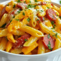 - 12 oz penne pasta - 12 oz kielbasa sausage, sliced - 1 medium onion, diced - 2 cloves garlic, minced - 1 bell pepper, diced (any color) - 1 can (14 oz) diced tomatoes, undrained - 3 cups vegetable broth These main ingredients create a hearty base for your one pot meal. The penne pasta cooks well and holds sauces nicely. The kielbasa adds a rich, savory flavor. Fresh vegetables like onion, garlic, and bell pepper give great texture and taste. Canned tomatoes and broth keep the dish moist and flavorful. - 1 teaspoon smoked paprika - 1 teaspoon dried oregano - 1/2 teaspoon red pepper flakes (adjust to taste) - Salt and pepper to taste Spices make this dish pop. Smoked paprika brings warmth, while oregano adds an earthy touch. Red pepper flakes give it a kick. Salt and pepper enhance all the flavors. You can adjust the heat by adding more or less red pepper flakes. - 1 cup shredded cheese (cheddar or mozzarella) - Fresh parsley, chopped (for garnish) Garnishes make every dish feel special. Sprinkle shredded cheese on top for creaminess. Fresh parsley adds color and freshness. These optional touches elevate your meal and make it even more inviting. {{ingredient_image_1}} How to slice kielbasa sausage Start by placing the kielbasa on a clean cutting board. Use a sharp knife to slice it into thin rounds, about ¼ inch thick. This will help the sausage cook evenly and give great flavor to your dish. How to dice onion, garlic, and bell pepper For the onion, cut off the ends and peel the skin. Slice it in half, then cut it into small pieces. For garlic, take two cloves, remove the skins, and mince them finely. For the bell pepper, cut off the top and bottom, remove the seeds, and chop it into small cubes. This mix adds a rich flavor and color to your pasta. Sautéing the kielbasa and vegetables In a large pot, heat a drizzle of olive oil over medium heat. Add the sliced kielbasa and cook for about five minutes. Stir until the sausage is brown and crisp. Next, add the diced onion and minced garlic. Cook for two to three minutes until the onion is soft. Then, add the chopped bell pepper and cook for another two minutes until just tender. Adding pasta and liquid Now, it’s time to add more flavor! Stir in the canned tomatoes with their juices, vegetable broth, smoked paprika, oregano, and red pepper flakes. Mix everything well. Bring this mixture to a boil. Once boiling, add the penne pasta, stir it in, cover the pot, and reduce the heat to a simmer. Cook for about 12 to 15 minutes, stirring occasionally. The pasta should be al dente, and most of the liquid should be absorbed. Melting cheese into the dish After the pasta is cooked, remove the pot from heat. Stir in one cup of shredded cheese. This makes the dish creamy and delicious. Make sure the cheese is fully melted and mixed in. Letting flavors meld Let the dish sit for a few minutes. This helps the flavors blend together, making every bite tasty. You can serve it right away or garnish with chopped parsley for a nice touch. Enjoy your meal! To make sure your pasta is just right, aim for al dente. This means it should be firm but cooked through. The trick? Start checking the pasta a minute or two before the package says. Taste a piece; if it’s slightly firm in the center, it’s perfect! Next, adjust the seasoning to your taste. Start with what the recipe says, but feel free to add more salt or pepper if you want more flavor. Tasting as you go helps you find that perfect balance. Cleaning your pot after cooking can be quick and easy. First, soak the pot with warm soapy water for a few minutes. This helps to loosen any stuck bits. Then, use a soft sponge to scrub it clean. Avoid steel wool, as it can scratch the surface. To minimize cleanup time, gather all your ingredients before cooking. This way, you won’t have to clean up messes while you cook. Also, using one pot means less to wash later! You can easily boost the flavor of your One Pot Kielbasa Pasta. Try adding extra spices like Italian seasoning or fresh herbs like basil. A splash of lemon juice can brighten the dish too. Using leftover vegetables is a smart way to add more nutrition. If you have some spinach or zucchini, toss them in during the last few minutes of cooking. This not only uses up what you have, but it also adds great flavor and color to your meal. Pro Tips Cook Pasta Al Dente: Keep an eye on your pasta while it cooks. You want it to be firm to the bite for the best texture and flavor absorption. Customize Your Veggies: Feel free to swap or add vegetables like zucchini, spinach, or mushrooms based on your preference or what you have on hand. Cheese Options: Experiment with different types of cheese, such as pepper jack or gouda, for a unique flavor twist in your dish. Leftover Magic: This dish makes excellent leftovers! Store in an airtight container in the fridge for up to 3 days and reheat for a quick meal. {{image_2}} You can swap out pasta types based on what you have. Try using bowtie or fusilli pasta for fun shapes. If you want to change the sausage, use chicken or turkey kielbasa instead. For a plant-based option, look for vegetarian sausage. These swaps keep the dish tasty and exciting. If you need gluten-free options, use gluten-free penne pasta. Many brands offer great choices. For those who avoid dairy, use dairy-free cheese. Brands like Daiya or Violife melt well and taste good. These options help everyone enjoy this meal. To add richness, pour in a splash of cream. This makes the sauce smooth and creamy. You can also add fresh herbs like basil or thyme. These herbs brighten the dish and add depth. Experimenting with flavors can make your pasta unique and delicious. To store leftovers, let the pasta cool first. Then, place it in an airtight container. This helps keep it fresh. I suggest using glass or BPA-free plastic containers. They seal well and are easy to stack in your fridge. For safe reheating, you can use the microwave or stovetop. If using a microwave, heat on medium power for 1-2 minutes. Stir halfway through for even heat. On the stovetop, warm it over low heat, stirring often. Add a splash of broth if it gets too thick. One Pot Kielbasa Pasta lasts about 3-4 days in the fridge. Make sure to store it properly. If you want to freeze it, place portions in freezer-safe bags. It can last up to 3 months in the freezer. Just remember to label the bags with the date. One Pot Kielbasa Pasta is a simple, hearty dish. It mixes pasta with kielbasa sausage, fresh veggies, and spices. You cook everything in one pot, saving time and cleanup. The main ingredients are: - 12 oz penne pasta - 12 oz kielbasa sausage, sliced - 1 medium onion, diced - 2 cloves garlic, minced - 1 bell pepper, diced - 1 can (14 oz) diced tomatoes, undrained - 3 cups vegetable broth - Spices: smoked paprika, oregano, red pepper flakes, salt, and pepper - 1 cup shredded cheese (cheddar or mozzarella) - Fresh parsley for garnish This dish is not only easy but also full of flavor. The smoky kielbasa pairs well with the sweet bell pepper and tangy tomatoes. Yes, you can make this dish ahead of time. Just cook it as usual and let it cool. Store it in an airtight container. When you are ready to eat, heat it on the stove or microwave. For meal prep, you can chop your veggies and slice the kielbasa in advance. Keep them in the fridge. This saves time on busy nights. This pasta dish pairs well with many sides. Here are some ideas: - A simple green salad with vinaigrette - Garlic bread or breadsticks for dipping - Steamed broccoli or green beans for a healthy touch These sides enhance the meal and add variety. Enjoy your delicious One Pot Kielbasa Pasta with these tasty additions! This blog post covered a simple and tasty one-pot kielbasa pasta meal. We talked about key ingredients, spices, and easy step-by-step cooking instructions. I shared tips for perfect pasta, cleaning, and variations based on your taste. Plus, I explained how to store leftovers properly. Now, you can make this dish your own and enjoy every bite. Cooking should be fun, and this recipe offers a great way to learn. Get creative and let your kitchen shine!