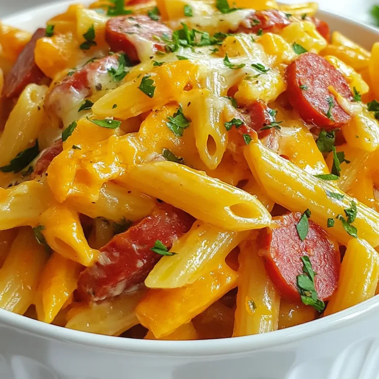 - 12 oz penne pasta - 12 oz kielbasa sausage, sliced - 1 medium onion, diced - 2 cloves garlic, minced - 1 bell pepper, diced (any color) - 1 can (14 oz) diced tomatoes, undrained - 3 cups vegetable broth These main ingredients create a hearty base for your one pot meal. The penne pasta cooks well and holds sauces nicely. The kielbasa adds a rich, savory flavor. Fresh vegetables like onion, garlic, and bell pepper give great texture and taste. Canned tomatoes and broth keep the dish moist and flavorful. - 1 teaspoon smoked paprika - 1 teaspoon dried oregano - 1/2 teaspoon red pepper flakes (adjust to taste) - Salt and pepper to taste Spices make this dish pop. Smoked paprika brings warmth, while oregano adds an earthy touch. Red pepper flakes give it a kick. Salt and pepper enhance all the flavors. You can adjust the heat by adding more or less red pepper flakes. - 1 cup shredded cheese (cheddar or mozzarella) - Fresh parsley, chopped (for garnish) Garnishes make every dish feel special. Sprinkle shredded cheese on top for creaminess. Fresh parsley adds color and freshness. These optional touches elevate your meal and make it even more inviting. {{ingredient_image_1}} How to slice kielbasa sausage Start by placing the kielbasa on a clean cutting board. Use a sharp knife to slice it into thin rounds, about ¼ inch thick. This will help the sausage cook evenly and give great flavor to your dish. How to dice onion, garlic, and bell pepper For the onion, cut off the ends and peel the skin. Slice it in half, then cut it into small pieces. For garlic, take two cloves, remove the skins, and mince them finely. For the bell pepper, cut off the top and bottom, remove the seeds, and chop it into small cubes. This mix adds a rich flavor and color to your pasta. Sautéing the kielbasa and vegetables In a large pot, heat a drizzle of olive oil over medium heat. Add the sliced kielbasa and cook for about five minutes. Stir until the sausage is brown and crisp. Next, add the diced onion and minced garlic. Cook for two to three minutes until the onion is soft. Then, add the chopped bell pepper and cook for another two minutes until just tender. Adding pasta and liquid Now, it’s time to add more flavor! Stir in the canned tomatoes with their juices, vegetable broth, smoked paprika, oregano, and red pepper flakes. Mix everything well. Bring this mixture to a boil. Once boiling, add the penne pasta, stir it in, cover the pot, and reduce the heat to a simmer. Cook for about 12 to 15 minutes, stirring occasionally. The pasta should be al dente, and most of the liquid should be absorbed. Melting cheese into the dish After the pasta is cooked, remove the pot from heat. Stir in one cup of shredded cheese. This makes the dish creamy and delicious. Make sure the cheese is fully melted and mixed in. Letting flavors meld Let the dish sit for a few minutes. This helps the flavors blend together, making every bite tasty. You can serve it right away or garnish with chopped parsley for a nice touch. Enjoy your meal! To make sure your pasta is just right, aim for al dente. This means it should be firm but cooked through. The trick? Start checking the pasta a minute or two before the package says. Taste a piece; if it’s slightly firm in the center, it’s perfect! Next, adjust the seasoning to your taste. Start with what the recipe says, but feel free to add more salt or pepper if you want more flavor. Tasting as you go helps you find that perfect balance. Cleaning your pot after cooking can be quick and easy. First, soak the pot with warm soapy water for a few minutes. This helps to loosen any stuck bits. Then, use a soft sponge to scrub it clean. Avoid steel wool, as it can scratch the surface. To minimize cleanup time, gather all your ingredients before cooking. This way, you won’t have to clean up messes while you cook. Also, using one pot means less to wash later! You can easily boost the flavor of your One Pot Kielbasa Pasta. Try adding extra spices like Italian seasoning or fresh herbs like basil. A splash of lemon juice can brighten the dish too. Using leftover vegetables is a smart way to add more nutrition. If you have some spinach or zucchini, toss them in during the last few minutes of cooking. This not only uses up what you have, but it also adds great flavor and color to your meal. Pro Tips Cook Pasta Al Dente: Keep an eye on your pasta while it cooks. You want it to be firm to the bite for the best texture and flavor absorption. Customize Your Veggies: Feel free to swap or add vegetables like zucchini, spinach, or mushrooms based on your preference or what you have on hand. Cheese Options: Experiment with different types of cheese, such as pepper jack or gouda, for a unique flavor twist in your dish. Leftover Magic: This dish makes excellent leftovers! Store in an airtight container in the fridge for up to 3 days and reheat for a quick meal. {{image_2}} You can swap out pasta types based on what you have. Try using bowtie or fusilli pasta for fun shapes. If you want to change the sausage, use chicken or turkey kielbasa instead. For a plant-based option, look for vegetarian sausage. These swaps keep the dish tasty and exciting. If you need gluten-free options, use gluten-free penne pasta. Many brands offer great choices. For those who avoid dairy, use dairy-free cheese. Brands like Daiya or Violife melt well and taste good. These options help everyone enjoy this meal. To add richness, pour in a splash of cream. This makes the sauce smooth and creamy. You can also add fresh herbs like basil or thyme. These herbs brighten the dish and add depth. Experimenting with flavors can make your pasta unique and delicious. To store leftovers, let the pasta cool first. Then, place it in an airtight container. This helps keep it fresh. I suggest using glass or BPA-free plastic containers. They seal well and are easy to stack in your fridge. For safe reheating, you can use the microwave or stovetop. If using a microwave, heat on medium power for 1-2 minutes. Stir halfway through for even heat. On the stovetop, warm it over low heat, stirring often. Add a splash of broth if it gets too thick. One Pot Kielbasa Pasta lasts about 3-4 days in the fridge. Make sure to store it properly. If you want to freeze it, place portions in freezer-safe bags. It can last up to 3 months in the freezer. Just remember to label the bags with the date. One Pot Kielbasa Pasta is a simple, hearty dish. It mixes pasta with kielbasa sausage, fresh veggies, and spices. You cook everything in one pot, saving time and cleanup. The main ingredients are: - 12 oz penne pasta - 12 oz kielbasa sausage, sliced - 1 medium onion, diced - 2 cloves garlic, minced - 1 bell pepper, diced - 1 can (14 oz) diced tomatoes, undrained - 3 cups vegetable broth - Spices: smoked paprika, oregano, red pepper flakes, salt, and pepper - 1 cup shredded cheese (cheddar or mozzarella) - Fresh parsley for garnish This dish is not only easy but also full of flavor. The smoky kielbasa pairs well with the sweet bell pepper and tangy tomatoes. Yes, you can make this dish ahead of time. Just cook it as usual and let it cool. Store it in an airtight container. When you are ready to eat, heat it on the stove or microwave. For meal prep, you can chop your veggies and slice the kielbasa in advance. Keep them in the fridge. This saves time on busy nights. This pasta dish pairs well with many sides. Here are some ideas: - A simple green salad with vinaigrette - Garlic bread or breadsticks for dipping - Steamed broccoli or green beans for a healthy touch These sides enhance the meal and add variety. Enjoy your delicious One Pot Kielbasa Pasta with these tasty additions! This blog post covered a simple and tasty one-pot kielbasa pasta meal. We talked about key ingredients, spices, and easy step-by-step cooking instructions. I shared tips for perfect pasta, cleaning, and variations based on your taste. Plus, I explained how to store leftovers properly. Now, you can make this dish your own and enjoy every bite. Cooking should be fun, and this recipe offers a great way to learn. Get creative and let your kitchen shine!