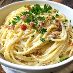 To make a great Carbonara, you need simple and fresh ingredients. Here’s what you will need: - 200g spaghetti - 100g pancetta or guanciale, diced - 2 large eggs - 50g Parmesan cheese, grated - 1 clove garlic, minced - Salt and freshly ground black pepper - Fresh parsley, chopped (for garnish) These ingredients come together to create that creamy, rich sauce. The pancetta or guanciale gives it a nice salty flavor. The eggs and cheese mix to form the creamy base. If you can’t find pancetta or guanciale, you can use bacon instead. It works well and gives a nice taste. For a vegetarian version, try using mushrooms for a meaty texture. You can also swap Parmesan for Pecorino Romano, which adds a sharper flavor. While spaghetti is classic for Carbonara, you can use other pasta types too. Fettuccine, linguine, or bucatini are great options. Each type has its charm and can hold the sauce well. The key is to choose a pasta that you love. Enjoying your meal is what matters most! {{ingredient_image_1}} Start by bringing a large pot of salted water to a boil. Use about 1 tablespoon of salt for each liter of water. This helps flavor the pasta. Add 200g of spaghetti to the boiling water. Cook it according to the package instructions until it is al dente. Al dente means the pasta is firm but not hard. While the pasta cooks, reserve about 1 cup of the pasta water. This water is starchy and will help make your sauce creamy. After cooking, drain the pasta in a colander. Don't rinse it! Rinsing washes away the good starch that helps sauce stick. Next, take a large skillet and place it on medium heat. Add 100g of diced pancetta or guanciale. Cook it for about 5 to 7 minutes. You want it crispy and golden brown. The fat will render out, adding flavor to your dish. In the last minute of cooking, add 1 clove of minced garlic. Stir it well and cook just until it smells good. This prevents the garlic from burning, which can make it taste bitter. Once done, remove the pan from the heat. While your pancetta cooks, you can prepare the sauce. In a bowl, whisk together 2 large eggs, 50g of grated Parmesan cheese, a pinch of salt, and some freshly ground black pepper. Whisk until it is smooth and creamy. This egg mixture will form the base of your sauce. After adding the hot pasta to the skillet with the pancetta, quickly pour the egg mixture over it. Toss it all together. The heat from the pasta cooks the eggs, creating a rich, creamy sauce. If it seems too thick, add some reserved pasta water, one tablespoon at a time. This will help reach the right consistency. Enjoy your creamy, dreamy Carbonara! To get that creamy sauce, use hot pasta. The heat helps cook the eggs. Whisk the eggs and cheese until smooth. This mix should be ready before adding it to the pasta. Toss the pasta quickly to coat it. If it seems too thick, add some reserved pasta water. This helps create a silky texture. Aim for a sauce that clings to the pasta, not one that pools at the bottom. One mistake is overcooking the eggs. This makes a scrambled texture instead of creamy. Always remove the pan from heat before adding the egg mix. Another common error is not saving enough pasta water. You need this to adjust the sauce later. Also, avoid using too much heat when mixing. Too much heat can cook the eggs too fast. Lastly, don’t skip the cheese. It adds flavor and creaminess. Serve Carbonara in warm bowls. This keeps it nice and cozy. Top with extra Parmesan cheese and freshly cracked pepper. A sprinkle of chopped parsley adds a pop of color. Pair it with a crisp green salad for balance. You can also serve it with garlic bread for a tasty side. Enjoy the dish with a glass of white wine for a classic touch. Pro Tips Use Fresh Ingredients: Always opt for fresh pancetta or guanciale and high-quality Parmesan cheese for the best flavor. Temperature Control: Make sure to remove the skillet from heat before adding the egg mixture to prevent scrambling. Save Pasta Water: The starchy pasta water is key to achieving the perfect creamy consistency in your sauce. Garnish Generously: Don’t skimp on the parsley and extra cheese for a beautiful presentation and added flavor. {{image_2}} You can make a tasty vegetarian carbonara. Use mushrooms instead of pancetta. Mushrooms add a nice umami flavor. You can also use smoked tofu. It gives a great texture and taste. Use the same cooking steps. Just skip the meat and add your veggies. You can switch up the meats in carbonara. Try using bacon for a smoky flavor. Chicken or turkey can also work well. If you want something different, use shrimp. Cook it the same way as pancetta. Each protein gives a unique twist to the dish. Add some flavors to your carbonara for a kick. Red pepper flakes add heat. Fresh herbs like basil or thyme can brighten the dish. You can also add a splash of lemon juice. This brings in a fresh, zesty taste. Finally, consider some sun-dried tomatoes for a sweet hint. To store leftover Carbonara, place it in an airtight container. Make sure it cools down first. You can keep it in the fridge for up to three days. Label the container with the date. This way, you know when it was made. When reheating Carbonara, add a splash of water or broth. This helps bring back the creaminess. Heat it gently on the stove over low heat. Stir often to avoid burning. You can also use the microwave. Heat it in short bursts, stirring in between. Freezing Carbonara is not the best choice. The sauce can separate when thawed. If you want to freeze it, keep the sauce and pasta apart. Store them in separate containers. Use within two months for the best taste. When ready to eat, thaw in the fridge overnight. Then reheat as described above. The best cheese for Carbonara is Parmesan. It adds a rich flavor. Pecorino Romano is another good choice. It gives a sharper taste. You can mix both cheeses for a nice balance. Freshly grated cheese works best. Avoid pre-grated cheese as it may not melt well. Traditionally, Carbonara does not use cream. The creaminess comes from eggs and cheese. Adding cream can change the flavor and texture. If you like a richer dish, you can try it. Just know it won't be classic Carbonara. To make Carbonara without eggs, use a substitute like silken tofu or cashew cream. Blend these until smooth. You can add nutritional yeast for a cheesy flavor. This gives a creamy texture without eggs. It won't taste the same, but it can be tasty! Carbonara is a simple and tasty dish that anyone can make. We covered the key ingredients, like classic pancetta and egg, and discussed how to swap them. You learned how to cook pasta just right and create that creamy sauce. I shared tips to avoid common mistakes and ideas for serving. You can even explore veggie options or different proteins. Lastly, I covered storing, reheating, and freezing tips. With these insights, you are ready to make your own Carbonara and impress your friends and family!