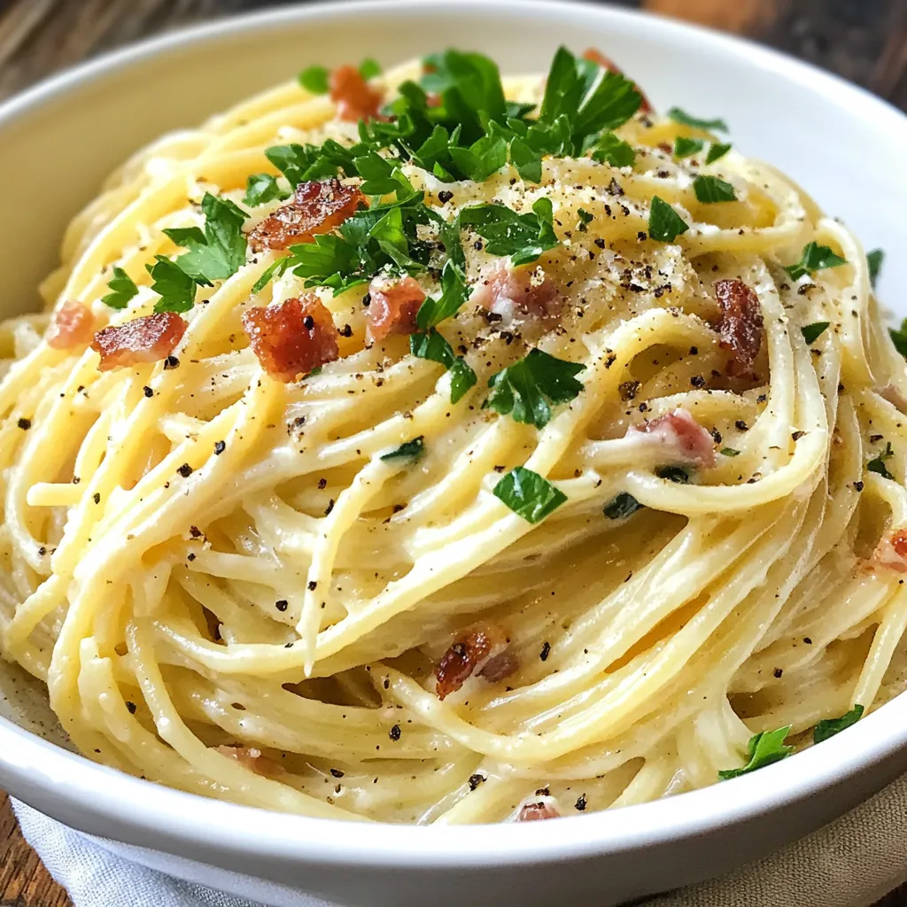 To make a great Carbonara, you need simple and fresh ingredients. Here’s what you will need: - 200g spaghetti - 100g pancetta or guanciale, diced - 2 large eggs - 50g Parmesan cheese, grated - 1 clove garlic, minced - Salt and freshly ground black pepper - Fresh parsley, chopped (for garnish) These ingredients come together to create that creamy, rich sauce. The pancetta or guanciale gives it a nice salty flavor. The eggs and cheese mix to form the creamy base. If you can’t find pancetta or guanciale, you can use bacon instead. It works well and gives a nice taste. For a vegetarian version, try using mushrooms for a meaty texture. You can also swap Parmesan for Pecorino Romano, which adds a sharper flavor. While spaghetti is classic for Carbonara, you can use other pasta types too. Fettuccine, linguine, or bucatini are great options. Each type has its charm and can hold the sauce well. The key is to choose a pasta that you love. Enjoying your meal is what matters most! {{ingredient_image_1}} Start by bringing a large pot of salted water to a boil. Use about 1 tablespoon of salt for each liter of water. This helps flavor the pasta. Add 200g of spaghetti to the boiling water. Cook it according to the package instructions until it is al dente. Al dente means the pasta is firm but not hard. While the pasta cooks, reserve about 1 cup of the pasta water. This water is starchy and will help make your sauce creamy. After cooking, drain the pasta in a colander. Don't rinse it! Rinsing washes away the good starch that helps sauce stick. Next, take a large skillet and place it on medium heat. Add 100g of diced pancetta or guanciale. Cook it for about 5 to 7 minutes. You want it crispy and golden brown. The fat will render out, adding flavor to your dish. In the last minute of cooking, add 1 clove of minced garlic. Stir it well and cook just until it smells good. This prevents the garlic from burning, which can make it taste bitter. Once done, remove the pan from the heat. While your pancetta cooks, you can prepare the sauce. In a bowl, whisk together 2 large eggs, 50g of grated Parmesan cheese, a pinch of salt, and some freshly ground black pepper. Whisk until it is smooth and creamy. This egg mixture will form the base of your sauce. After adding the hot pasta to the skillet with the pancetta, quickly pour the egg mixture over it. Toss it all together. The heat from the pasta cooks the eggs, creating a rich, creamy sauce. If it seems too thick, add some reserved pasta water, one tablespoon at a time. This will help reach the right consistency. Enjoy your creamy, dreamy Carbonara! To get that creamy sauce, use hot pasta. The heat helps cook the eggs. Whisk the eggs and cheese until smooth. This mix should be ready before adding it to the pasta. Toss the pasta quickly to coat it. If it seems too thick, add some reserved pasta water. This helps create a silky texture. Aim for a sauce that clings to the pasta, not one that pools at the bottom. One mistake is overcooking the eggs. This makes a scrambled texture instead of creamy. Always remove the pan from heat before adding the egg mix. Another common error is not saving enough pasta water. You need this to adjust the sauce later. Also, avoid using too much heat when mixing. Too much heat can cook the eggs too fast. Lastly, don’t skip the cheese. It adds flavor and creaminess. Serve Carbonara in warm bowls. This keeps it nice and cozy. Top with extra Parmesan cheese and freshly cracked pepper. A sprinkle of chopped parsley adds a pop of color. Pair it with a crisp green salad for balance. You can also serve it with garlic bread for a tasty side. Enjoy the dish with a glass of white wine for a classic touch. Pro Tips Use Fresh Ingredients: Always opt for fresh pancetta or guanciale and high-quality Parmesan cheese for the best flavor. Temperature Control: Make sure to remove the skillet from heat before adding the egg mixture to prevent scrambling. Save Pasta Water: The starchy pasta water is key to achieving the perfect creamy consistency in your sauce. Garnish Generously: Don’t skimp on the parsley and extra cheese for a beautiful presentation and added flavor. {{image_2}} You can make a tasty vegetarian carbonara. Use mushrooms instead of pancetta. Mushrooms add a nice umami flavor. You can also use smoked tofu. It gives a great texture and taste. Use the same cooking steps. Just skip the meat and add your veggies. You can switch up the meats in carbonara. Try using bacon for a smoky flavor. Chicken or turkey can also work well. If you want something different, use shrimp. Cook it the same way as pancetta. Each protein gives a unique twist to the dish. Add some flavors to your carbonara for a kick. Red pepper flakes add heat. Fresh herbs like basil or thyme can brighten the dish. You can also add a splash of lemon juice. This brings in a fresh, zesty taste. Finally, consider some sun-dried tomatoes for a sweet hint. To store leftover Carbonara, place it in an airtight container. Make sure it cools down first. You can keep it in the fridge for up to three days. Label the container with the date. This way, you know when it was made. When reheating Carbonara, add a splash of water or broth. This helps bring back the creaminess. Heat it gently on the stove over low heat. Stir often to avoid burning. You can also use the microwave. Heat it in short bursts, stirring in between. Freezing Carbonara is not the best choice. The sauce can separate when thawed. If you want to freeze it, keep the sauce and pasta apart. Store them in separate containers. Use within two months for the best taste. When ready to eat, thaw in the fridge overnight. Then reheat as described above. The best cheese for Carbonara is Parmesan. It adds a rich flavor. Pecorino Romano is another good choice. It gives a sharper taste. You can mix both cheeses for a nice balance. Freshly grated cheese works best. Avoid pre-grated cheese as it may not melt well. Traditionally, Carbonara does not use cream. The creaminess comes from eggs and cheese. Adding cream can change the flavor and texture. If you like a richer dish, you can try it. Just know it won't be classic Carbonara. To make Carbonara without eggs, use a substitute like silken tofu or cashew cream. Blend these until smooth. You can add nutritional yeast for a cheesy flavor. This gives a creamy texture without eggs. It won't taste the same, but it can be tasty! Carbonara is a simple and tasty dish that anyone can make. We covered the key ingredients, like classic pancetta and egg, and discussed how to swap them. You learned how to cook pasta just right and create that creamy sauce. I shared tips to avoid common mistakes and ideas for serving. You can even explore veggie options or different proteins. Lastly, I covered storing, reheating, and freezing tips. With these insights, you are ready to make your own Carbonara and impress your friends and family!