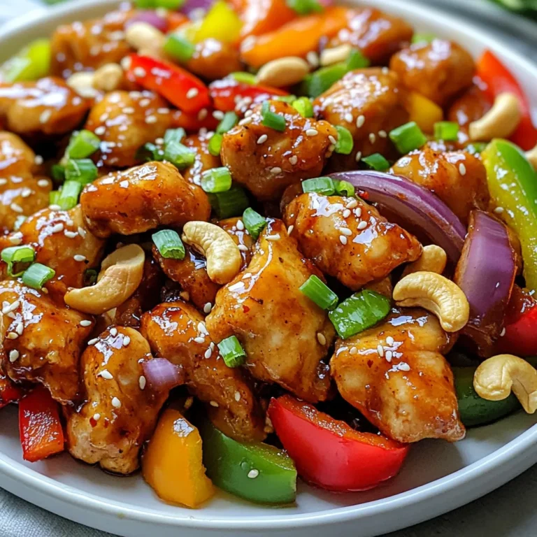 - 1 lb chicken breast, cut into bite-sized pieces - 1 cup unsalted cashews - 2 bell peppers (red and green), sliced - 1 medium red onion, sliced - 3 cloves garlic, minced - 1 tablespoon ginger, grated - 1/4 cup soy sauce (or tamari for gluten-free) - 2 tablespoons honey or maple syrup - 1 tablespoon vegetable oil - 1 teaspoon cornstarch - 1 tablespoon sesame oil - Salt and pepper to taste - 2 green onions, chopped (for garnish) - Sesame seeds (for garnish) Chicken breast gives a tender bite, but you can use thighs for more flavor. Unsalted cashews add crunch without extra salt. For a twist, try peanuts or almonds. Bell peppers come in many colors; use your favorites or whatever you have. Red onion adds sweetness, but yellow or white onions work too. Soy sauce is key for savory flavor. Choose tamari if you're gluten-free. Honey adds sweetness, but maple syrup is a great swap for vegan diets. Vegetable oil helps with cooking, but olive oil is a good choice too. Cornstarch thickens the sauce, but you can skip it if you prefer. Sesame oil enhances flavor; just don’t use too much. Adjust salt and pepper based on your taste. For accuracy, use a kitchen scale for the chicken. A measuring cup works well for cashews and liquids. When measuring sticky ingredients like honey, lightly oil the cup first. Use a microplane for ginger to get a smooth texture. Keep salt minimal until the end; you can always add more. Remember to chop ginger and garlic finely to release their flavors. If you don’t have a measuring spoon for sesame oil, a small spoon works fine. Use fresh green onions for a bright garnish; they really pop on the plate. {{ingredient_image_1}} To start, gather your ingredients. You need chicken, cashews, bell peppers, and onion. Cut the chicken into bite-sized pieces. Slice two bell peppers, one red and one green. Slice one medium red onion. Mince three cloves of garlic and grate one tablespoon of ginger. In a large bowl, mix the chicken with soy sauce, honey (or maple syrup), vegetable oil, garlic, ginger, salt, and pepper. Toss everything together until the chicken is fully coated. This mix gives your chicken a great flavor! Next, preheat your oven to 425°F (220°C) and line your baking sheet with parchment paper. This makes cleanup easy. Spread the marinated chicken out on the sheet in a single layer. This step is key for even cooking. Then, scatter the sliced bell peppers and onion over the chicken. Put the baking sheet in the preheated oven. Bake for 20 to 25 minutes. You want the chicken to be cooked through and the veggies tender. In the last five minutes, sprinkle the cashews over the chicken and veggies. This will toast the cashews nicely. While everything bakes, mix cornstarch and sesame oil in a small bowl until smooth. Once the chicken is done, drizzle this mixture over the pan. It adds a nice glossy look. Carefully take the sheet out of the oven. Let it cool a bit, then garnish with chopped green onions and sesame seeds. For the best results, cut your chicken into even pieces. This way, they will cook at the same speed. Spread the chicken and veggies in a single layer on the baking sheet. Avoid crowding them. If they are too close, they will steam instead of roast. Keep an eye on the chicken as it cooks. If you notice it's browning too fast, lower the oven temperature slightly. This will help you achieve tender and juicy chicken every time. To get the best flavor, marinate your chicken for at least 30 minutes. This allows the soy sauce, honey, garlic, and ginger to soak in. If you have time, marinate it for a few hours or even overnight. Always toss the chicken well to coat it evenly. This ensures each piece gets that tasty flavor. Toasting cashews brings out their rich flavor. Use a dry pan over medium heat. Add the cashews and stir them often. Keep a close eye on them. They can burn fast! Toast them for about 5-7 minutes until golden brown. Once done, remove them to cool. This helps keep them crunchy in your dish. Serve your sheet pan cashew chicken straight from the oven. It looks great and stays warm. You can also transfer it to a platter for a nice touch. Pair it with steamed rice or quinoa to soak up the sauce. For extra color, add fresh herbs on top. Green onions and sesame seeds make a lovely garnish! Pro Tips Marinate for Flavor: For an even deeper flavor, marinate the chicken for at least 30 minutes or up to overnight in the refrigerator before cooking. Use Fresh Ingredients: Fresh garlic and ginger will enhance the dish's aroma and taste. Avoid powdered versions for the best results. Customize Your Veggies: Feel free to mix and match your favorite vegetables, such as broccoli or snap peas, to add more color and nutrients. Check Doneness: Ensure the chicken is cooked through by checking that it reaches an internal temperature of 165°F (75°C) for safety. {{image_2}} You can easily make this dish gluten-free. Just swap soy sauce for tamari. Tamari tastes similar but has no gluten. This small change keeps the flavor intact and still delicious! Feel free to get creative with veggies. Add broccoli for crunch or snap peas for sweetness. Carrots or zucchini also work well. Mix and match to brighten your dish and add nutrition! If you want to change the protein, try shrimp or tofu. Both options soak up the flavors nicely. Use firm tofu for the best texture. Adjust cooking time slightly to ensure everything cooks perfectly. To store leftovers, let the dish cool first. Then, place it in an airtight container. You can keep it in the fridge for up to three days. This helps maintain the taste and texture of the chicken and veggies. To reheat, use the oven for best results. Preheat to 350°F (175°C). Spread the leftovers on a baking sheet. Heat for about 10-15 minutes. Make sure the chicken is hot all the way through. You can also use a microwave if you’re in a hurry. Heat in 30-second intervals until warm. You can freeze this dish, but it’s best to freeze it before adding the cashews. Place the cooled chicken and veggies in a freezer-safe bag. Remove as much air as possible. Label the bag with the date. It can last up to three months. When ready to eat, thaw in the fridge overnight. Then, reheat and add the cashews just before serving for a crunchy touch. Yes, you can use other nuts. Almonds or peanuts work great too. They add a nice crunch. Just make sure to chop them if they're large. You can also try sunflower seeds for a nut-free option. Each nut brings its own flavor, so feel free to get creative! To check if the chicken is done, use a meat thermometer. The internal temperature should reach 165°F (75°C). If you don’t have a thermometer, cut a piece open. The meat should be white, not pink. Juices should run clear. This ensures it’s safe to eat. Sheet pan cashew chicken goes well with many sides. Here are some great options: - Steamed rice - Quinoa - Stir-fried vegetables - A fresh green salad - Noodles You can choose any of these sides to make your meal complete. Each option adds different textures and flavors. Enjoy mixing and matching! This guide covers all you need for making sheet pan cashew chicken. We explored key ingredients, offering notes and smart substitutes. You learned step-by-step cooking tips and tricks to get even flavor. We also listed tasty variations, storage methods, and answered common questions. Final thoughts: Try personalizing the dish to suit your taste. Enjoy your cooking!