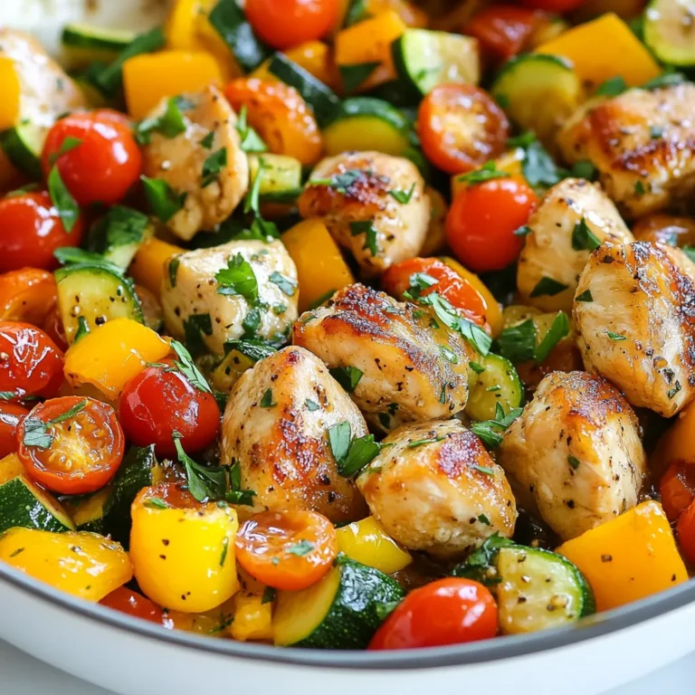 To make a delicious Gluten Free Weeknight Chicken Skillet, you need the following ingredients: - 1 lb boneless, skinless chicken thighs, cubed - 2 tablespoons olive oil - 1 medium onion, diced - 2 cloves garlic, minced - 1 bell pepper (any color), chopped - 1 zucchini, diced - 1 cup cherry tomatoes, halved - 1 teaspoon dried basil - 1 teaspoon dried oregano - Salt and pepper to taste - Fresh parsley, chopped (for garnish) These ingredients come together to create a tasty and vibrant dish. The chicken thighs give a rich flavor, while the veggies add color and nutrition. You can pick any bell pepper to match your taste. The cherry tomatoes burst with juice and sweetness. Fresh parsley at the end brightens the dish and makes it look nice. Cooking with fresh ingredients makes a big difference. It adds flavor and health to your meals. Always try to choose the best quality you can find. This simple mix of ingredients makes a quick and easy dinner that everyone will love. {{ingredient_image_1}} - Heat 2 tablespoons of olive oil in a skillet over medium-high heat. This oil gives flavor and helps cook the chicken well. - Add 1 pound of cubed boneless, skinless chicken thighs. Season with salt and pepper. Cook for about 5-7 minutes, stirring often. The chicken should brown nicely and be fully cooked. - Remove the chicken from the skillet and set it aside. In the same skillet, add 1 medium diced onion and 2 minced garlic cloves. Sauté for 2-3 minutes. You want the onion to look clear and smell good. - Next, add 1 chopped bell pepper and 1 diced zucchini. Cook for another 4-5 minutes. The veggies should soften but still have a little crunch. - Stir in 1 cup of halved cherry tomatoes, 1 teaspoon of dried basil, and 1 teaspoon of dried oregano. Cook for 2 more minutes. The tomatoes will start to soften and mix with the herbs. - Return the chicken to the skillet. Mix everything well. Let it heat through for about 2 minutes. Taste it and adjust the salt and pepper if needed. Garnish with fresh chopped parsley before serving for a nice touch! To get the best flavor, cook chicken thighs at medium-high heat. This gives a nice sear and keeps them juicy. Aim for about 5-7 minutes. Make sure the chicken is browned and fully cooked. You can check by cutting into a piece; it should no longer be pink inside. When choosing chicken, boneless, skinless thighs work best. They stay moist and tender during cooking. If you prefer chicken breast, that’s fine too. Just be careful not to overcook them. To make your dish look great, serve it in a large bowl or platter. The mix of colors from the veggies will shine. Add a sprinkle of extra parsley on top. This makes it inviting and fresh. You can also add a wedge of lemon on the side. It adds a nice pop of color and a zesty flavor when squeezed on top. This simple touch makes your meal feel special. Pro Tips Marinate the Chicken: For extra flavor, marinate the chicken thighs in olive oil, garlic, and herbs for at least 30 minutes before cooking. Use Fresh Herbs: If you have fresh basil or oregano, use them instead of dried for a more vibrant flavor. Customize Your Veggies: Feel free to swap in any seasonal vegetables you have on hand, like asparagus or spinach, to keep the dish fresh and exciting. One-Pan Cleanup: To make cleanup easier, line your skillet with parchment paper before cooking, especially if you're using a non-stick pan. {{image_2}} You can change up the veggies in this dish to suit your taste. Here are some ideas: - Use broccoli or green beans instead of zucchini. - Swap bell peppers for carrots or snap peas. - Try adding spinach or kale for extra greens. Feel free to mix in your favorite spices and herbs too. Here are some options: - Add a pinch of red pepper flakes for heat. - Try thyme or rosemary for a different flavor. - Use fresh herbs like cilantro or basil for a fresh touch. If you want to make this dish dairy-free, it's easy! Just skip any cheese topping. For low-carb options, here are some tips: - Replace the zucchini with cauliflower rice. - Add more non-starchy veggies like bell peppers or mushrooms. - Keep the chicken and veggies, but skip the tomatoes for fewer carbs. These simple swaps keep the meal tasty while fitting your diet needs. Enjoy the freedom to make this dish your own! To keep your leftover gluten free chicken skillet fresh, follow these tips: - Refrigerator Storage: Place the cooled skillet in an airtight container. Store it in the fridge for up to 3 days. This keeps the chicken and veggies fresh and safe to eat. - Freezing Instructions: If you want to save it longer, freeze the dish. Use a freezer-safe container or a zip-top bag. Remove as much air as possible. It can last up to 3 months in the freezer. When ready to eat, thaw overnight in the fridge. When it's time to enjoy your leftovers, reheating is key. - Best Methods for Reheating: The best way to reheat is on the stove over medium heat. Stir it often to heat evenly. You can also use the microwave. Place it in a microwave-safe dish, cover, and heat in short bursts, stirring in between. - Tips to Maintain Flavor and Texture: Add a splash of water or broth while reheating. This helps keep the chicken juicy and the veggies tender. Always check the dish's temperature before serving to ensure it is hot throughout. Yes, this recipe is great for meal prep. You can make it ahead of time. The dish stays fresh in the fridge for about three days. Just store it in an airtight container. When you are ready to eat, simply reheat it. This way, you save time on busy nights. To spice up this dish, add red pepper flakes. You can start with half a teaspoon. Mix it in with the chicken while it cooks. You can also use hot sauce or diced jalapeños. This will add heat without changing the dish's base flavor. Remember to taste as you go. You can always add more spice! Yes, you can use frozen chicken thighs. Just make sure to thaw them first. You can do this in the fridge overnight or use the microwave. Once thawed, cube the chicken and follow the same cooking steps. This option is handy if you forgot to take out chicken in advance. It keeps your cooking stress-free! This blog post covered an easy chicken thigh recipe with vibrant veggies and herbs. I shared step-by-step cooking instructions and tips for perfecting the dish. You can even make tasty swaps for ingredients and adjust the recipe to fit your diet. Enjoy making this dish your own. It’s simple, fun, and full of flavor! Happy cooking!