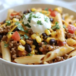 - 8 oz penne pasta - 1 lb ground beef or turkey - 1 tablespoon olive oil - 1 small onion, chopped - 2 cloves garlic, minced - 1 packet taco seasoning (or homemade blend) - 1 can (15 oz) black beans, drained and rinsed - 1 cup corn (fresh or frozen) - 1 cup diced tomatoes (canned or fresh) - 1 cup shredded cheddar cheese - 1/4 cup fresh cilantro, chopped - Salt and pepper to taste - Optional toppings: sour cream, diced avocado, jalapeños When I make Taco Pasta, I love to use fresh ingredients. Each item adds flavor and texture. The penne pasta is key. It holds the sauce well, making every bite delicious. Ground beef or turkey gives the dish its hearty base. I prefer ground turkey for a lighter option. Olive oil adds a rich taste when I sauté the onion and garlic. This step brings out their sweetness. Taco seasoning packs a punch of flavor. You can use a store-bought packet or mix your own. Beans and corn add protein and fiber. They make the dish filling. Diced tomatoes brighten the mix. Shredded cheddar cheese adds creaminess. I always sprinkle fresh cilantro on top for a pop of color and taste. Lastly, I enjoy adding toppings. Sour cream cools the spice, while diced avocado adds creaminess. Jalapeños bring heat for those who like it spicy. {{ingredient_image_1}} First, bring a large pot of salted water to a boil. Add the penne pasta and cook it based on the package instructions. Aim for al dente, which means it should be firm but not hard. This texture keeps the pasta from becoming mushy when mixed with the sauce later. While the pasta cooks, heat olive oil in a large skillet over medium heat. Add the chopped onion and minced garlic. Cook for about 3-4 minutes until they become soft and fragrant. This step is key as it builds a strong flavor base for the dish. Next, add the ground beef or turkey to the skillet. Use a spatula to break it apart as it cooks. Make sure it turns brown and is fully cooked in about 5-7 minutes. If there is too much fat, drain it to keep the dish from becoming greasy. Now, stir in the taco seasoning. It should coat the meat evenly. Pour in about 1/4 cup of water to help blend the seasoning. Cook for another 2-3 minutes so the flavors can meld together. Add the black beans, corn, and diced tomatoes to the skillet. Stir well to mix everything. Cook for 3-5 minutes. This ensures all ingredients heat through and the flavors combine nicely. Once the pasta is cooked and drained, fold it into the skillet mixture. Sprinkle in the shredded cheddar cheese and stir until it melts. This adds a creamy texture and richness to your taco pasta. To enhance the richness of taco pasta, use a mix of beef and turkey. The blend gives a deeper flavor. Adding a splash of lime juice at the end brightens the dish. It wakes up the taste buds. Also, cook the pasta just until al dente. This way, it holds its shape and absorbs flavors well. To perfect the taco flavor profile, use high-quality taco seasoning. If you want, make your own blend. Combine chili powder, cumin, paprika, and garlic powder. Taste as you go to get it just right. Don’t forget to add a little salt. It brings all the flavors together. For garnishing, add fresh cilantro on top. It adds color and taste. A dollop of sour cream looks nice and tastes great. Diced avocado gives a creamy touch. Sprinkle extra cheese for visual appeal. Serve in a large bowl for family style, or plate individual servings. This makes it feel special. You can also add a few tortilla chips on the side. They add crunch and fun. One common mistake is overcooking the pasta. If you do this, it becomes mushy. Always aim for al dente. It holds up better when mixed with the sauce. Another mistake is not browning the meat correctly. Browning adds flavor. Make sure to break the meat apart so it cooks evenly. Don’t rush this step. It makes a big difference in the final taste. Pro Tips Cook Pasta Al Dente: Make sure to cook the penne pasta just until it's al dente. This helps it hold its shape and texture when combined with the other ingredients. Customize Your Protein: Feel free to switch the ground beef or turkey with plant-based alternatives or even diced chicken for a different flavor profile. Add Extra Veggies: Boost the nutrition of your Taco Pasta Fiesta by adding bell peppers, zucchini, or spinach for even more color and flavor. Make it Spicy: If you love heat, add some diced jalapeños or a pinch of cayenne pepper to the meat mixture for an extra kick! {{image_2}} You can change the protein in taco pasta easily. If you prefer ground chicken, use it instead of beef or turkey. This swap keeps it light and tasty. For a fun twist, try shrimp or chorizo. Shrimp cooks quickly and adds a nice flavor. Chorizo gives a spicy kick and pairs well with the taco seasoning. If you want a meatless dish, taco pasta can still shine. Use black beans and extra veggies like bell peppers or zucchini. This adds great texture and flavor. You can also try lentils for protein. The seasoning will still give it that taco taste everyone loves. Want a little heat? Add diced jalapeños or a splash of hot sauce. This gives your taco pasta a nice kick. For families with kids, keep it mild. Try using less seasoning or omitting the jalapeños. You can always serve hot sauce on the side for those who like it spicy. To keep your leftover taco pasta fresh, store it in an airtight container. Make sure to cool the pasta before sealing it. This helps prevent moisture build-up. Properly stored, it lasts up to three days in the fridge. When you're ready to eat, reheat it on the stove over low heat. Stir it often to heat evenly. You can also use a microwave. Just cover it to keep moisture in, and heat in short bursts. For long-term storage, taco pasta freezes well. Place it in a freezer-safe container or bag. Make sure to remove as much air as possible to prevent freezer burn. It can last up to three months in the freezer. When you’re ready to enjoy, thaw it overnight in the fridge. Reheat it on the stove or in the microwave. If it seems dry, add a splash of water or broth while reheating. This keeps it creamy and delicious. Taco pasta is a fun dish that blends pasta with taco flavors. It combines penne with seasoned meat, beans, and cheese. This dish likely comes from the idea of mixing Italian and Mexican food. It’s quick to make and perfect for family meals. Yes, you can use gluten-free pasta! Look for brands made from rice or corn. They cook differently, so check the package for timing. I recommend using a gluten-free penne to keep the shape and texture similar. Making taco seasoning is easy. Here’s a simple mix: - 1 tablespoon chili powder - 1 teaspoon cumin - 1 teaspoon paprika - 1 teaspoon garlic powder - 1 teaspoon onion powder - 1/2 teaspoon salt - 1/4 teaspoon pepper Mix these spices together and use as needed! Absolutely! Adding veggies makes taco pasta even better. Try these: - Diced bell peppers - Sliced zucchini - Chopped spinach - Corn (if not already included) Adding these boosts flavor and nutrition. To make taco pasta creamier, you can add more cheese or a splash of cream. Consider these tips: - Use cream cheese or sour cream for richness. - Stir in extra shredded cheese just before serving. - Add a little milk to the mixture for a smoother texture. These tricks will make every bite extra creamy! This blog post outlined a simple and fun recipe for Taco Pasta. We explored the key ingredients, cooking steps, and helpful tips to make your dish great. Remember to avoid common mistakes and feel free to customize with your favorite proteins or veggies. With these skills, you can create a delicious meal that’s perfect for any occasion. Enjoy experimenting and make this recipe your own!