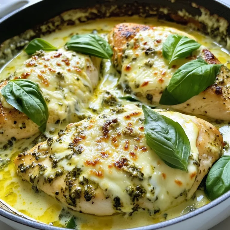 - 4 boneless, skinless chicken breasts - 8 ounces cream cheese, softened - 1/2 cup pesto sauce - 1 cup shredded mozzarella cheese - 1/2 cup grated Parmesan cheese - 2 cups fresh spinach, chopped - 2 tablespoons olive oil - Salt and pepper to taste - Fresh basil for garnish (optional) In this dish, the boneless, skinless chicken breasts are the star. They cook up juicy and tender. The cream cheese adds a rich, creamy texture. Pesto sauce brings a bright, herby flavor that pairs well with the chicken. Mozzarella and Parmesan cheeses melt beautifully, creating a cheesy topping. Fresh spinach gives a nice color and adds nutrients. Olive oil helps to sear the chicken and adds flavor. Salt and pepper season the dish just right. Lastly, fresh basil can add a pop of flavor and color if you choose to use it. This simple list of ingredients makes it easy to whip up a delicious meal. You can find most of these items in your kitchen or at your local store. Enjoy cooking! {{ingredient_image_1}} First, preheat your oven to 375°F (190°C). This is important for even cooking. While the oven heats, season the chicken breasts with salt and pepper on both sides. This step helps enhance the chicken's flavor. In a medium bowl, mix the softened cream cheese and pesto sauce. Stir until they blend well. This creamy mixture adds a rich taste to the chicken. In a large oven-safe skillet, heat two tablespoons of olive oil over medium-high heat. Once the oil is hot, add the chicken breasts. Cook for about 3-4 minutes on each side until they turn golden brown. This step locks in moisture. After searing, remove the skillet from the heat. Spread the cream cheese and pesto mixture evenly over each chicken breast. Now, sprinkle shredded mozzarella and grated Parmesan cheese over the chicken. Add chopped spinach on top for a fresh touch. Transfer the skillet to the preheated oven. Bake for 25-30 minutes. The chicken should be cooked through, and the cheese will be bubbly and slightly golden. Enjoy the wonderful aroma as it cooks! To get that golden sear, heat your skillet well before adding chicken. Use medium-high heat for the best results. Sear each side for about 3-4 minutes. This will lock in juices and flavor. Make sure not to overcrowd the pan. Do it in batches if needed. For seasoning, taste is key. Start with salt and pepper. You can always add more later. Try adding garlic powder or Italian herbs for a twist. Adjust the seasoning to fit your taste. Cream Cheese Chicken pairs well with many sides. A fresh salad adds crunch and color. Pasta with a light sauce also works great. You can even serve it with crusty bread to soak up the sauce. For presentation, keep it simple. Use a white plate to let the colors pop. Add a sprinkle of fresh basil on top for a nice touch. Place the chicken in the center and surround it with veggies or salad. This will make your dish look as good as it tastes! Pro Tips Choose Quality Ingredients: Using high-quality chicken and fresh pesto can significantly enhance the flavor of your dish. Let the Chicken Rest: After baking, allow the chicken to rest for a few minutes before serving to retain its juices and flavor. Experiment with Cheese: Feel free to mix different cheeses like gouda or fontina for a unique flavor profile. Pair with Sides: This dish goes wonderfully with a side of roasted vegetables or a light salad for a complete meal. {{image_2}} You can switch up the pesto sauce to add new flavors. Try sun-dried tomato pesto or garlic pesto for a twist. Each type brings a unique taste to the dish. You can also swap the mozzarella or Parmesan cheese. Use goat cheese for a tangy flavor or cheddar for a sharper taste. Each cheese adds its own charm. Adding more veggies makes your dish colorful and healthy. Consider sun-dried tomatoes or artichokes for flavor and texture. You can also mix in different greens. Kale or Swiss chard work well and add nutrition. This not only enhances taste but also boosts your meal's vitamins. If you like heat, add spices or hot sauce to the chicken. A sprinkle of red pepper flakes gives a nice kick. You can also mix in some jalapeños for extra spice. Adjust the amount based on your personal heat level. Enjoy the bold flavors in each bite! To keep your Cream Cheese Chicken fresh, store it right. Place leftovers in an airtight container. Refrigerate within two hours of cooking. The chicken stays good for up to three days in the fridge. Make sure to label the container with the date. If you want to freeze it, first, let it cool completely. Wrap each piece tightly in plastic wrap. Then place the wrapped chicken in a freezer bag. This method helps avoid freezer burn. You can freeze it for up to three months. When it’s time to enjoy your leftovers, you have two great options: microwave or oven. Microwaving: This is fast and easy. Place the chicken on a microwave-safe plate. Cover it with a damp paper towel to keep it moist. Heat in short bursts of 30 seconds. Check if it’s warm all the way through. Oven reheating: This method gives the best texture. Preheat your oven to 350°F (175°C). Place the chicken in an oven-safe dish. Cover it with foil to prevent drying out. Bake for about 15-20 minutes until it's hot inside. Both methods work well, but the oven keeps that creamy topping nice and bubbly! Can I use frozen chicken breasts? Yes, you can use frozen chicken breasts. Just make sure to thaw them first. This helps the chicken cook evenly. You can thaw them in the fridge overnight or use the microwave. What's the best way to check if the chicken is cooked through? The best way to check is by using a meat thermometer. Insert it into the thickest part of the chicken. The chicken should reach 165°F (75°C) to be safe to eat. If you don’t have a thermometer, cut into the chicken. The meat should be white and the juices should run clear. Can I make this dish ahead of time? Yes, you can prepare the dish ahead of time. You can season the chicken and add the cream cheese mix. Cover it and store it in the fridge for a day. When you're ready, bake it as directed. Is it possible to make a dairy-free version? Yes, you can make a dairy-free version. Instead of cream cheese, use a dairy-free cream cheese. You can also swap the mozzarella and Parmesan for dairy-free cheeses. Just check the labels to make sure they fit your diet. This blog post covered how to make creamy, delicious Cream Cheese Chicken. You learned about the key ingredients, like chicken, cream cheese, and pesto. I shared steps to prepare, cook, and bake this dish perfectly. Remember, you can adjust flavors and add veggies for variety. Make sure to store leftovers properly for another tasty meal. Cream Cheese Chicken is sure to impress anyone at your table. Enjoy cooking and experimenting with this simple, yet versatile dish!