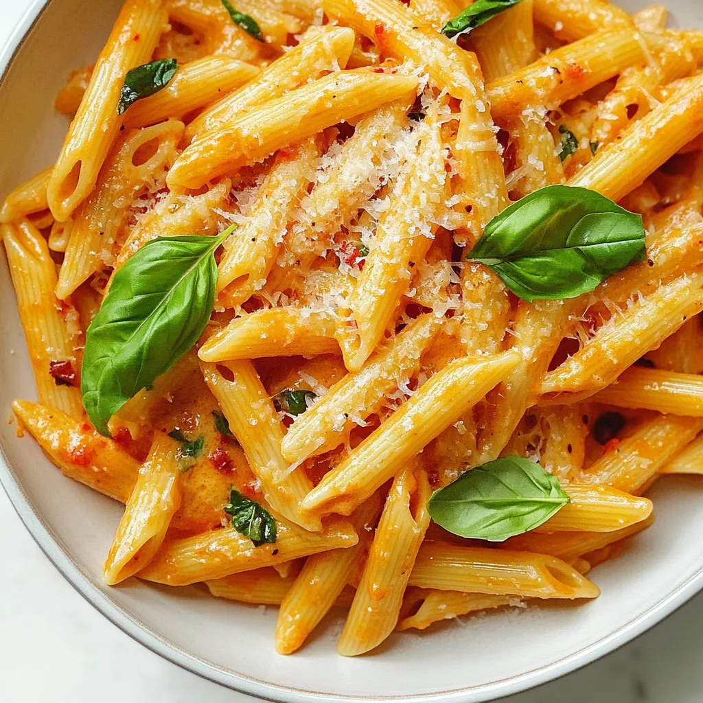 - 12 oz penne pasta - 2 tablespoons olive oil - 1 small onion, diced - 2 cloves garlic, minced - 1 teaspoon red pepper flakes (adjust to taste) - 1 can (15 oz) crushed tomatoes - 1 cup heavy cream - 1/2 cup grated Parmesan cheese - Salt and black pepper to taste - Fresh basil leaves, for garnish - Extra Parmesan, for serving The main ingredient in this dish is penne pasta. It cooks up nicely and holds the sauce well. You will need olive oil to sauté the onion and garlic. A small diced onion adds sweetness and depth. Minced garlic gives a bold flavor to the sauce. Red pepper flakes bring the heat, and you can adjust this to fit your taste. Crushed tomatoes form the base of the sauce. They add a rich tomato flavor. Heavy cream makes the sauce smooth and creamy. Grated Parmesan cheese adds a salty, nutty element to the dish. Salt and black pepper are key for seasoning. Fresh basil leaves on top add a burst of color and flavor. Extra Parmesan is a nice touch when serving. - For a dairy-free option, use coconut cream or cashew cream instead of heavy cream. - If you need gluten-free pasta, use brown rice pasta or chickpea pasta. - To lower the spice, use less red pepper flakes or try sweet paprika instead. You can also use mild chili powder for a different flavor profile. These substitutions can help you tailor the dish to your needs. Enjoy experimenting with these options! {{ingredient_image_1}} To make this dish, the right pasta is key. I recommend using penne pasta for its great texture. It holds the sauce well and adds a nice bite. To achieve perfect al dente pasta, boil a big pot of salted water. When the water is boiling, add the penne. Cook it according to the package instructions, usually about 11-13 minutes. Taste a piece a minute or two before the time is up. It should be firm but not hard. When it’s ready, save one cup of pasta water and drain the rest. Start by sautéing the aromatics for the best flavor. Heat 2 tablespoons of olive oil in a large skillet over medium heat. Once hot, add one small diced onion. Cook it for about five minutes, until it becomes translucent. Next, add two minced garlic cloves and one teaspoon of red pepper flakes. Cook this mixture for another minute. You want it to smell amazing and fragrant. Then, pour in one can of crushed tomatoes. Bring this to a gentle simmer and cook for 5-7 minutes. Season with salt and black pepper to taste. Once the sauce is mixed and simmering, it’s time to make it creamy. Lower the heat and slowly stir in one cup of heavy cream. Mix it well until it’s smooth. Let it simmer for another 3-4 minutes, stirring now and then. Now, let’s bring everything together. Add the cooked penne to the sauce. Here’s the trick: use some of that reserved pasta water. Add it a little at a time until the sauce coats the pasta just right. This step helps the sauce stick and makes it creamy. Finally, stir in half a cup of grated Parmesan cheese until it melts. Taste the pasta and add more salt, pepper, or red pepper flakes if you want it spicier. Now your Gigi Hadid Spicy Vodka Pasta is ready to serve! To make Gigi Hadid's spicy vodka pasta shine, adjust flavors with care. Start with salt and pepper. Taste as you go. Add more red pepper flakes for heat. Remember, you can always add, but you can't take away! For a creamy sauce, stir in the heavy cream slowly. This helps it mix well with the tomatoes. If the sauce is too thick, add some reserved pasta water. This will help create the perfect, silky consistency. Garnish your pasta for that restaurant-style look. Fresh basil leaves add color and flavor. A sprinkle of extra Parmesan makes it even better. For serving, use deep bowls. This keeps the pasta warm and looks appealing. Pair your dish with a light white wine. A good choice is Pinot Grigio. It complements the sauce without overpowering it. Be careful not to overcook your pasta. It should remain firm, or "al dente." If it gets too soft, the dish loses its texture. Do not skip the cheese incorporation step. Stirring in Parmesan is key for flavor and creaminess. This makes the dish rich and delicious. Pro Tips Adjust the Spice Level: If you prefer a milder dish, reduce the amount of red pepper flakes or omit them entirely. You can always add more spice later if needed. Use Fresh Herbs: For an extra burst of flavor, consider adding fresh herbs like thyme or oregano along with the basil for garnishing. Reserve Pasta Water: The starchy pasta water is key for achieving the perfect sauce consistency. Add it gradually to avoid making the sauce too thin. Parmesan Substitutes: If you don’t have Parmesan cheese, Pecorino Romano or Grana Padano can be great alternatives that still provide a delicious flavor. {{image_2}} You can easily add protein to Gigi Hadid's Spicy Vodka Pasta. Chicken works well. Just cook it in the skillet before adding the onions. Shrimp is another great choice. Sauté shrimp until pink, then follow the sauce recipe. For something heartier, use sausage. Slice it up and cook with the onion for extra flavor. If you want a vegetarian option, try chickpeas. They add protein and taste great. Seasonal veggies can enhance this pasta dish. Spinach or kale adds color and nutrients. Just stir them in during the last few minutes of cooking. For a fresh twist, add zucchini or bell peppers. Cut them into small pieces and sauté with the onions. This makes the dish veggie-forward and fun. You can also try roasted cherry tomatoes for a burst of flavor. Want to make it unique? Add a splash of vodka to the sauce. It gives a nice depth of flavor. You can also try different cheeses like goat cheese or ricotta. These add creaminess and a new taste. For a regional flair, consider adding Italian herbs like oregano or basil. This gives your pasta a fresh twist and makes it even more delicious. To keep your Gigi Hadid spicy vodka pasta fresh, follow these tips: - Refrigeration: Store the pasta in an airtight container. This keeps it from drying out. - Freezing: If you want to freeze it, use a freezer-safe container. Leave some space for expansion. This dish lasts in the fridge for about 3 to 5 days. If frozen, it can last up to 2 months. Make sure to label your containers with the date so you know when to use them. Reheating pasta can be tricky. You want it warm without being mushy. Here are simple methods to do it right: - Stovetop: Heat a skillet over low heat. Add a splash of water or cream to the pasta. Stir gently until warmed through. - Microwave: Place the pasta in a microwave-safe bowl. Add a little water, cover with a lid or plastic wrap, and heat in short bursts. Check often, so it doesn’t overcook. To refresh the sauce, consider adding a splash of cream or fresh tomatoes. This brightens the flavors and keeps it creamy. Gigi Hadid’s Spicy Vodka Pasta is a creamy and zesty dish. It combines penne pasta with a spicy tomato sauce. This dish gained fame on social media, making it popular among home cooks. The blend of flavors makes it a favorite for many. It is quick and easy to make, perfect for any night of the week. Yes, you can easily make this recipe vegetarian. Instead of heavy cream, use coconut cream or cashew cream. For Parmesan cheese, try a plant-based version or nutritional yeast. This way, you keep the dish creamy and flavorful without using animal products. To make the sauce spicier, add more red pepper flakes. Start with half a teaspoon more, tasting as you go. You can also add a splash of hot sauce or a pinch of cayenne pepper. Be careful not to overwhelm the other flavors. Balance is key to a great dish. Penne pasta works best for this recipe due to its shape. The tube shape holds the sauce well. You can also use rigatoni or fusilli if you like. These shapes also capture the creamy sauce nicely. Just ensure you cook them to al dente for the best texture. This blog post covered a delicious spaghetti dish with many creative options. You learned about the key ingredients, step-by-step cooking methods, and tips for perfect flavor. I shared ideas for protein and veggie add-ins to make it your own. Remember, cooking is all about trying new things and having fun. Enjoy your culinary journey, whether you follow the recipe or tweak it. Your kitchen is a place for exploration and great taste!