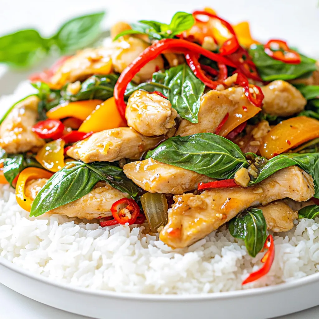 - 1 lb boneless chicken breast, thinly sliced - 2 tablespoons vegetable oil - 4 cloves garlic, minced - 2-3 Thai bird's eye chilies, finely chopped - 1/2 cup bell peppers, sliced - 1 cup fresh Thai basil leaves In this dish, the boneless chicken breast is the star. It cooks quickly and stays juicy. The vegetable oil helps achieve that perfect sear. Garlic adds a nice aroma, while the Thai bird's eye chilies bring the heat. I love using bell peppers for their crunch and sweetness. Fresh Thai basil gives the dish a fragrant finish. - 2 tablespoons soy sauce - 1 tablespoon fish sauce - 1 tablespoon oyster sauce - 1 teaspoon sugar These sauces create a rich flavor in your meal. Soy sauce adds saltiness, while fish sauce gives depth. The oyster sauce adds a hint of sweetness. A little sugar balances all the flavors. Mixing these sauces right is key to getting that authentic taste. - Cooked jasmine rice - Optional garnishes (lime wedges, sliced chilies) Serving the spicy Thai basil chicken over jasmine rice is a must. The rice soaks up the sauce and balances the spice. I like to add lime wedges on the side. A squeeze of lime brightens the dish. Sliced chilies on top give it a nice look and an extra kick. Enjoy your meal! Start by heating vegetable oil in your skillet or wok. Use medium-high heat for the best results. This heat level helps the oil get hot enough to cook quickly. A heavy skillet or a wok works great for this dish. The shape of a wok allows for even heat and quick cooking. Next, add minced garlic and Thai bird's eye chilies to the hot oil. Sauté them for about 30 seconds. This timing brings out their flavors. Watch closely to avoid burning the garlic. Burnt garlic can turn bitter, ruining your dish. Now, it’s time to cook the chicken. Slice the chicken breast thinly for even cooking. Add the sliced chicken to the skillet and stir-fry for 3 to 4 minutes. You want it cooked through and no longer pink. This step ensures a juicy and tender chicken. After the chicken is cooked, toss in sliced bell peppers. Stir-fry them for about 2 minutes. This timing keeps them slightly tender but crunchy. You get a nice texture contrast with the chicken. Pour in soy sauce, fish sauce, and oyster sauce. Sprinkle some sugar over the chicken mixture. Stir well to combine all the flavors. Let them meld together for 1 to 2 minutes. This step deepens the taste of the dish. Remove the skillet from the heat and fold in fresh Thai basil leaves. The residual heat will wilt the basil gently. This adds a fresh, fragrant touch to your dish. Finally, plate your spicy Thai basil chicken over cooked jasmine rice. Serve in a shallow bowl for a nice look. Add a generous helping of basil on top. You can also add lime wedges for a fresh squeeze of juice. Garnish with thinly sliced red chili for extra color and spice. To change the heat, modify the amount of chilies you use. Start with one chili if you want a milder dish. You can add more chilies as you like. If you want a real kick, use three or more. Remember, the seeds hold the most heat. Removing the seeds can help lower the spice. Using fresh ingredients is key. Fresh Thai basil gives a bright flavor. Fresh garlic boosts the taste too. Always taste your sauce mix before adding it to the chicken. If you like it sweeter, add more sugar. If you want saltiness, increase the soy sauce. Adjust these to fit your taste. For quick cooking, use a large skillet or wok. A non-stick pan works well, too. Keep a wooden spoon or spatula handy for stirring. A sharp knife helps slice the chicken thinly. Lastly, have a cutting board ready for your fresh veggies. These tools make cooking fast and easy. {{image_2}} You can easily swap chicken for shrimp or tofu. Shrimp cooks fast and brings a nice taste. Use medium or large shrimp, and sauté until pink. Tofu is a great choice for a plant-based meal. Press and cube firm tofu, then fry until golden. Feel free to add other vegetables. Broccoli, carrots, or snap peas work well. They add color and crunch. You can even toss in mushrooms for an earthy flavor. Mix and match to use what you have. If you need a gluten-free meal, look for alternatives. Replace soy sauce with tamari. It has a similar taste and is gluten-free. For oyster sauce, use a mushroom-based sauce. It gives you that umami flavor without gluten. You can store leftover Spicy Thai Basil Chicken in the fridge for up to four days. Make sure to use an airtight container to keep it fresh. Before you eat it again, check for any signs of spoilage, like off smells or changes in texture. To freeze this dish, let it cool completely. Place it in a freezer-safe container. It will last up to three months in the freezer. Make sure to label the container with the date. When you want to eat it, move it to the fridge for a day to thaw. To reheat, use a skillet on medium heat. Add a splash of water or broth to keep it moist. Stir until heated through. Avoid using high heat, as this can dry out the chicken. You can also use a microwave, but be careful not to overcook it. Enjoy your meal with fresh jasmine rice! If you can't find Thai bird's eye chilies, you can use other chilies. Here are some options: - Jalapeños for a milder heat - Serrano peppers for a similar spice level - Red pepper flakes for a quick fix - Fresno peppers for a fruity flavor These alternatives let you adjust the spice level to your taste. Yes, you can prepare this dish in advance. Here are some tips: - Cook the chicken and veggies, then store them in the fridge. - Reheat in a skillet over low heat. - Add fresh basil just before serving for the best flavor. - Serve with freshly cooked jasmine rice for a great meal. If Thai basil is hard to find, you can use other types of basil. Here are some options: - Sweet basil has a milder flavor and is easy to find. - Italian basil gives a different taste but still works well. - Oregano can be used, but it will change the dish's flavor. Using these will give you a unique twist on the recipe. To make Spicy Thai Basil Chicken vegetarian, swap the chicken with tofu or tempeh. Here are some ideas: - Use firm tofu, cut into cubes, for texture. - Add more vegetables like broccoli or snap peas for color. - Replace fish sauce with soy sauce or a vegetarian alternative. These changes keep the dish flavorful while making it meat-free. Spicy Thai Basil Chicken combines simple ingredients for bold flavor. We explored the key components like chicken, sauces, and fresh herbs. You learned how to cook it, adjust spice levels, and customize the dish. Remember to use fresh ingredients for the best taste. Whether you choose chicken, shrimp, or tofu, this dish adapts easily. Enjoy it over jasmine rice for a satisfying meal. With these tips, you can make a delicious and quick meal any time.