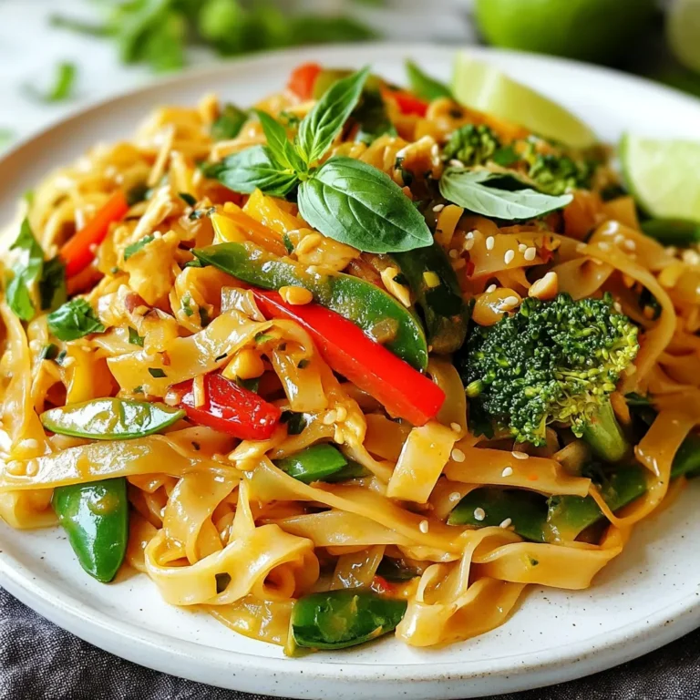 To make delicious Street Style Thai Drunken Noodles, you need these key items: - 8 ounces wide rice noodles - 2 tablespoons vegetable oil - 4 cloves garlic, minced - 1 inch ginger, grated - 1 red bell pepper, sliced - 1 cup broccoli florets - 1 cup snap peas - 1 cup basil leaves (use Thai basil if you can) - 2 eggs, lightly beaten The right sauces make this dish pop. Use these condiments: - 3 tablespoons soy sauce - 2 tablespoons oyster sauce (or vegetarian oyster sauce) - 1 tablespoon chili paste (adjust based on your taste) - 1 teaspoon sugar - Salt and pepper to taste To add some flair to your dish, consider these toppings: - Lime wedges for a zesty kick - Extra basil leaves for fresh flavor - Crushed peanuts for added crunch These ingredients work together to create a dish that is both tasty and easy to make. Each component adds its own unique flavor, making your Drunken Noodles a hit! {{ingredient_image_1}} First, you need to cook the rice noodles. Boil water in a pot. Add 8 ounces of noodles and cook until they are al dente. This usually takes about 6-8 minutes. Drain the noodles and rinse them under cold water. Rinsing prevents them from sticking. Set the noodles aside while you prepare the rest of the dish. Now, heat 2 tablespoons of vegetable oil in a large wok or frying pan over medium-high heat. Once hot, add 4 cloves of minced garlic and 1 inch of grated ginger. Sauté for about 30 seconds until fragrant. The aroma should fill your kitchen! Next, toss in 1 sliced red bell pepper, 1 cup of broccoli florets, and 1 cup of snap peas. Stir-fry these veggies for 3-4 minutes. You want them bright and slightly tender, but still crisp. Next, push the vegetables to one side of the wok. Pour in 2 lightly beaten eggs on the other side. Scramble the eggs until they are fully cooked. Then mix them with the vegetables. Now, add the cooked rice noodles to the wok. Stir everything together until combined. In a small bowl, mix 3 tablespoons of soy sauce, 2 tablespoons of oyster sauce, 1 tablespoon of chili paste, and 1 teaspoon of sugar. Pour this sauce over the noodles and toss everything together. Cook for an additional 2 minutes on high heat. Finally, turn off the heat and toss in 1 cup of fresh basil leaves. Let them wilt from the heat. Season your dish with salt and pepper to taste. Serve your Street Style Thai Drunken Noodles hot, garnished with extra basil and lime wedges for a zesty kick! Enjoy your flavorful and easy dish! To get the best texture, cook your rice noodles until they are al dente. This means they should be soft but still firm when you bite into them. After cooking, rinse the noodles under cold water to stop the cooking. This helps prevent them from sticking together. If you want a bit of chewiness, you can toss the noodles in a little oil after rinsing. This will keep them nice and separate. The spice in Drunken Noodles comes from the chili paste. Start with one tablespoon and mix it into your sauce. Taste it, and if you want more heat, add a bit more. Everyone likes different spice levels, so feel free to adjust as you go. You can also add fresh chili slices for extra heat right before serving. Presentation makes your dish more appealing. Serve your Drunken Noodles hot right from the pan. Garnish with extra basil leaves for color and flavor. Add lime wedges on the side. A quick squeeze of lime adds a bright, zesty taste. If you like crunch, sprinkle some crushed peanuts on top. This adds texture and makes your dish even tastier. Pro Tips Perfect Noodle Texture: Make sure to cook the rice noodles just until al dente; they will continue to cook when added to the stir-fry. Vegetable Crunch: Stir-fry the vegetables until they are bright and still crisp for the best texture and flavor contrast. Customize Your Heat: Adjust the amount of chili paste according to your spice preference; start with a small amount and add more as needed. Basil Freshness: Add the basil at the end and off the heat to retain its vibrant color and aromatic flavor. {{image_2}} You can add protein to your Drunken Noodles for extra flavor and nutrition. Chicken adds a nice texture. Just slice it thin and cook it first in the hot oil. Tofu is a great choice for a veggie option. Use firm tofu, cut it into cubes, and sauté until golden. Shrimp also works well. Add it with the vegetables. Cook until the shrimp turns pink. Oyster sauce gives a rich flavor to Drunken Noodles. You can swap it for vegetarian oyster sauce, made from mushrooms. This keeps the dish vegan-friendly while still adding umami. Another option is to use soy sauce mixed with a bit of sugar. This gives a sweet and salty taste. You can change the veggies in your Drunken Noodles based on what you like or have. Try zucchini or carrots for added crunch. Seasonal vegetables like asparagus or spinach can add a fresh twist. Use what you have in your fridge to make it your own. The more colorful your dish, the more fun it is to eat! To store leftover drunken noodles, let them cool first. Place them in an airtight container. You can keep them in the fridge for up to three days. This keeps the flavors fresh and safe to eat. When reheating, add a splash of water. This helps steam the noodles and keeps them moist. Use a pan on low heat for even warming. Stir often to avoid sticking. You can also microwave them in 30-second bursts. Just cover the bowl to trap steam. If you want to freeze drunken noodles, pack them tightly in a freezer-safe container. Make sure to remove as much air as possible. They can last up to three months in the freezer. When ready to eat, thaw them overnight in the fridge. Reheat as mentioned earlier for the best taste. Street Style Thai Drunken Noodles burst with bold flavors. You taste garlic and ginger first. The soy sauce and oyster sauce add depth. Fresh basil gives a nice herbal note. Then, chili paste brings heat. This dish is a perfect mix of savory and spicy. Yes, you can use different noodles if you wish. Some people like to use egg noodles or even whole wheat noodles. Just make sure to cook them until they are al dente. This way, they won't get mushy in the sauce. I love serving Thai Drunken Noodles with lime wedges. The fresh lime juice brightens the dish. You can also add crushed peanuts for crunch. A side of spring rolls or soup works well too. These sides balance out the meal nicely. Drunken Noodles can be quite spicy, depending on the chili paste you use. If you like it mild, just add less chili paste. You can always taste and adjust as you cook. This makes it easy to get the heat just right for you. Now you know how to make Street Style Thai Drunken Noodles at home. We covered key ingredients, cooking steps, and helpful tips to get the texture just right. You learned about delicious variations and how to store or reheat leftovers. Remember, you can adjust spice levels and make it your own with different proteins or veggies. Cooking should be fun and tasty, so try out new ideas. Enjoy your noodles and impress your friends with this flavorful dish!