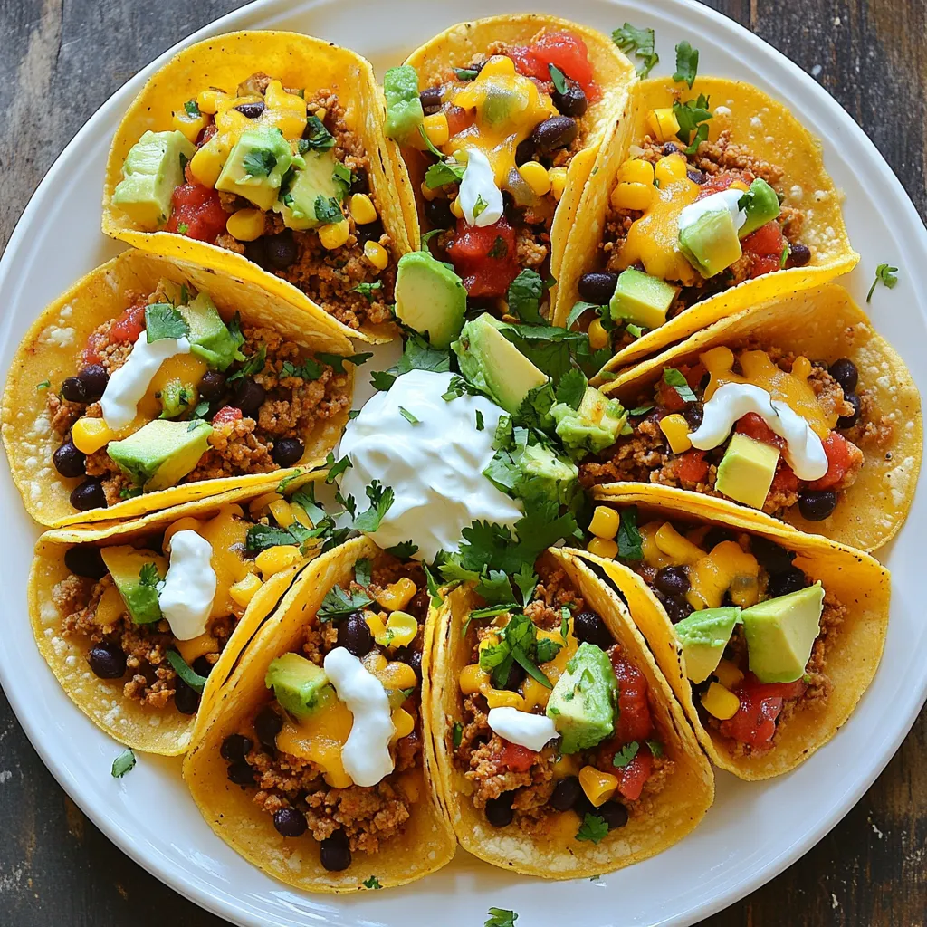 - 12 taco shells - 1 lb ground turkey or beef - 1 packet taco seasoning - 1 cup black beans, drained and rinsed - 1 cup corn, frozen or canned - 1 medium onion, diced - 1 cup shredded cheese (cheddar or a Mexican blend) - 1 cup salsa - ½ cup sour cream - 1 avocado, diced - Fresh cilantro for garnish Baked tacos are a fun and easy meal. You need a mix of key ingredients. Start with taco shells to hold everything together. Choose either ground turkey or beef for the filling. Grab a packet of taco seasoning to add flavor. Next, you can add black beans and corn for extra texture. Diced onion adds sweetness and crunch. Don’t forget shredded cheese. It melts perfectly over the hot tacos. For toppings, salsa brings a zesty kick. Sour cream adds creaminess. Diced avocado gives a fresh taste, and cilantro brightens everything. Each bite bursts with flavors! {{ingredient_image_1}} 1. Preheat your oven to 375°F (190°C). This helps the tacos cook evenly. 2. In a skillet over medium heat, sauté the diced onion until it is soft. This takes about 3-4 minutes. 1. Add 1 pound of ground turkey or beef to the skillet. Cook it until it is browned. Use a spoon to break it apart. This should take about 5-7 minutes. 2. Stir in 1 packet of taco seasoning, 1 cup of black beans, and 1 cup of corn. Add a pinch of salt and pepper. Cook for another 2-3 minutes until everything is hot. 1. Spoon the meat mixture evenly into 12 taco shells. Place them in a baking dish. 2. Top each taco with 1 cup of salsa and 1 cup of shredded cheese. 3. Bake in the preheated oven for 10-15 minutes. The cheese should melt, and the shells should be crispy. 4. After baking, remove the tacos. Top each one with diced avocado and a dollop of sour cream. 5. Garnish with fresh cilantro for extra flavor. How to avoid soggy shells To keep your taco shells crispy, bake them for a few minutes before filling. This step warms the shells and makes them less soggy. Also, avoid overloading them with wet ingredients like salsa. Instead, keep it light and use salsa as a topping. Ensuring the meat is well-seasoned Season your meat well to boost flavor. Mix taco seasoning into the ground turkey or beef as it cooks. Don’t forget to taste as you go! A pinch of salt and pepper can make a big difference. If you want more kick, add a dash of chili powder. Pairing with sides Baked tacos shine when paired with fresh sides. Consider a simple salad or some guacamole. You could also serve rice or chips for extra crunch. These sides balance the meal and add variety. Presentation ideas Make your tacos pop on the plate! Arrange them upright in a dish to show off the toppings. Use bright ingredients like diced avocado and fresh cilantro to add color. A sprinkle of cheese on top gives a nice final touch. Preparing ingredients in advance You can save time by prepping ahead. Chop onions and dice avocado a few hours before cooking. Cook the meat and mix in the beans and corn one day ahead. Store everything in separate containers. Quick reheating tips If you have leftovers, reheating is easy. Warm them in the oven for about 10 minutes at 350°F (175°C). This keeps them crispy. You can also use a microwave, but the shells may lose their crunch. If you use the microwave, heat them for 30 seconds. Pro Tips Use Fresh Ingredients: Fresh vegetables and high-quality meat can elevate the flavor of your tacos significantly. Customize Your Toppings: Feel free to add other toppings like jalapeños, olives, or hot sauce for extra flavor and spice. Check for Crispiness: Keep an eye on the tacos in the oven to ensure they don’t over-bake and become too hard. Serve Immediately: Tacos are best enjoyed fresh out of the oven while the shells are crispy and the cheese is gooey. {{image_2}} You can easily make baked tacos vegetarian. Start by replacing meat with plant-based ingredients. Use lentils, chickpeas, or a meat substitute. These options add great texture and protein. Next, add extra vegetables. Chopped bell peppers, zucchini, or corn can boost flavor and nutrition. Mix these veggies with your seasoning for a tasty filling. For a low-carb twist, try using lettuce wraps. Instead of taco shells, use large lettuce leaves. They hold the filling well and add a fresh crunch. You can also modify your toppings. Skip the high-carb items like sour cream. Instead, use avocado or salsa for flavor without the carbs. To make your tacos pop, add spices. Cumin, paprika, or chili powder can elevate the taste. Experiment with amounts to find your favorite mix. Using different types of cheese also enhances flavor. Try pepper jack for a spicy kick or a blend for variety. Each cheese adds its own unique taste to the dish. To keep your baked tacos fresh, store them in an airtight container. Place a layer of parchment paper between layers to avoid sticking. Refrigerate them right after eating. Baked tacos last about 3 to 4 days in the fridge. Always check for any signs of spoilage before eating. Freezing baked tacos is simple and quick. First, let them cool completely. Then, wrap each taco tightly in plastic wrap. Place the wrapped tacos in a freezer bag. Mark the bag with the date. They can last up to 3 months in the freezer. To reheat, unwrap and place the tacos in a preheated oven at 350°F (175°C) for 20 minutes. Leftover baked tacos can be fun to reinvent! Try chopping them up for a taco salad. Mix the filling into scrambled eggs for a tasty breakfast. You can also blend the flavors into a quesadilla. Just add cheese and grill until crispy. These ideas refresh the meal and reduce waste. It takes 10 to 15 minutes to bake tacos. Preheat your oven to 375°F. Bake until the cheese melts and the shells are crispy. Yes, you can use different types of beans. Pinto beans or kidney beans work well. Just drain and rinse them first. This change adds different flavors and textures. The best toppings include salsa, sour cream, and diced avocado. Fresh cilantro adds a nice touch. You can also try jalapeños or chopped green onions for extra flavor. Baked tacos can be gluten-free. Use gluten-free taco shells. Make sure the taco seasoning does not contain gluten. Most beans and toppings are gluten-free as well. Yes, you can make baked tacos spicy. Add hot sauce to the meat mixture. You can also use spicy salsa or add jalapeños on top. Adjust the spice to fit your taste! You learned how to make delicious baked tacos using simple steps and ingredients. From preparing the meat to perfecting toppings, you now have all the skills. Remember to try different variations, like vegetarian or low-carb options. Storing leftovers correctly can save time later, and there are fun ways to reinvent them. Enjoy your taco nights with friends and family, and don’t be afraid to experiment! Tacos can bring joy and flavor to any meal.