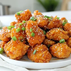 - 1 lb boneless chicken thighs - 1 cup buttermilk - 1 cup all-purpose flour - 1/2 cup cornstarch - 1 teaspoon garlic powder - 1 teaspoon onion powder - 1 teaspoon baking powder - 1 teaspoon paprika - 1 teaspoon ground black pepper - 1/2 teaspoon cayenne pepper (adjust to taste) - Salt to taste - Vegetable oil for frying I love using boneless chicken thighs for this recipe. They stay juicy and tender. The buttermilk is key as it makes the chicken soft and adds great flavor. - 1/4 cup gochujang (Korean chili paste) - 2 tablespoons honey - 1 tablespoon soy sauce - 1 tablespoon sesame oil - 1 tablespoon rice vinegar The sauce combines sweet and spicy. Gochujang gives it a unique kick that makes this dish stand out. Honey balances the heat perfectly. - Sesame seeds - Chopped green onions Garnishing with sesame seeds and green onions adds a nice finish. They bring a pop of color and extra taste to your dish. To start, I mix the chicken pieces with buttermilk in a large bowl. This step is key for flavor and tenderness. I cover the bowl and place it in the fridge. I recommend marinating for at least 30 minutes, but 2 hours is even better. This allows the buttermilk to work its magic. Next, I prepare the coating. In another bowl, I whisk together the flour, cornstarch, garlic powder, onion powder, baking powder, paprika, black pepper, cayenne pepper, and salt. Each ingredient plays a role in making the chicken crispy. To get that perfect crunch, I make sure to mix well and ensure there are no clumps. Now, it’s time to fry. I heat vegetable oil in a deep pan over medium-high heat. I ensure there’s enough oil to fully cover the chicken pieces. Once hot, I remove the chicken from the buttermilk and let the excess drip off. I dredge each piece in the flour mixture, coating it well. I shake off the extra flour. Then, I add the chicken to the hot oil in batches, making sure not to overcrowd the pan. I fry for about 5-6 minutes until each piece is golden brown and crispy. Using a slotted spoon, I transfer the chicken to a plate lined with paper towels to drain any extra oil. For the sauce, I combine gochujang, honey, soy sauce, sesame oil, and rice vinegar in a small saucepan over low heat. I stir until smooth and heated through. This sauce adds a sweet and spicy kick that makes the dish so special. Finally, I toss the crispy chicken with the gochujang sauce in a large bowl. I make sure every piece gets coated. I transfer the chicken to a serving plate, sprinkle with sesame seeds, and garnish with chopped green onions. For the best experience, I love serving this dish with pickled cucumbers or a refreshing slaw. This balances the flavors and adds brightness to the meal. To make crispy Korean popcorn chicken, start with buttermilk. Marinating the chicken in buttermilk keeps it moist. It also helps the coating stick better. The acids in buttermilk tenderize the meat, making each bite juicy. Next, frying temperature matters. Heat your oil to 350°F (175°C). This hot oil creates a golden crust. If the oil is too cool, the chicken will soak up oil and become greasy. If it's too hot, the outside burns before the chicken cooks inside. Crispy Korean popcorn chicken tastes great with pickled cucumbers. They add a nice crunch and balance the spice. A refreshing slaw also works well, adding color and flavor to your plate. For beverages, try pairing with light beer or iced tea. These drinks cool down the spice and enhance the meal's flavors. If you want a healthier twist, oven-baking is an option. Preheat your oven to 400°F (200°C). Spread the coated chicken on a baking sheet. Bake for about 20-25 minutes, flipping halfway through. This method cuts down on oil but still gives a nice crunch. You can also use an air fryer. Set it to 375°F (190°C) and cook for about 15-20 minutes. The air fryer gives a crispy texture with less oil, making it a great choice for a lighter meal. {{image_2}} You can easily change the spice levels in your crispy Korean popcorn chicken. If you like heat, add more cayenne pepper. If you prefer less spice, skip the cayenne or use a milder chili powder. You can also mix in other sauces or seasonings. Try adding a splash of sriracha for extra heat or a bit of honey mustard for sweetness. This makes each batch unique and fun. If you want to replace chicken, use tofu for a tasty vegetarian option. Just press the tofu to remove extra moisture and cut it into bite-sized pieces. For a gluten-free version, swap all-purpose flour with rice flour or gluten-free flour blends. You can still enjoy the crunch and flavor without gluten. Crispy Korean popcorn chicken can take inspiration from other cuisines. For example, you can infuse flavors from Mexican cuisine. Add lime juice and cilantro for a zesty twist. In restaurants, you might find variations like spicy garlic or honey soy flavors. These twists give you new ways to enjoy this delightful snack. Leftovers of crispy Korean popcorn chicken can stay fresh for about 3 days in the fridge. To keep them tasty, store them in an airtight container. This helps prevent moisture loss and keeps the chicken from drying out. To keep your chicken crispy, the best way to reheat is in the oven. Preheat your oven to 375°F (190°C). Place the chicken on a baking sheet and heat for about 10-15 minutes. This method helps regain that lovely crunch. Yes, you can freeze crispy Korean popcorn chicken! Place cooled pieces in a freezer-safe bag. They can stay frozen for about 2 to 3 months. When you're ready to enjoy them, thaw overnight in the fridge. Then, reheat them in the oven to keep that crispiness. You can make crispy Korean popcorn chicken by using an air fryer or oven. For the air fryer, preheat it to 375°F (190°C). Coat the chicken pieces with the buttermilk and flour mixture as usual. Place the chicken in a single layer in the air fryer basket. Spray with a little oil to help it crisp up. Cook for about 10-12 minutes or until golden brown. For the oven method, preheat it to 425°F (220°C). Arrange the chicken on a baking sheet lined with parchment paper. Bake for 20-25 minutes, turning halfway through. Both methods give you crispy chicken without deep frying. If you don't have gochujang, you can use sriracha or another chili paste. Mix it with a bit of sugar to mimic the sweetness of gochujang. You can also combine red chili flakes with miso paste for a similar flavor. Adjust the amounts based on your taste. This will give you a nice heat and depth, but it may not taste exactly the same. Yes, you can marinate the chicken overnight. This helps the chicken become more tender and flavorful. Just make sure to keep it in the fridge. The longer it marinates, the better the flavors will soak in. However, if you marinate for too long, the chicken might get too soft. I recommend sticking to about 12 hours for the best results. Crispy Korean popcorn chicken goes well with several sides. Consider serving it with pickled cucumbers for a fresh crunch. A refreshing slaw also balances the spicy flavors nicely. You can add steamed rice or kimchi for a traditional touch. For drinks, try a cold beer or a sweet tea to cool down the spice. This blog post covered how to make crispy Korean popcorn chicken. You learned about key ingredients like boneless chicken thighs and the flavorful sauce. I shared step-by-step instructions, tips for perfect crispiness, and variations to customize your dish. In closing, remember that cooking is about fun and creativity. Don’t hesitate to tweak recipes and make them your own. Enjoy your tasty creation!