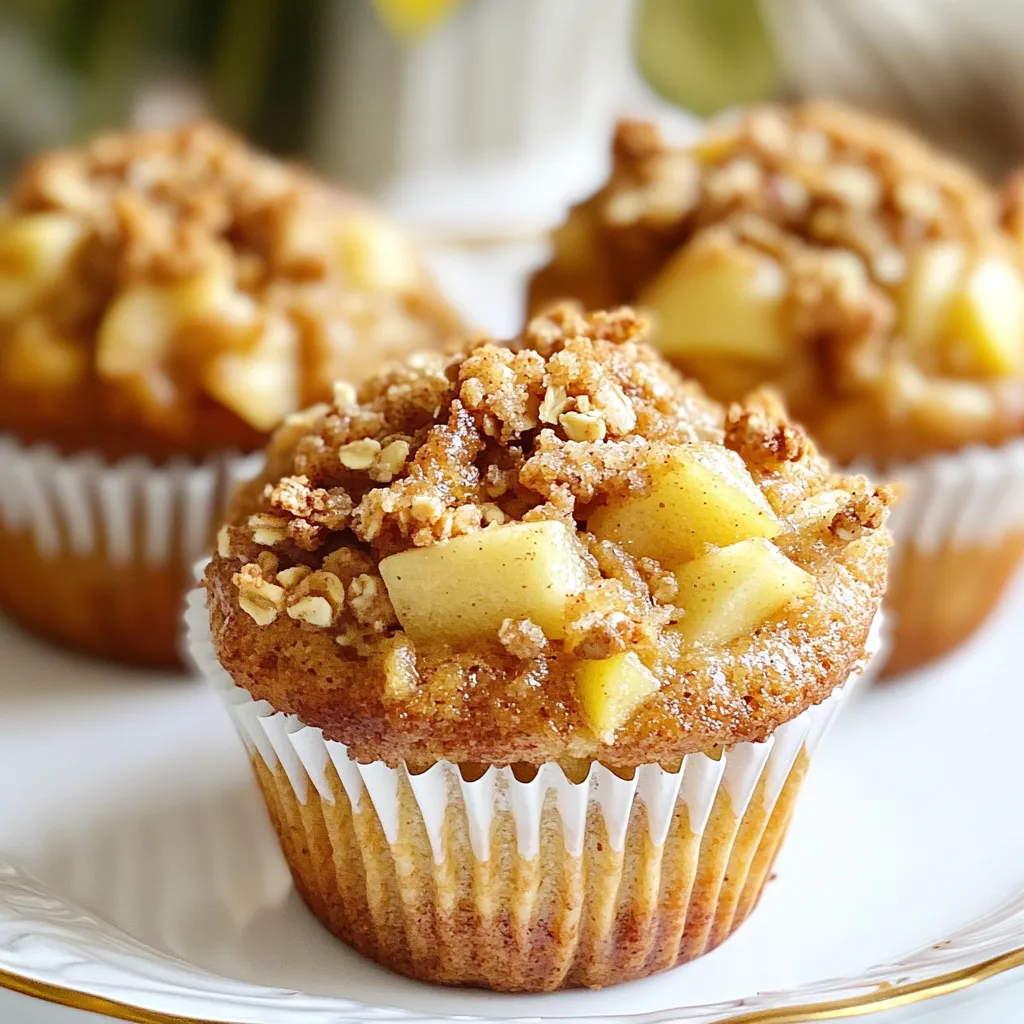For these delicious muffins, gather these simple items: - 2 cups all-purpose flour - 1 cup granulated sugar - 1 tablespoon baking powder - 1 teaspoon baking soda - 1/2 teaspoon salt - 1 teaspoon ground cinnamon - 1/2 cup unsalted butter, melted - 2 large eggs - 1 cup buttermilk - 2 cups peeled, diced apples (I love Honeycrisp or Granny Smith) - 1/2 cup brown sugar - 1/2 cup rolled oats - 1/4 cup all-purpose flour (for crumble topping) - 1 teaspoon ground cinnamon (for topping) - 1/4 cup chopped walnuts or pecans (optional) Using fresh ingredients makes a big difference. Choose ripe apples for the best flavor. Honeycrisp apples are sweet and crisp, while Granny Smith adds a tart kick. Use high-quality butter for a rich taste. Opt for fresh ground cinnamon for a warm aroma. If you can, use whole buttermilk. It gives a lovely moisture to the muffins. If you need to swap some ingredients, here are some great options: - For gluten-free muffins, use a gluten-free flour blend. - Replace buttermilk with plain yogurt mixed with a bit of milk. - You can use coconut oil instead of butter for a dairy-free version. - If you want a nut-free recipe, leave out the walnuts or pecans. - Swap brown sugar for coconut sugar for a lower glycemic index. {{ingredient_image_1}} Start by preheating your oven to 375°F (190°C). This step gets your muffins ready to rise. Line your muffin tin with paper liners or grease it with cooking spray. In a large bowl, whisk together 2 cups of flour, 1 cup of sugar, 1 tablespoon of baking powder, 1 teaspoon of baking soda, 1/2 teaspoon of salt, and 1 teaspoon of cinnamon. Mixing these dry ingredients well is key for even flavor. In another bowl, mix 1/2 cup melted butter, 2 large eggs, and 1 cup of buttermilk. Blend these until they are smooth. Next, pour the wet mix into the dry mix. Stir gently until just combined. It’s okay if the batter has a few lumps. Finally, fold in 2 cups of diced apples. When mixing the batter, be gentle. Overmixing can make your muffins tough. The goal is to combine the wet and dry ingredients without losing air. This keeps your muffins light and fluffy. Use a spatula to fold in the apples. This ensures they distribute evenly without smashing. If you want extra flavor, try to use tart apples like Granny Smith. They balance the sweetness well and add a nice tang. To make the crumble topping, combine 1/2 cup brown sugar, 1/2 cup rolled oats, 1/4 cup flour, and 1 teaspoon of cinnamon in a small bowl. If you like nuts, add 1/4 cup of chopped walnuts or pecans. Melt a little butter and drizzle it over the mixture. Mix until it becomes crumbly. This topping adds a nice texture to your muffins. Spoon your muffin batter into each cup, filling them about 2/3 full. Sprinkle the crumble generously on top. This creates a great contrast between the soft muffin and crunchy topping. To keep your muffins moist, use fresh apples. I love Honeycrisp or Granny Smith. They add a sweet and tart flavor. Make sure to fold the apples gently into the batter. Overmixing can make them dense. Also, use buttermilk for added moisture. It gives a rich taste that balances the sweetness. One big mistake is overmixing the batter. Mix just until combined. A few lumps are okay. Another mistake is not measuring flour correctly. Use the spoon-and-level method for accuracy. Too much flour leads to dry muffins. Lastly, don't skip the crumble topping. It adds a delightful crunch and flavor contrast. These muffins shine when warm. Drizzle honey or maple syrup on top for extra sweetness. You can serve them with a side of yogurt. A dollop of whipped cream also works well. For drinks, pair them with coffee or spiced cider. These combinations really enhance the muffin experience. Enjoy exploring these tasty pairings! Pro Tips Use Fresh Apples: For the best flavor and texture, choose firm, fresh apples like Honeycrisp or Granny Smith. They hold up well during baking and provide a nice tartness that complements the sweetness of the muffins. Don’t Overmix: When combining the wet and dry ingredients, mix just until combined. Overmixing can lead to dense muffins; a few lumps in the batter are perfectly fine. Customize the Topping: Feel free to add your favorite nuts, like pecans or almonds, to the crumble topping for added crunch and flavor. You can also mix in some chocolate chips for a sweet twist! Check for Doneness: Ovens can vary, so start checking your muffins a couple of minutes before the suggested baking time. A toothpick inserted into the center should come out clean or with a few moist crumbs. {{image_2}} You can easily make these muffins gluten-free. Just swap the all-purpose flour for a gluten-free blend. Look for a blend that includes xanthan gum. This will help the muffins rise and stay fluffy. While apples shine in this recipe, you can mix in other fruits. Try diced pears or berries for a twist. Make sure to adjust the sugar based on the sweetness of the fruit. This way, you keep the muffins balanced and delicious. If you or someone you know has nut allergies, leave out the nuts. The crumble topping will still be tasty without walnuts or pecans. You can add additional oats for crunch instead. This keeps the muffins safe and just as delightful. To keep your muffins fresh, store them in an airtight container. This helps keep moisture in. You can also wrap them in plastic wrap. Place the wrapped muffins in a container. This will prevent them from getting stale. Store the muffins at room temperature for up to three days. If you want to keep them longer, consider freezing them. Freezing is a great way to save muffins for later. Once the muffins cool, wrap each one in plastic wrap. Then, place them in a freezer-safe bag. Squeeze out any air before sealing the bag. Label the bag with the date and type of muffin. These muffins can stay fresh in the freezer for up to three months. When you're ready to enjoy them, just take out a muffin and let it thaw. To reheat your muffins, use an oven or a microwave. For the oven, preheat it to 350°F (175°C). Place the muffins on a baking sheet for about 5-10 minutes. This warms them evenly. If you're in a hurry, the microwave works too. Heat the muffin for about 15-20 seconds. Be careful not to overheat, as they can get tough. Enjoy your warm muffins with your favorite toppings! The best apples for muffins are Honeycrisp and Granny Smith. Honeycrisp apples are sweet and juicy. They add a nice texture. Granny Smith apples provide a tart taste that balances the sweetness. Both types keep their shape well when baked. You can also mix different apples for added flavor. Yes, you can make these muffins ahead of time. Bake them, then let them cool completely. Store them in an airtight container. They stay fresh for up to three days at room temperature. If you want them to last longer, freeze them. Just wrap each muffin in plastic wrap. They can last up to three months in the freezer. To check if the muffins are done, use a toothpick. Insert it into the center of a muffin. If it comes out clean or with a few crumbs, the muffins are ready. If the toothpick has wet batter, they need more time. Typically, muffins bake for 18-20 minutes at 375°F. Keep an eye on them towards the end of baking. We covered essential ingredients, helpful baking steps, and tips for moist muffins. I shared popular variations, storage methods, and answers to common questions. Baking muffins can be fun and easy with the right approach. Remember to choose quality ingredients and avoid common mistakes. Try different fruit or gluten-free options to make it your own. Enjoy your baking adventure!
