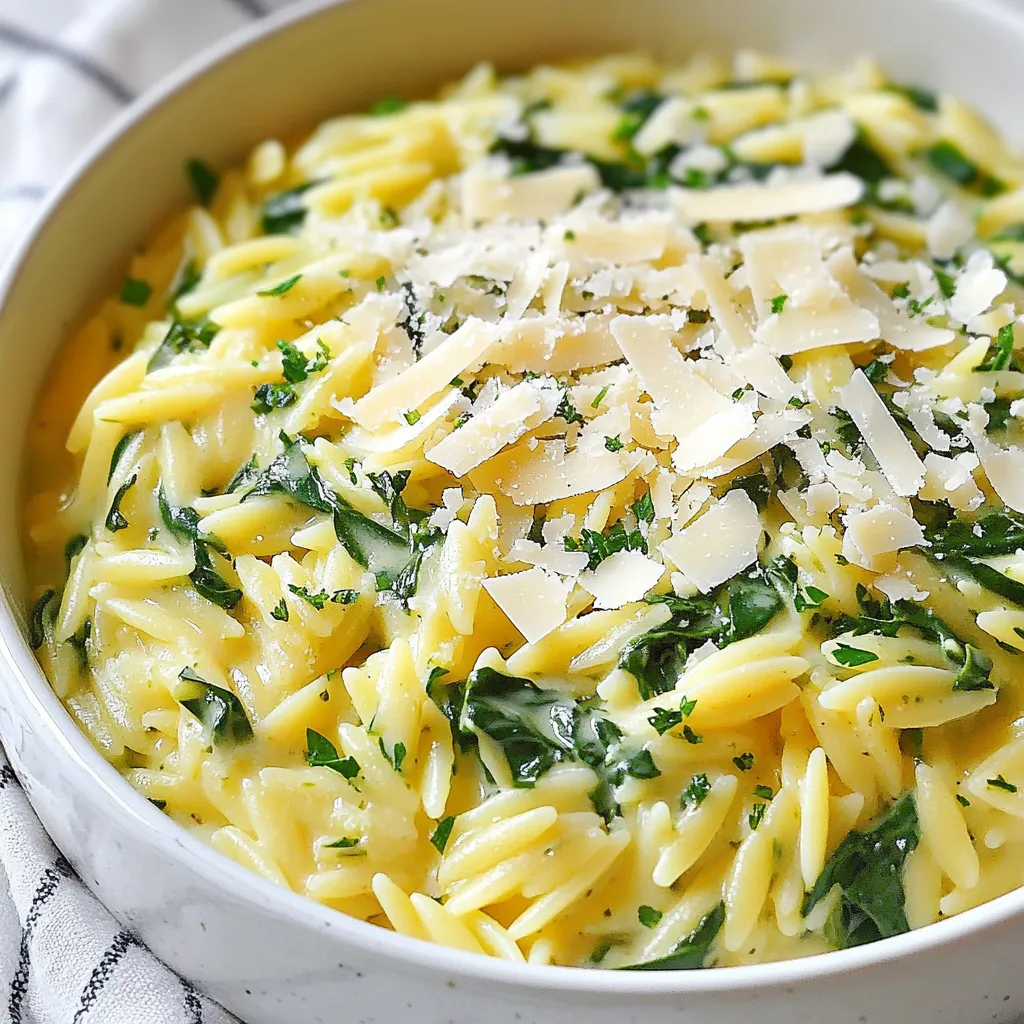 To make Creamy Parmesan Spinach Orzo, you need just a few simple items. Here’s what you will need: - Orzo pasta - Fresh spinach - Vegetable broth - Heavy cream - Grated Parmesan cheese - Garlic - Olive oil - Seasoning (salt and pepper) - Garnish (fresh parsley) Each ingredient plays a key role. The orzo gives it a nice texture. Fresh spinach adds color and nutrients. Vegetable broth brings flavor and keeps it light. Heavy cream makes it rich and creamy. Grated Parmesan cheese adds depth and a savory taste. Garlic gives a lovely aroma. Olive oil helps everything blend together. Finally, season with salt and pepper to enhance all the flavors. Don't forget the fresh parsley for a bright finish! {{ingredient_image_1}} 1. Heat 1 tablespoon of olive oil in a large pot over medium heat. 2. Add 2 cloves of minced garlic and sauté them for about 1 minute. Watch the garlic closely. You want it fragrant, not burnt. 3. Next, add 1 cup of orzo pasta to the pot. Toast the orzo for 2 to 3 minutes. Stir it often. You want it to turn a light golden color. 4. Pour in 1 cup of vegetable broth. Bring it to a boil. Then, reduce the heat to low. Cover the pot and let it simmer for about 10 minutes. Stir occasionally. The orzo should be al dente at this stage. 5. Once the orzo is cooked, add 1 cup of heavy cream. Cook for an extra 3 to 4 minutes. This thickens the mixture nicely. 6. Now, stir in 2 cups of chopped fresh spinach and 1 cup of grated Parmesan cheese. Mix until the spinach wilts and the cheese melts. 7. Finally, season with salt and pepper to taste. Remove the pot from heat and serve immediately. Garnish with fresh parsley if you like. This dish is creamy, flavorful, and perfect for any meal. Enjoy! To get the best creamy texture, use heavy cream. It makes the dish rich and smooth. Stir slowly when you add the cream to keep it creamy. For cooking al dente orzo, watch the time closely. You want it firm but not hard. Stir often as it cooks. This helps it cook evenly. Try adding new flavors to your orzo. For a kick, add red pepper flakes. You can also mix in sun-dried tomatoes for extra taste. Fresh herbs like basil or thyme can brighten up the dish. Experiment to find your favorite twist! Pro Tips Use Fresh Spinach: Fresh spinach will provide a vibrant color and better flavor compared to frozen spinach. Toast the Orzo: Toasting the orzo before boiling adds a nutty flavor and enhances the overall taste of the dish. Adjust Creaminess: For a lighter version, you can substitute half of the heavy cream with low-fat milk or a non-dairy alternative. Garnish for Freshness: Always garnish with fresh parsley or basil just before serving for a pop of color and freshness. {{image_2}} You can easily change some ingredients in Creamy Parmesan Spinach Orzo. Let's explore a few tasty options. - Alternative greens: If you want a different flavor, try kale or arugula. Both add a nice twist. Kale gives a hearty feel, while arugula brings a peppery bite. - Different cheese options: Instead of Parmesan, you can use feta or goat cheese. Feta adds a briny taste, while goat cheese makes the dish creamy and tangy. - Adding protein: You can make this dish heartier by adding protein. Cooked chicken or shrimp works well. If you want a plant-based option, try adding beans like chickpeas or white beans. They enhance the dish and add nutrients. Feel free to mix and match these substitutions. Each choice will give your orzo a unique flavor. I love experimenting in the kitchen, and these variations keep my meals exciting! To store your creamy Parmesan spinach orzo, first cool it down. Let it sit at room temperature for no more than two hours. This step helps prevent bacteria growth. Next, choose the right storage container. Use an airtight container or a glass jar. This keeps the orzo fresh and tasty. You can also divide it into smaller portions for easy meals later. For reheating, there are a few options. You can use the microwave or the stove. If using the microwave, place the orzo in a bowl, add a splash of water, and cover it. Heat it for one to two minutes, stirring halfway through. If you prefer the stove, add the orzo to a pot. Heat it on low, adding a little water or broth to keep it creamy. Stir often until it's hot. Enjoy your leftovers just as much as the first meal! Can I make this dish ahead of time? Yes, you can make Creamy Parmesan Spinach Orzo ahead of time. Cook it fully and let it cool. Store it in an airtight container in the fridge for up to three days. When you're ready to eat, just reheat it on the stove. Add a splash of broth or cream to help it regain its creamy texture. Is it possible to freeze Creamy Parmesan Spinach Orzo? Freezing is possible but not ideal. The cream can change texture when thawed. If you want to freeze it, do so before adding the spinach and cheese. Store it in a freezer-safe container for up to three months. When you want to eat it, thaw and heat it. Then add fresh spinach and cheese just before serving. How can I make it lighter or dairy-free? To make it lighter, use half-and-half instead of heavy cream. For a dairy-free version, substitute the heavy cream with coconut milk or a dairy-free cream. You can also swap the Parmesan cheese for a dairy-free cheese or yeast flakes for a cheesy flavor without dairy. This blog post outlined how to make a delicious Creamy Parmesan Spinach Orzo. We discussed key ingredients, like orzo pasta and fresh spinach, and offered step-by-step instructions. You learned tips for the best texture and flavor, plus variations for personal tastes. We also covered storing leftovers and answered common questions. Experiment with different greens or add protein for variety. Enjoy your creamy dish, and don’t hesitate to make it your own!
