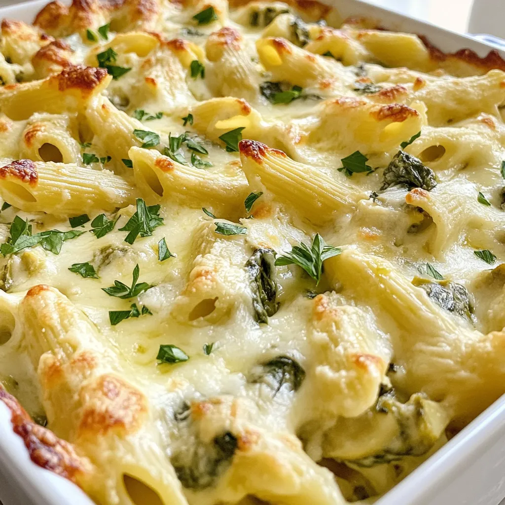 For a tasty Spinach Artichoke Pasta Bake, you need: - 8 oz (225g) pasta (penne or fusilli) - 1 (14 oz) can artichoke hearts, drained and chopped - 2 cups fresh spinach, chopped - 1 cup cream cheese, softened - 1 cup sour cream - 1 cup shredded mozzarella cheese, divided - 1/2 cup grated Parmesan cheese - 1/2 teaspoon garlic powder - 1/2 teaspoon onion powder - 1/4 teaspoon red pepper flakes (optional for some heat) - Salt and black pepper to taste - 1 tablespoon olive oil - Fresh parsley, chopped (for garnish) You can swap ingredients if needed. For instance: - Use Greek yogurt instead of sour cream for a healthier option. - Cream cheese can be replaced with ricotta for a lighter texture. - If you don't have artichokes, try using roasted red peppers for a fun twist. - You can switch mozzarella with cheddar cheese for a different flavor. To get the best taste in your dish: - Choose whole grain pasta for added fiber and nutrients. - Fresh spinach gives a bright taste. If using frozen, ensure it is well-drained. - Opt for a high-quality cream cheese for a creamy texture. - Use freshly grated Parmesan cheese for more flavor than pre-grated versions. - Always check for freshness on canned artichokes. This ensures a great taste. Using these tips will help you create a flavorful Spinach Artichoke Pasta Bake that your family will love. {{ingredient_image_1}} First, we need to cook the pasta. Fill a large pot with water and add salt. Bring the water to a boil. Once it boils, add your 8 oz of penne or fusilli. Cook the pasta until it's al dente. This usually takes about 8 to 10 minutes, but check the package for exact times. When it's done, drain the pasta and set it aside. Now, let’s make the sauce. Take a large mixing bowl. Add 1 cup of softened cream cheese and 1 cup of sour cream. Next, mix in 1/2 cup of shredded mozzarella and 1/2 cup of grated Parmesan cheese. Then, add 1/2 teaspoon of garlic powder and 1/2 teaspoon of onion powder. If you like a little heat, add 1/4 teaspoon of red pepper flakes. Mix everything until smooth and creamy. Now, it’s time to combine everything. Add the drained pasta to the cheese mixture. Then, add the chopped artichoke hearts and 2 cups of chopped spinach. Gently fold everything together. Make sure the pasta is well coated in the sauce. Season with salt and black pepper to taste. Next, take a 9x13 inch baking dish and lightly grease it with 1 tablespoon of olive oil. Pour the pasta mixture into the dish and spread it out evenly. Finally, sprinkle the remaining 1/2 cup of shredded mozzarella cheese on top. Preheat your oven to 350°F (175°C) and place the dish inside. Bake for about 30 minutes. The cheese on top should be bubbly and golden brown. Once done, let it cool for 5 minutes before serving. Don’t forget to garnish with chopped parsley for a fresh touch! To get a creamy texture in your Spinach Artichoke Pasta Bake, use softened cream cheese. Make sure it blends well with the sour cream. This mix gives a rich base. Adding mozzarella helps make it stringy and nice. Mix everything until smooth. If it seems thick, add a splash of milk. This can help it blend better. If you like heat, add red pepper flakes. Start with a little, then taste. You can always add more if you want. For a milder dish, skip the flakes. You can also use black pepper to add warmth. Taste as you go to find your perfect spice level. Cook your pasta just until it’s al dente. This means it should be firm to the bite. It will cook more while baking, so avoid overcooking. Once you drain it, mix it with the sauce right away. This helps the pasta soak up all the creamy goodness. Timing is key to a perfect bake! Pro Tips Cook Pasta Al Dente: Make sure to cook the pasta just until al dente, as it will continue to cook in the oven and absorb some of the sauce. Use Fresh Spinach: Fresh spinach adds a brighter flavor and better texture compared to frozen spinach, which can make the dish watery. Experiment with Cheeses: Feel free to mix different cheeses such as cheddar or gouda for a unique flavor twist. Let it Rest: Allow the pasta bake to cool for a few minutes before serving; this helps it set and makes it easier to portion. {{image_2}} You can easily boost the protein in this dish. Adding chicken or shrimp makes it heartier. For chicken, use cooked, shredded chicken. This adds great flavor. For shrimp, use peeled and deveined shrimp. Sauté them briefly in olive oil before mixing. This step ensures they cook through in the bake. Feel free to add seasonal vegetables for extra nutrition. Try bell peppers, zucchini, or cherry tomatoes. These add color and taste. Just chop them small to mix well. You can sauté them a bit first or add them raw. Both methods work well in this pasta bake. If you need a gluten-free option, swap the pasta. Use gluten-free penne or fusilli. These options are available at most stores. Make sure to check the package for cooking instructions. This change keeps the dish just as tasty for everyone. Store your spinach artichoke pasta bake in an airtight container. Let it cool to room temperature first. This helps keep the dish fresh. Leftovers will last for up to three days in the fridge. To reheat, preheat your oven to 350°F (175°C). Place the pasta bake in an oven-safe dish. Cover it with foil to keep it moist. Heat for about 20 minutes. You can also use the microwave. Heat it in 1-minute intervals, stirring in between, until warm. You can freeze this dish for later. First, let it cool completely. Then, place it in a freezer-safe container. It will last for up to three months. When ready to eat, thaw it overnight in the fridge. Reheat it in the oven for the best texture. If you want, you can freeze it before baking, too. Just add a few extra minutes to the baking time later. I love using penne or fusilli for this dish. These shapes hold the sauce well. Penne has ridges that trap the cheesy mix. Fusilli twists create fun bites of flavor. Both types make every forkful tasty. You can try other pasta, but these two shine. Yes, you can prepare this dish in advance. Mix the pasta and sauce, then store it. Keep it in the fridge for up to a day. When ready, bake it fresh. Add a few extra minutes to cooking time. This makes dinner easy on busy days. If you have leftovers, store them well. They will last for about 3 to 4 days. Keep the dish in an airtight container. When you want to eat it again, just reheat. The cheese might melt a bit more, but it will still taste great! This blog post covered how to make a delicious pasta dish. We explored key ingredients, which included substitutions and a cheat sheet for quality. I shared step-by-step cooking instructions and tips for creaminess and spice control. You learned about adding proteins and vegetables, plus easy storage tips. In wrapping up, I hope you feel ready to create your own pasta masterpiece. Dive in and enjoy the process!
