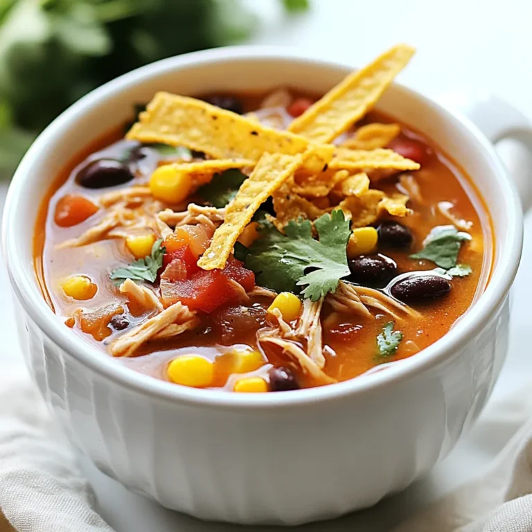 To make this tasty chicken tortilla soup, you will need: - 1 lb boneless, skinless chicken breasts - 4 cups chicken broth - 1 can (15 oz) black beans, drained and rinsed - 1 can (15 oz) corn, drained - 1 can (14.5 oz) diced tomatoes, with juice - 1 medium onion, diced - 2 cloves garlic, minced - 1 red bell pepper, diced - 1 teaspoon ground cumin - 1 teaspoon chili powder - Salt and pepper to taste - 2 tablespoons olive oil - 1 lime, juiced - Fresh cilantro, chopped (for garnish) - Tortilla strips (store-bought or homemade) These ingredients blend well to create a warm and filling soup. Adding garnishes can make your soup more fun and tasty. You can use: - Sliced avocado - Shredded cheese - Sour cream - Jalapeño slices These toppings add flavor and a nice look to your bowl. To prepare this soup, you'll need a few simple tools: - Large pot - Cutting board - Knife - Measuring cups and spoons - Two forks (for shredding chicken) With these tools, you can easily whip up this delightful dish. {{ingredient_image_1}} Start by heating olive oil in a large pot over medium heat. Add the diced onion and red bell pepper. Sauté them for about five minutes until they soften. Then, stir in the minced garlic. Cook for one more minute until it smells great. This mix forms the base of our soup and adds lots of flavor. Next, add the chicken breasts to the pot. Pour in the chicken broth, black beans, corn, and diced tomatoes. Add cumin and chili powder. Season with salt and pepper to taste. Bring everything to a boil. Once boiling, reduce the heat to low. Cover the pot and let it simmer for 20 to 25 minutes. This ensures the chicken cooks all the way through. After cooking, take the chicken out of the pot. Use two forks to shred it into pieces. Return the shredded chicken to the soup. Now, stir in the fresh lime juice. This brightens up the flavor. Let the soup warm for another five minutes. Serve it hot, topped with crispy tortilla strips and chopped cilantro for a lovely finish. Enjoy your delicious bowl of soup! To make your soup taste even better, use fresh herbs. Cilantro adds a bright taste. You can also add a pinch of smoked paprika for a smoky flavor. Using homemade chicken broth will boost the taste too. If you like heat, add diced jalapeños. They give a nice kick. Prep all your veggies ahead of time. This saves you from rushing while cooking. Cut the chicken into small pieces for quicker cooking. If you use a pressure cooker, the chicken cooks faster. Just adjust the broth if you do. When serving, ladle soup into a bright bowl. Top with crispy tortilla strips and fresh cilantro. A wedge of lime on the side looks great and adds zest. You can even sprinkle some cheese on top for extra creaminess. A colorful presentation makes the dish more inviting. Pro Tips Use Homemade Broth: For a richer flavor, consider using homemade chicken broth instead of store-bought. It adds depth and enhances the overall taste of the soup. Customize Spice Levels: Adjust the amount of chili powder and cumin to suit your taste. If you like it spicier, add a pinch of cayenne pepper or some diced jalapeños. Garnish Wisely: Fresh toppings like avocado, sour cream, or shredded cheese can elevate your soup. Don't hesitate to experiment with different garnishes! Meal Prep Friendly: This soup freezes well! Make a double batch and store leftovers in airtight containers for quick meals on busy days. {{image_2}} You can easily make this soup vegetarian. Just skip the chicken. Use vegetable broth instead of chicken broth. Add more beans, like pinto or chickpeas, for protein. You can also add extra veggies like zucchini or bell peppers. This gives you a rich and hearty soup without meat. Want a kick? Add jalapeños for heat. You can use fresh or pickled. A dash of hot sauce can also spice things up. If you like smoky flavors, try adding chipotle peppers in adobo sauce. This adds depth and a nice warmth to your soup. You can switch the chicken for other proteins. Shredded beef or pork works well. Cook them until tender and then shred. For a lighter option, use cooked shrimp. Just add them towards the end to keep them tender. Each protein gives a new twist to the classic soup. After you make chicken tortilla soup, let it cool. Pour any leftovers into an airtight container. Store it in the fridge for up to three days. Always label your container with the date. This helps you track how fresh it is. When you want to enjoy your soup again, take it out of the fridge. Pour the soup into a pot and heat it over medium heat. Stir it often to avoid burning. If the soup is too thick, add a splash of chicken broth or water. You can also use the microwave. Heat it in a microwave-safe bowl for about two minutes. Stir halfway through for even heating. You can freeze chicken tortilla soup, too. Use a freezer-safe container or a heavy-duty freezer bag. Leave some space at the top because the soup will expand when it freezes. Label the bag with the date and type of soup. It can stay in the freezer for up to three months. When you’re ready to eat it, thaw the soup in the fridge overnight. Reheat it as mentioned above. Enjoy your tasty soup anytime! Yes, you can use frozen chicken. Just make sure to add a few extra minutes to the cooking time. When you add frozen chicken to the pot, it helps keep the soup cold. This can slow down the cooking process. Always check that the chicken is fully cooked before shredding. If you don't have black beans, you can use pinto beans or kidney beans. These options work well and still give great taste. You can also skip the beans if you prefer. This soup is flexible, so feel free to mix it up! This soup has mild spice from the chili powder. If you like more heat, you can add jalapeños or cayenne pepper. Start with a small amount and taste it as you go. You can always add more spice, but you can't take it out! Yes, you can make this soup in a slow cooker. Just add all the ingredients to the slow cooker and set it on low for 6-8 hours. If you're short on time, you can also set it on high for 3-4 hours. The chicken will be tender and flavorful! This blog post covers how to make easy chicken tortilla soup. We discussed key ingredients, simple steps, and useful tips. Using kitchen tools makes the process even easier. You can also try fun variations, like vegetarian options or spicy add-ins. Remember to store leftovers properly so you can enjoy your soup later. My final thought: this hearty dish is both tasty and comforting. Enjoy it with friends and family!