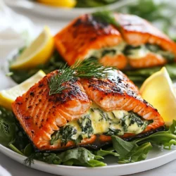 For this blackened salmon, you will need: - 4 salmon fillets (skinless) - 2 cups fresh spinach, chopped - 1/2 cup cream cheese, softened - 1/4 cup feta cheese, crumbled - 1/4 cup grated Parmesan cheese - 2 tablespoons fresh dill, chopped (or 1 tablespoon dried dill) - 1 tablespoon lemon juice - 1 teaspoon garlic powder - 1 teaspoon onion powder - 1 teaspoon smoked paprika - 1/2 teaspoon cayenne pepper (adjust for spice preference) - Salt and pepper to taste - 2 tablespoons olive oil (for cooking) Each ingredient plays a key role. The salmon is rich and buttery. Spinach adds color and nutrition. Cream cheese brings creaminess. Feta and Parmesan add tang and saltiness. Herbs and spices create bold flavors. You can change things up a bit. Here are some great ideas: - Substitute goat cheese for feta for a tangy twist. - Add sun-dried tomatoes for extra flavor. - Use Swiss cheese instead of Parmesan for a milder taste. - Try different herbs, like basil or parsley, for a fresh taste. These changes can personalize your dish and make it your own. When choosing salmon, keep in mind: - Wild-caught salmon is usually the best choice. It often has better flavor and texture. - Sockeye or Coho salmon is great for this recipe. They have a rich taste and firm flesh. - Farmed salmon can work too, but check for quality. Choosing the right salmon can enhance your dish. Always aim for the freshest option available. {{ingredient_image_1}} Start by heating a skillet over medium heat. Add a little olive oil. Once hot, toss in the chopped spinach. Sauté it for about 2-3 minutes, until it wilts down. This step makes the spinach soft and tasty. Next, take the skillet off the heat and let the spinach cool a bit. In a mixing bowl, combine the spinach with cream cheese, feta, and Parmesan. Add fresh dill, lemon juice, garlic powder, onion powder, salt, and pepper. Stir it all together until smooth and creamy. Now, grab your salmon fillets. You want to make a pocket in each fillet. Carefully cut along the side of each fillet, being sure not to cut all the way through. This pocket will hold your delicious filling. Once you have your pockets, it's time to stuff them. Take the spinach and cheese mixture and fill each pocket. Don’t overfill, or it might spill out while cooking. For the cooking part, start by heating olive oil in an oven-safe skillet over medium-high heat. You want it nice and hot. Once ready, gently place the stuffed salmon fillets in the skillet. Sear each side for about 3-4 minutes until they get a lovely golden color. This gives the salmon a nice crust. After searing, transfer the skillet to a preheated oven at 375°F (190°C). Bake for 8-10 minutes. The salmon is done when it flakes easily with a fork. Let the salmon cool a bit before serving. Enjoy your meal! To get the blackened seasoning just right, mix smoked paprika, cayenne, and salt in a bowl. This blend gives the salmon a smoky taste with a kick. Adjust cayenne to suit your spice level. Rub this seasoning all over the salmon before cooking. The heat from the cooking will enhance the flavors. To ensure your salmon cooks perfectly, use a meat thermometer. Aim for an internal temperature of 145°F (63°C). The salmon should flake easily with a fork. When you sear it, look for a nice golden crust. This adds flavor and texture. Don't rush the cooking process. For a beautiful plate, serve the blackened salmon on a bed of mixed greens. Drizzle with a lemon vinaigrette for zing. Add lemon wedges and a sprinkle of fresh dill for color. These simple touches make your dish pop and look gourmet. Pro Tips Use Fresh Ingredients: Always opt for fresh spinach and herbs for the best flavor. Fresh ingredients can elevate the dish significantly. Adjust Spices to Taste: The amount of cayenne pepper can be increased or decreased based on your spice tolerance. Always taste the filling before stuffing the salmon. Perfect Searing: Ensure the skillet is hot enough before adding the salmon to get a nice sear. This helps to lock in moisture and flavor. Let It Rest: Allow the salmon to rest for a few minutes after baking. This helps the juices redistribute, resulting in a more flavorful and moist fillet. {{image_2}} You can mix it up with different stuffings. Try using cooked quinoa for a grain boost. For a cheesy twist, add mozzarella or goat cheese. If you want more veggies, include roasted red peppers or artichoke hearts. You can even add some chopped nuts for crunch. Each option can change the taste and texture of your salmon. Get creative and find what you love! You can cook your blackened salmon in two main ways: grilling or baking. Grilling gives it a nice smoky flavor. Just preheat your grill and cook the salmon on medium heat. It takes about 4-5 minutes per side. Baking is easier for beginners. Just follow the recipe above and set your oven to 375°F. Both methods work well, so choose what suits you best! Pair your blackened salmon with tasty sides. Roasted vegetables always shine next to salmon. Try asparagus, zucchini, or sweet potatoes. A fresh salad with lemon vinaigrette adds brightness. For a starch, serve it with rice or quinoa. You can also make a creamy risotto for extra comfort. These sides will make your meal feel whole and satisfying. To store leftover blackened salmon, let it cool first. Place it in an airtight container. You can keep it in the fridge for up to three days. Make sure to cover the salmon well. This helps keep it fresh and tasty. When you are ready to eat, reheat the salmon gently. You can use the oven or a skillet. If using the oven, set it to 350°F (175°C). Heat for about 10-15 minutes. If using a skillet, warm it on low heat for 5-8 minutes. This way, the salmon stays moist. Avoid high heat, as it can dry out the fish. If you have more salmon than you can eat, freezing is a good option. Wrap the salmon tightly in plastic wrap. Then place it in a freezer-safe bag. You can freeze it for up to three months. When you want to eat it, thaw it overnight in the fridge. Reheat it as mentioned earlier for the best taste. Yes, you can use frozen salmon fillets. Just be sure to thaw them first. Place the fillets in the fridge overnight. If you need them fast, use cold water to thaw. Just seal them in a bag and submerge them in cold water for about an hour. Once thawed, pat them dry before making pockets for stuffing. This helps the spices stick better. No problem! You can adjust the spice level to suit your taste. Simply skip the cayenne pepper. You can also use less smoked paprika if you want a milder flavor. The dish will still taste great without the heat. Focus on the creamy filling with the spinach and cheese. It's rich and tasty even without spice. You can tell when the salmon is done by using a fork. Gently flake the thickest part of the fillet. If it flakes easily and is opaque, it’s ready. The internal temperature should reach 145°F (63°C). If you don’t have a thermometer, just rely on the flake test. Remember, overcooking can make it dry. Aim for a moist and tender bite. In this article, we explored how to make blackened salmon stuffed with spinach. We covered key ingredients, steps for preparation, and tips for perfect seasoning. You can experiment with different fillings and cooking methods to suit your taste. The right storage methods will help keep leftovers fresh for later. Remember, even if you’re new to cooking, this dish is simple and enjoyable. Dive into the kitchen and enjoy this flavorful meal!