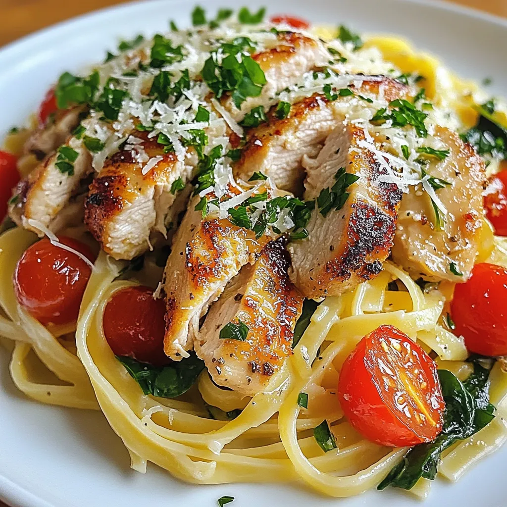 - 8 oz linguine or spaghetti - 2 boneless chicken breasts, sliced into strips - 4 tablespoons unsalted butter - 4 cloves garlic, minced - 1 teaspoon red pepper flakes (adjust to taste) - 1 cup cherry tomatoes, halved - 1 cup baby spinach - 1/2 cup grated Parmesan cheese - Salt and pepper to taste - Fresh parsley, chopped (for garnish) For pasta, I like Barilla or De Cecco. Both brands cook well and taste great. If you want a healthier option, try whole wheat pasta. For chicken, choose organic or free-range if possible. This makes a big difference in flavor. When it comes to butter, I prefer Kerrygold for its rich taste. You can swap Parmesan with Pecorino Romano if you're looking for a sharper flavor. When picking chicken, look for bright pink meat with no smell. Fresh pasta should feel firm, not sticky. For garlic, choose bulbs that feel heavy and firm. Avoid any that have sprouted or feel soft. When buying tomatoes, pick ones that are bright and firm. Spinach should be vibrant green with no wilting. Always check the expiration date on cheese, as freshness matters for taste. {{ingredient_image_1}} Start by boiling water in a large pot. Add salt to the water. Once it boils, add 8 ounces of linguine or spaghetti. Cook the pasta according to the package directions until it is al dente. This usually takes around 8-10 minutes. When done, save 1/2 cup of pasta water, then drain the pasta. Set it aside. This water will help your sauce later. In a large skillet, melt 2 tablespoons of butter over medium heat. Slice 2 boneless chicken breasts into strips. Season the chicken with salt and pepper. Add the chicken to the skillet. Cook it for about 5-7 minutes. Stir occasionally until the chicken is cooked through and golden brown. Once done, remove the chicken from the skillet and set it aside. In the same skillet, add the remaining 2 tablespoons of butter. Let it melt. Then, add 4 minced garlic cloves and 1 teaspoon of red pepper flakes. Sauté this mixture for 1-2 minutes. The garlic should smell great but avoid burning it. Burning will change the flavor and make it bitter. Next, add 1 cup of halved cherry tomatoes to the skillet. Cook them for about 3 minutes until they begin to soften. Then, stir in 1 cup of baby spinach. Cook the spinach until it wilts down. After that, return the cooked chicken to the skillet. Add the drained pasta. Toss everything well. If the mixture seems dry, add some of the reserved pasta water. Finally, stir in 1/2 cup of grated Parmesan cheese until everything is mixed well. Divide the pasta into bowls. For a fresh touch, garnish with chopped fresh parsley. You can also sprinkle more Parmesan cheese on top if you'd like. This dish is best served warm. Enjoy your delicious Garlic Butter Chicken Pasta! To cook pasta, use a large pot. Bring salted water to a boil. Add your linguine or spaghetti. Stir the pasta to keep it from sticking. Cook it until it’s al dente. This means it should be firm but not hard. Reserve half a cup of the pasta water before draining. This water helps to create a smooth sauce. If you like heat, add more red pepper flakes. Start with one teaspoon to see how it feels. You can always add more later. If you want less spice, use half a teaspoon. Another way to cool the heat is to add more butter. This makes the dish rich and creamy. Garlic is the star of this dish. Use fresh garlic for the best taste. Mince it finely to release its oils. Sauté it in melted butter for one to two minutes. Be careful not to burn it, or it will taste bitter. The garlic should turn fragrant and lightly golden. This adds a deep flavor to the entire meal. You can also add more garlic if you love it! Pro Tips Use Fresh Ingredients: Fresh garlic and ripe tomatoes will enhance the flavor of the dish significantly. Always opt for the freshest produce available. Perfectly Cooked Pasta: Make sure to cook the pasta al dente. This helps retain a good texture and prevents it from becoming mushy when mixed with the sauce. Adjust Spice Levels: Feel free to adjust the amount of red pepper flakes according to your spice tolerance. Start with a small amount and add more if desired. Garnish for Flavor: Don’t skip the fresh parsley! It adds a pop of color and a fresh flavor that complements the richness of the garlic butter sauce. {{image_2}} You can boost the nutrition of your Garlic Butter Chicken Pasta by adding vegetables. I love using fresh veggies. Try adding bell peppers, zucchini, or broccoli. These add color and crunch. You can toss them into the skillet while you cook the chicken. This way, they absorb all the garlic flavor. You can also use frozen mixed vegetables if you are short on time. Just add them when you add the cherry tomatoes. If you need a gluten-free meal, swap the pasta. Use gluten-free linguine or spaghetti. Many brands offer great taste and texture. You can also use spiralized vegetables, like zucchini or carrots. This gives you a lighter, veggie-packed dish. Cook the noodles according to their package instructions. The rest of the recipe stays the same. You won’t miss the gluten! Want to change up the protein? You can easily use shrimp or tofu. If you choose shrimp, add it to the skillet after the garlic. Cook until it's pink and tender. For tofu, press and cube it first. Sauté it until golden brown. You can even use cooked sausage for a heartier dish. Each option brings a unique flavor to the pasta! To keep leftovers fresh, let the pasta cool. Place it in an airtight container. You can store it in the fridge for up to three days. Make sure to separate the chicken and pasta if you can. This helps keep the chicken juicy. When reheating, use a skillet for best results. Add a splash of water or broth to the pan. Heat over low until warm. Stir gently, so it heats evenly. You can also use the microwave. Just put it in a bowl and cover it. Heat in short bursts, stirring in between. You can freeze this dish for later. First, let it cool completely. Then, pack it in a freezer-safe container. It will last for up to three months. To thaw, move it to the fridge overnight. Reheat as mentioned before. This keeps the flavors bright and tasty! Yes, you can use whole wheat pasta. Whole wheat adds a nutty flavor and more fiber. It cooks a bit longer, so check the package for timing. This change makes the meal healthier while still tasty. If you don't have Parmesan, try Pecorino Romano or nutritional yeast. Both give a nice cheesy taste. You can also use a blend of cream cheese and a little salt for a creamy texture. To reduce spice, skip the red pepper flakes. You can also add more butter or cheese. This will balance the flavors and keep the dish mild. Fresh herbs like parsley can also add flavor without heat. Yes, you can prepare the chicken and sauce ahead. Cook the pasta fresh to keep it from getting mushy. Store the chicken and sauce in the fridge for up to two days. Reheat gently before serving for best results. This article covered the key steps to make a tasty pasta dish. We explored the best ingredients, cooking methods, and helpful tips. Remember, fresh ingredients boost flavor, and adjusting spices lets you tailor the dish to your taste. Adding veggies or trying different proteins can make it unique. With proper storage, you can enjoy leftovers too. Experiment and have fun in your kitchen. Trust me, you’ll love the results!