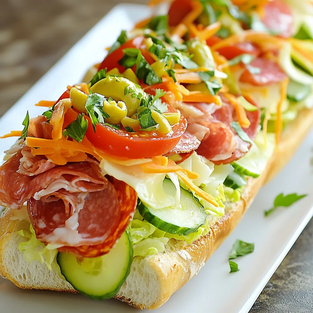 To make a great Italian Grinder Salad Sandwich, gather these fresh ingredients: - 1 baguette or hoagie roll - 1 cup shredded lettuce - 1 cup diced tomatoes - 1/2 cup diced cucumbers - 1/2 cup shredded carrots - 1/4 cup sliced red onion - 1/2 cup sliced pepperoncini peppers - 1 cup sliced deli meats (capicola, salami, and turkey) - 1/2 cup provolone cheese, sliced - 1/4 cup green olives, sliced - 1/4 cup Italian dressing (store-bought or homemade) - Salt and pepper to taste - Fresh parsley for garnish Each of these ingredients brings a burst of flavor. The fresh veggies add crunch. The meats give heartiness. The cheese melts perfectly with the other flavors. You can make this sandwich your own with some fun add-ins: - Avocado slices for creaminess - Roasted red peppers for sweetness - Spinach or arugula for extra greens - Jalapeños for a spicy kick These options allow you to customize the sandwich based on your taste. Feel free to mix and match as you like! Choosing the right bread is key for this sandwich. Here are some great options: - A crusty baguette for a crunchy bite - A soft hoagie roll for easy handling - Ciabatta for a chewy texture Each bread type will hold the fillings well and add to the overall taste. Pick one that you enjoy most! {{ingredient_image_1}} To start, grab a large bowl. Place your shredded lettuce at the bottom. Next, add in the diced tomatoes, diced cucumbers, shredded carrots, sliced red onion, and sliced pepperoncini. This mix brings a fresh crunch to your sandwich. Toss everything together gently. Now, add the sliced green olives and toss once more. Drizzle Italian dressing over the top. Season with salt and pepper to taste. Mix again until all the veggies are coated well. Now it’s time to build your sandwich. Take your baguette or hoagie roll and slice it lengthwise. Be careful not to cut all the way through! Lay down the deli meats on one side. I like to use capicola, salami, and turkey for a tasty blend. On top of the meats, place the provolone cheese slices. Then, take a generous scoop of your salad mix and place it right on top. This adds a burst of flavor and color! Once you’ve added the salad mix, gently close the sandwich. It should look packed with flavor! For a nice touch, you can sprinkle some chopped fresh parsley on top. This adds a lovely pop of color and freshness. Lastly, slice the sandwich in half for easy eating. Enjoy your Italian Grinder Salad Sandwich with a side of chips or a pickle! To make your Italian Grinder Salad Sandwich shine, use fresh ingredients. Fresh veggies add crunch and taste. I love adding a good drizzle of Italian dressing. It brings all the flavors together. Don’t skimp on the salt and pepper. These simple seasonings enhance the dish. For a spicy kick, add more pepperoncini. To keep your sandwich fresh, store it in the fridge. Wrap it in plastic wrap or foil. This helps keep the bread from getting soggy. If you can, assemble it right before eating. This keeps the crunch of the veggies. If you need to prep ahead, store the salad mix and bread separately. Pair your sandwich with a light salad or chips. A side of fresh fruit works well too. For a drink, try a sparkling water or iced tea. These keep your meal light and fun. If you want more flavor, serve it with marinated olives. They match perfectly with the sandwich. Pro Tips Fresh Ingredients: Use the freshest produce available for the best flavor and crunch in your salad. Fresh veggies not only taste better but also enhance the overall appeal of your sandwich. Layering Technique: When assembling your sandwich, layer your ingredients strategically. Start with meats, then cheese, and finally the salad mix. This helps keep the bread from getting soggy. Homemade Dressing: Consider making your own Italian dressing for a personal touch. A simple blend of olive oil, vinegar, oregano, and garlic can elevate the flavor profile of your sandwich. Chill Before Serving: If time permits, let your sandwich rest in the fridge for about 10-15 minutes after assembling. This allows the flavors to meld together, making each bite even more delicious! {{image_2}} You can make this sandwich vegetarian by skipping the meats. Use extra veggies, like bell peppers or radishes, to add crunch. For a vegan twist, replace the provolone with vegan cheese. You can also use hummus or avocado for creaminess. This keeps the sandwich fresh and tasty. While provolone is a classic choice, feel free to mix it up! Mozzarella adds a milder flavor. For a bolder taste, try sharp cheddar or pepper jack. Each cheese brings its own unique flavor to the sandwich. Choose what you love best! If you want to change the meats, there are many options. Try ham or roast beef for a different flavor. You can also use turkey for a leaner choice. For a fun twist, add grilled chicken or even bacon. Experiment with what you enjoy! To keep your Italian Grinder Salad Sandwich fresh, wrap it in foil or plastic wrap. Store it in the fridge for up to two days. This helps maintain the bread's texture and the salad's crunch. If you made the salad mix ahead, store it in a separate container. This way, the veggies stay crisp. If you want to warm your sandwich, preheat the oven to 350°F (175°C). Wrap the sandwich in foil and heat for about 10 minutes. This warms the meat and melts the cheese without making the bread soggy. Avoid the microwave, as it can make the bread chewy. For long-term storage, you can freeze the sandwich. Wrap it tightly in foil, then place it in a freezer bag. It can last up to three months in the freezer. When you're ready to eat, thaw it overnight in the fridge. Then, follow the reheating instructions to enjoy it hot and fresh again. An Italian Grinder Salad Sandwich is a fun mix of fresh salad and deli meats. It uses a baguette or hoagie roll to hold a tasty salad. You fill it with lettuce, tomatoes, cucumbers, and more. The sandwich also has pepperoncini for a little zing. Deli meats like capicola, salami, and turkey give it a hearty feel. Provolone cheese adds creaminess. The best part is drizzling Italian dressing over everything for flavor. To make this sandwich healthier, start with whole grain bread. Whole grains have more fiber and nutrients. You can also add more veggies like bell peppers or spinach. Cutting down on deli meats can help too. Use leaner meats like turkey or chicken. You might also try a lighter dressing or use less dressing overall. Adding fresh herbs can boost flavor without extra calories. Yes, you can use gluten-free bread for this recipe. Many stores offer gluten-free baguettes or rolls. Check the label to make sure it fits your diet. Gluten-free bread may taste different but still works great. The key is to enjoy your sandwich just like everyone else. Besides Italian dressing, other dressings can fit well. Try a balsamic vinaigrette for a tangy twist. Honey mustard adds a sweet touch. Ranch dressing gives a creamy feel. You could also use a simple olive oil and vinegar mix for a light taste. Each dressing changes the flavor and makes it special. This blog post covered how to make the Italian Grinder Salad Sandwich. We looked at key ingredients, with options for add-ins and types of bread. I shared step-by-step instructions for the salad mix and sandwich assembly. We talked about tips to keep the sandwich fresh and suggested tasty sides. I also offered variations for diets and storage advice. In the end, this sandwich is easy and rewarding. Enjoy crafting your perfect Italian Grinder Salad Sandwich!