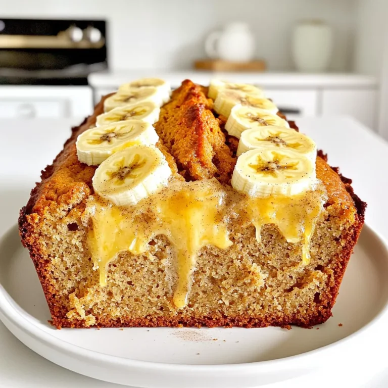 - 3 ripe bananas, mashed - 1/2 cup (115g) unsalted butter, browned - 1 cup (200g) granulated sugar - 2 large eggs, room temperature - 1 teaspoon vanilla extract - 1 teaspoon baking soda - 1/4 teaspoon salt - 1 1/2 cups (190g) all-purpose flour The key to great banana bread is ripe bananas. Look for bananas with brown spots. They add sweetness and flavor. Don’t skip browning the butter. This step gives a rich, nutty taste. - 1/2 teaspoon ground cinnamon (optional) - 1/2 cup (85g) chopped walnuts or pecans (optional) Adding cinnamon boosts warmth and flavor. Nuts add crunch and texture. Feel free to mix and match. You can even try chocolate chips for a treat! - 9x5-inch loaf pan - Medium saucepan - Large mixing bowl - Whisk or spoon - Measuring cups and spoons Use a sturdy loaf pan to hold the batter. A medium saucepan helps you brown the butter evenly. A large bowl is great for mixing all the wet ingredients together. Prepare your tools before starting to keep things easy. First, set your oven to 350°F (175°C). This is the best temperature for baking. While the oven warms up, grab a 9x5-inch loaf pan. Grease it well with butter or cooking spray. Then, dust it with flour to avoid sticking. This simple step makes it easy to remove the bread later. Now, let’s brown the butter. In a small saucepan, melt the unsalted butter over medium heat. Keep an eye on it as it melts. Stir often and watch for a golden color. You want a nutty aroma, which means it’s perfect. This process takes about 5-7 minutes. Once done, remove it from the heat and let it cool a bit. In a large bowl, mash the ripe bananas. Then, add the cooled browned butter and granulated sugar. Mix them well until smooth. Next, beat in the eggs one at a time. Make sure each egg is mixed in fully before adding the next. Add in the vanilla extract, stirring until combined. In another bowl, whisk the baking soda, salt, flour, and cinnamon if you choose to use it. Gradually add this dry mix to the banana mix. Gently fold until just combined. Avoid overmixing to keep the bread soft. Pour the batter into your prepared loaf pan. Smooth the top with a spatula for even baking. Place it in the oven and bake for 55-60 minutes. Use a toothpick to check for doneness. If it comes out clean, the bread is ready. Once baked, let the bread cool in the pan for about 10 minutes. After that, transfer it to a wire rack. This allows it to cool completely. When serving, slice the bread warm. A little butter or honey on top adds a nice touch. Garnish with banana slices and a sprinkle of cinnamon for a beautiful look. Enjoy every bite! To make great banana bread, start with ripe bananas. Look for bananas with brown spots. The more spots, the sweeter the bananas. If they are mostly yellow, they are not ripe enough. You can also let them sit on the counter for a few days. This will help them ripen faster. Using ripe bananas gives your bread a rich flavor. Sometimes your banana bread may not turn out as expected. Here are some common issues and how to fix them: - It’s too dry: You may have added too much flour. Measure carefully and use the scoop and level method. - It’s too wet: This can happen if you used large bananas. Adjust the next time by using smaller bananas. - It’s dense: Overmixing can cause your bread to be heavy. Mix until just combined for a lighter texture. - It didn’t rise: Check that your baking soda is fresh. Old baking soda may not give the rise you need. You can add spices and extras for more flavor. Here are some ideas: - Cinnamon: Adding 1/2 teaspoon of ground cinnamon makes the bread warm and cozy. - Nuts: Chopped walnuts or pecans add a nice crunch. Fold in 1/2 cup for extra texture. - Chocolate chips: Mix in 1/2 cup of chocolate chips for a sweet twist. - Vanilla bean: Swap the vanilla extract for a fresh vanilla bean for a richer taste. These simple tweaks can take your brown butter banana bread to the next level! {{image_2}} You can add chocolate chips to your banana bread. This gives it a sweet boost. Use about 1 cup of semi-sweet chocolate chips. Stir them into the batter before baking. The warm chocolate melts and mixes with the moist bread. It's a match made in heaven. Kids and adults will love this twist! If you have nut allergies, no problem! You can skip the nuts or swap them out. Try adding seeds instead. Pumpkin seeds or sunflower seeds work well. They add crunch and flavor without nuts. You can also add a handful of dried fruit, like raisins or cranberries. This adds sweetness and texture. Want to make this bread gluten-free? It's easy! Use a gluten-free flour blend instead of all-purpose flour. Look for blends with xanthan gum for the best results. Follow the same steps in the recipe. Your bread will still taste great and be moist. Enjoy your gluten-free treat without worry! To keep your brown butter banana bread fresh, wrap it well. Use plastic wrap or aluminum foil. Store it at room temperature for up to three days. If you want to keep it longer, move it to the fridge. Just remember, the bread might dry out a bit in the fridge. Freezing is a great option for longer storage. First, let the bread cool completely. Then, slice it into pieces. Wrap each slice tightly in plastic wrap. Place the wrapped slices in a freezer-safe bag. This way, you can enjoy a slice any time you want! It can last up to three months in the freezer. Reheating your brown butter banana bread is easy. If it's frozen, let it thaw in the fridge overnight. For a quick warm-up, pop a slice in the microwave for about 15-20 seconds. You can also toast it in a pan or toaster for a crispy edge. Serve it warm with a little butter or honey for extra flavor! Yes, you can use frozen bananas. Just thaw them first. They will mash well. This helps keep the bread moist. Frozen bananas also add great flavor. You can use white sugar instead. If you want a richer taste, add a bit of molasses. This gives a similar flavor to brown sugar. You can also mix white sugar with a touch of honey for sweetness. Your banana bread will stay fresh for about four days at room temperature. Store it in an airtight container to keep it moist. You can also refrigerate it for up to a week. Yes, you can make this recipe dairy-free. Use coconut oil or a dairy-free butter substitute. This keeps the bread moist and adds a unique flavor. Just make sure that your other ingredients are also dairy-free. Brown butter banana bread is a delight with so many options. We covered key ingredients, step-by-step baking, and tips for perfect results. Variations like adding chocolate or making it gluten-free keep it fresh. Remember these storage tips for long-lasting enjoyment. Whether you're a novice or an expert, you can make this bread shine. Enjoy it warm or save some for later. Baking is fun, and this banana bread will impress everyone!