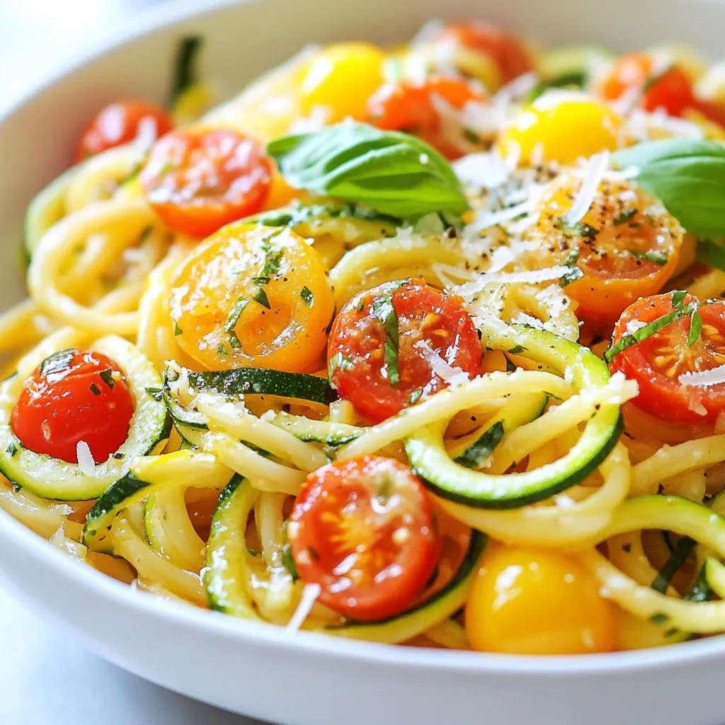 - 8 oz spaghetti or your choice of pasta - 2 medium zucchinis, spiralized or sliced - 2 cups cherry tomatoes, halved - 3 cloves garlic, minced - 3 tablespoons olive oil - 1 teaspoon dried oregano - 1 teaspoon crushed red pepper flakes (optional for heat) - Salt and pepper to taste - Fresh basil leaves for garnish - Grated Parmesan cheese (optional) The main ingredients in this dish create a fresh and light meal. I love using spaghetti because it holds the sauce well, but any pasta works. Zucchini adds a nice texture and a slight crunch, while cherry tomatoes burst with sweetness. The flavoring ingredients make this dish shine. Garlic adds depth, and olive oil gives a rich finish. Oregano brings that classic Italian taste. If you want a little heat, add red pepper flakes. Season with salt and pepper to enhance all the flavors. For a pop of color and taste, fresh basil leaves are a must. Sprinkling some grated Parmesan cheese on top adds a creamy touch. This simple combination creates a delightful dish that's perfect for any day. {{ingredient_image_1}} To start, bring a large pot of water to a boil. Add a generous amount of salt to the water. This helps to flavor the pasta. Once the water is bubbling, add your 8 oz of spaghetti or your pasta choice. Cook the pasta for about 8-10 minutes. You want it to be al dente, meaning firm to the bite. When it's done, save 1 cup of pasta water. Then, drain the pasta and set it aside. Next, let’s prepare the vegetables. In a large skillet, heat 3 tablespoons of olive oil over medium heat. When the oil is warm, add 3 minced garlic cloves. Cook the garlic for about 1 minute until it smells great. Then, add 2 medium zucchinis, spiralized or sliced, and 2 cups of halved cherry tomatoes. Sauté these for 5-7 minutes. You want them tender but still a bit crisp. Now it’s time to mix everything. Stir in 1 teaspoon of dried oregano and 1 teaspoon of crushed red pepper flakes if you like heat. Add salt and pepper to taste. Next, add the cooked pasta to the skillet. Toss everything together well. If the pasta looks dry, add a bit of the reserved pasta water. This will help reach the right consistency. To get the best flavor, cook your zucchini and tomatoes for about 5 to 7 minutes. This time keeps them tender, yet crunchy. Start with the garlic in olive oil. Cook it for just 1 minute until it smells amazing. Add the zucchini and tomatoes next. Stir them gently to avoid mushiness. Present your pasta in a large, shallow bowl. This creates a nice look. Top it with fresh basil leaves and a sprinkle of Parmesan cheese. A drizzle of olive oil adds richness and flavor. This simple touch makes your dish shine! If you need a gluten-free option, choose gluten-free pasta. Many brands make great choices. For a vegan version, skip the Parmesan cheese or use a plant-based alternative. This way, everyone can enjoy this tasty meal! Pro Tips Use Fresh Ingredients: Opt for fresh zucchini and ripe cherry tomatoes for the best flavor and texture in your dish. Adjust the Spiciness: Modify the amount of crushed red pepper flakes according to your heat preference; you can leave them out for a milder dish. Reserve Pasta Water: Always save some pasta water before draining; it’s perfect for adjusting the sauce consistency. Customize Your Pasta: Feel free to mix in additional vegetables or protein, such as spinach or grilled chicken, to make the dish heartier. {{image_2}} You can change up the type of pasta in this dish. Whole wheat pasta adds fiber and a nutty flavor. It makes the meal more filling and healthy. Gluten-free options, like brown rice or quinoa pasta, work great too. They let everyone enjoy this dish, no matter their diet. Adding more veggies makes this pasta even better. Bell peppers bring a sweet crunch. Spinach adds color and nutrients. You can also use seasonal vegetables like asparagus or peas. This makes the dish fresh and fun! Let’s get creative with flavors! Adding cheese, like feta or goat cheese, makes a rich taste. You can also try different spices, like thyme or basil. Fresh herbs brighten the dish and add more depth. Don’t be afraid to mix and match! To keep your Tomato Zucchini Pasta fresh, use airtight containers. Glass or BPA-free plastic works well. Store leftovers in the fridge for up to three days. If you want to keep it longer, consider freezing it. When reheating, avoid the microwave if possible. It can make the pasta mushy. Instead, use a skillet over medium heat. Add a splash of water or olive oil. Stir gently until heated through. Aim for a temperature of 165°F to ensure it's safe to eat. You can freeze Tomato Zucchini Pasta for quick meals later. Place it in a freezer-safe container, and it can last up to three months. For thawing, move it to the fridge overnight. Reheat in a skillet and add a little water or oil to restore moisture. To make Tomato Zucchini Pasta vegan, skip the Parmesan cheese. You can use nutritional yeast as a cheese substitute. It adds a nice flavor and is dairy-free. You can also try vegan cheese if you prefer a more creamy taste. For protein, you can add chickpeas or lentils. Both add good texture and protein. You can also toss in some sautéed mushrooms for a meaty feel. Just cook them until they're soft and golden. Yes, you can use different types of tomatoes. Fresh tomatoes bring bright flavor, while canned tomatoes are easy and convenient. For fresh tomatoes, try Roma or vine-ripened tomatoes. They have great taste and hold up well in cooking. If you use canned tomatoes, choose whole or diced ones. They save time and taste good too. You can serve Tomato Zucchini Pasta with many side dishes. A fresh green salad pairs well with the pasta. You can also serve garlic bread for a tasty side. If you enjoy wine, a light white wine goes well with this dish. A crisp Sauvignon Blanc or a dry Pinot Grigio can enhance the meal. In this blog post, I covered how to make a delicious Tomato Zucchini Pasta. We looked at essential ingredients, like spaghetti, zucchini, and cherry tomatoes, plus tips for perfect sautéing and serving. Variations allow for personalization with different pasta types and veggies. Storing leftovers and reheating tips help keep your meal fresh. Remember, cooking is about experimenting and enjoying flavors. Try different options to find what you love most. Happy cooking!