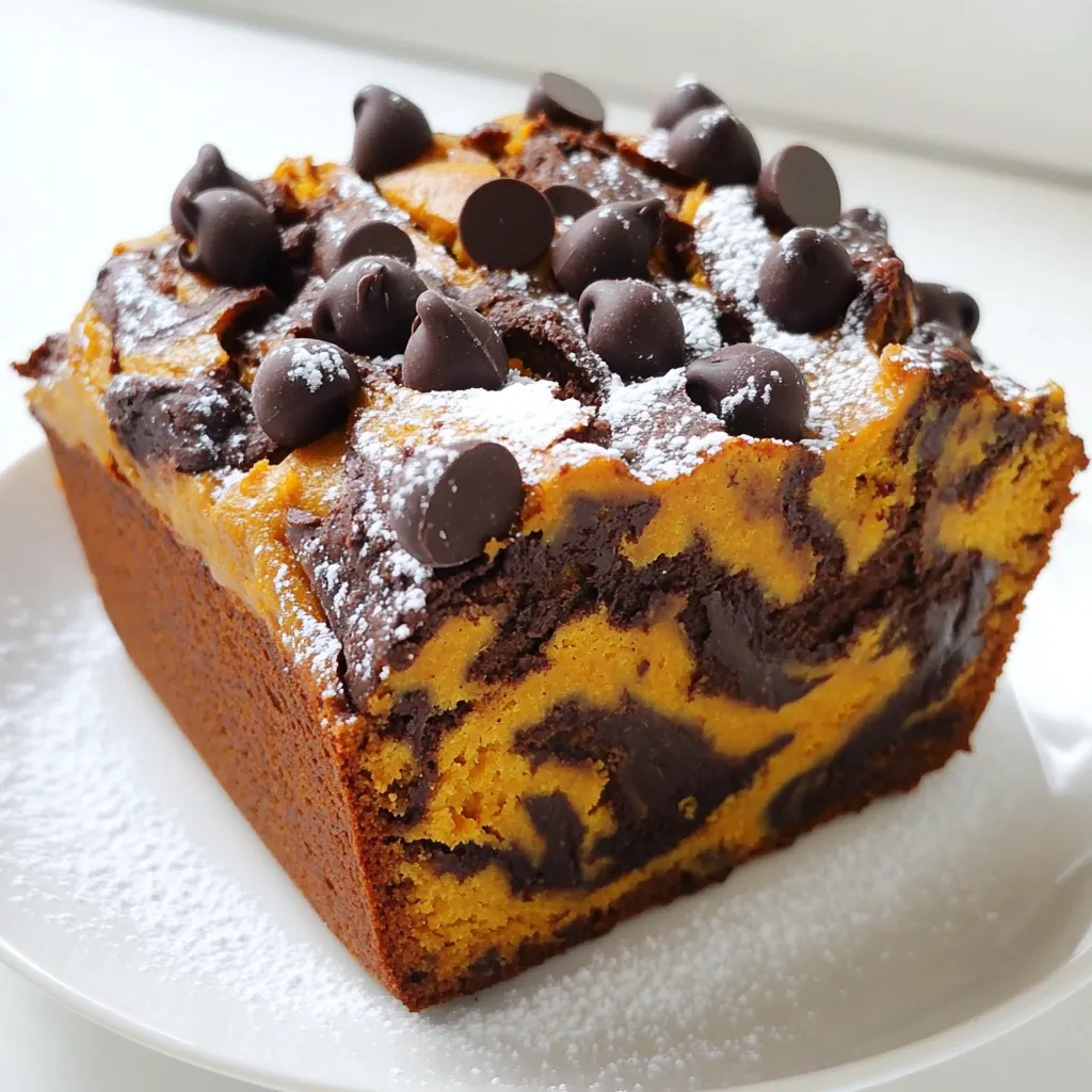 - 1 cup pumpkin puree - 1/2 cup granulated sugar - 1/2 cup brown sugar - 1/2 cup vegetable oil - 2 large eggs - 1 teaspoon vanilla extract - 1 1/2 cups all-purpose flour - 1 teaspoon baking soda - 1 teaspoon baking powder - 1 teaspoon ground cinnamon - 1/2 teaspoon ground nutmeg - 1/4 teaspoon salt - 1/2 cup unsweetened cocoa powder - 1/4 cup milk - 1/2 cup semi-sweet chocolate chips Let’s break down these ingredients. The star of our bread is pumpkin puree. It gives the bread its moist texture and rich taste. You can use canned or fresh pumpkin. Next, we have sugars. Granulated sugar adds sweetness, while brown sugar brings in a nice, deep flavor. Vegetable oil keeps the bread soft. Eggs act as a binder and provide structure. Vanilla extract adds a warm aroma. All-purpose flour gives the bread its body. The baking soda and baking powder help it rise. Spices like ground cinnamon and nutmeg add warmth. Salt balances the sweetness. Cocoa powder creates the chocolate layer. Milk helps to mix the cocoa smoothly. Finally, semi-sweet chocolate chips add bursts of chocolate in every bite. This mix of ingredients works together to create a bread that is both tasty and beautiful. You will enjoy the blend of flavors, especially the way the pumpkin and chocolate come together. - Preheat the oven to 350°F (175°C). - Grease a 9x5 inch loaf pan with cooking spray or line it with parchment paper. - In a large bowl, whisk together: - 1 cup pumpkin puree - 1/2 cup granulated sugar - 1/2 cup brown sugar - 1/2 cup vegetable oil - 2 large eggs - 1 teaspoon vanilla extract This mix gives your bread its rich, moist base. - In another bowl, sift together: - 1 1/2 cups all-purpose flour - 1 teaspoon baking soda - 1 teaspoon baking powder - 1 teaspoon ground cinnamon - 1/2 teaspoon ground nutmeg - 1/4 teaspoon salt Sifting helps mix the dry items well and adds air for fluffiness. - Gradually add the dry mix to the wet mix, stirring gently. - Divide the batter in half. - To one half, add: - 1/2 cup unsweetened cocoa powder - 1/4 cup milk Mix until smooth for a rich chocolate batter. - Pour half of the pumpkin batter into the loaf pan. - Next, add half of the chocolate batter. - Repeat with the remaining batters. - Use a knife or skewer to swirl the batters together for a marbled look. - Bake in the preheated oven for 50-60 minutes. - Check if a toothpick comes out clean from the center. - Once baked, cool in the pan for 10 minutes. - Transfer to a wire rack to cool completely. Enjoy the warm, cozy aroma of this bread as it bakes! Do not overmix your batter. Mixing too much can make the bread tough. When you combine the wet and dry ingredients, stir just until you see no dry flour. This keeps the bread soft and moist. To create the best marble effect, layer the batters carefully. Pour the pumpkin batter first, then the chocolate batter. Use a knife or skewer to gently swirl them together. Don’t mix too much! You want to see both colors. This makes the bread look beautiful and tasty. You can switch up sweeteners and oils if you want. Try using honey or maple syrup instead of sugar. For oils, coconut oil adds a nice flavor. You can also use applesauce for a lower fat option. These changes can give your bread a new twist! {{image_2}} You can spice up this bread with seasonal flavors. Try adding: - 1 teaspoon ground ginger for warmth. - 1 teaspoon ground cloves for depth. - 1/2 cup chopped nuts like walnuts or pecans for crunch. These add-ins will give your bread a festive twist. You can mix and match spices to fit your taste. If you want to make this bread gluten-free, use a gluten-free flour blend. This helps keep the texture light. For a vegan option, swap the eggs with: - 1/4 cup unsweetened applesauce per egg. - 1 tablespoon ground flaxseed mixed with 2.5 tablespoons water (let it sit). These swaps make the bread just as tasty without eggs or gluten. You can change the chocolate for different flavors. Use dark chocolate chips for a rich taste. White chocolate chips can add a sweet contrast. Both options keep the bread fun and unique. Choose what suits your taste best. To keep your pumpkin chocolate marble bread fresh, let it cool completely. Wrap the bread in plastic wrap or aluminum foil. You can also store it in an airtight container. Keep it at room temperature for up to three days. If you want to save it longer, refrigeration is a good option, but it may dry out a bit. Freezing is easy and great for long-term storage. Slice the bread before freezing. Wrap each slice in plastic wrap, then place them in a freezer bag. This keeps them from sticking together. You can freeze it for up to three months. To thaw, take out the slices and let them sit at room temperature. You can also microwave them for quick use. To enjoy your bread warm, preheat your oven to 350°F. Place the slices on a baking sheet and heat for about 10 minutes. This way, the bread stays soft and moist. You can also use a toaster oven for quick reheating. If you prefer, a microwave works too; just heat for 15-20 seconds. Enjoy your delicious treat! Yes, you can use fresh pumpkin. Just make sure to cook and puree it first. Fresh pumpkin offers a bright flavor. However, canned pumpkin is very convenient and consistent. Both work well in this recipe. This bread lasts about 3-5 days at room temperature. Store it in an airtight container. You can also refrigerate it for up to a week. Just remember to wrap it well to keep it moist. Absolutely! You can prepare the batter a day ahead. Store it in the fridge before baking. You can also bake the bread, then cool it. Wrap it tightly and store it for later use. You can switch the pumpkin for other purees, like banana or applesauce. Add spices like ginger or allspice for more flavor. You can even swap the chocolate for nuts or dried fruit. The possibilities are endless! This recipe for pumpkin chocolate marble bread blends rich flavors and textures. We cover the key ingredients, step-by-step instructions, and tips for perfecting each bite. Remember to store it well for lasting freshness. You can even freeze and reheat slices for later. Enjoy different variations to keep it exciting each time. With these details, you’ll be able to make a delicious treat that impresses everyone. Keep experimenting, and you'll find your ideal twist on this classic recipe!