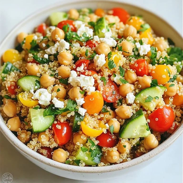 - 1 cup cooked quinoa - 1 can (15 oz) chickpeas, drained and rinsed - 1 cup cherry tomatoes, halved - 1 cucumber, diced - 1 red bell pepper, diced - 1/2 red onion, finely chopped - 1/4 cup fresh parsley, chopped - 1/4 cup feta cheese, crumbled (optional) - Juice of 1 lemon - 2 tablespoons olive oil - 1 teaspoon cumin - Salt and pepper to taste You will need fresh and flavorful items for your salad. Start with cooked quinoa. Quinoa is a great source of protein. It has a nice nutty taste. Next, grab a can of chickpeas. Rinse and drain them well. Chickpeas add creaminess and protein to the dish. Now, add some color! Use cherry tomatoes, a cucumber, and a red bell pepper. Halve the tomatoes, dice the cucumber, and chop the pepper. These veggies give crunch and freshness. Next, add half a red onion for a mild zing. Finally, chop some fresh parsley for a burst of flavor. If you like, add crumbled feta cheese for a creamy touch. For the dressing, squeeze the juice of one lemon into a bowl. Mix in two tablespoons of olive oil, a teaspoon of cumin, and salt and pepper. This dressing pulls all the flavors together. Gather all these ingredients, and you are ready to create a colorful and tasty salad! {{ingredient_image_1}} - Combine quinoa and chickpeas In a large mixing bowl, add 1 cup of cooked quinoa and 1 can of drained and rinsed chickpeas. Mix them well. This base gives your salad a hearty texture. - Add vegetables to the mixture Next, toss in 1 cup of halved cherry tomatoes, 1 diced cucumber, 1 diced red bell pepper, and 1/2 finely chopped red onion. Don't forget 1/4 cup of fresh chopped parsley. This adds color and flavor. - Make the dressing In a small bowl, whisk together the juice of 1 lemon, 2 tablespoons of olive oil, 1 teaspoon of cumin, and salt and pepper to taste. This dressing ties all the flavors together. - Toss salad ingredients with dressing Pour the dressing over your salad mix. Toss gently until everything is well coated. Make sure every bite gets that tasty dressing. - Incorporate feta cheese (optional) If you like, sprinkle on 1/4 cup of crumbled feta cheese. Toss lightly to mix it in. This adds a nice creamy touch. - Let flavors meld before serving Allow the salad to rest for about 10 minutes. This lets the flavors blend and taste even better. Serve it fresh and enjoy! - How to cook quinoa perfectly: Rinse 1 cup of quinoa under cold water. Bring 2 cups of water to a boil in a pot. Add the rinsed quinoa and a pinch of salt. Reduce heat to low, cover, and simmer for 15 minutes or until water is absorbed. Fluff with a fork. - Rinsing chickpeas for better flavor: Use a can of chickpeas. Drain and rinse them under cold water. This step removes excess salt and improves taste. It also enhances the texture in your salad. - Choosing fresh vegetables: Look for bright colors and firm textures. Cherry tomatoes should be plump, cucumbers should be crisp, and bell peppers should be shiny. Fresh veggies add crunch and flavor to your salad. - Creative serving options: Serve your salad in individual mason jars. This fun idea makes each serving portable and pretty. Layer the ingredients for a colorful display. - Garnishes to enhance presentation: Add a sprinkle of fresh parsley or a lemon wedge on the side. These simple touches give your salad a bright look. They also add a burst of flavor with each bite. Pro Tips Fresh Ingredients: Use fresh vegetables for the best flavor and texture in your salad. Chill Before Serving: Let the salad sit in the refrigerator for an hour before serving to enhance the flavors. Customize Your Dressing: Feel free to add herbs like basil or mint to the dressing for an extra flavor boost. Protein Boost: Add grilled chicken or tofu for added protein if you want to make it a more filling meal. {{image_2}} You can change ingredients to fit your taste. Swap quinoa for brown rice or farro. This keeps the salad hearty and adds different flavors. If you want more protein, add tofu or nuts. Tofu is great for a soft texture, while nuts add a nice crunch. For a vegan option, skip the feta cheese. This keeps the salad plant-based but still tasty. Try new dressings to keep things fresh. A balsamic vinaigrette or a tahini dressing can change the flavor. You can also add spices like paprika or chili powder for a kick. This lets you play with different tastes. Each dressing can change the salad's vibe. Enjoy experimenting! To keep your Hearty Quinoa & Chickpea Salad fresh, refrigerate it right away. Place the salad in an airtight container. This helps keep moisture in and air out. You can also use glass jars for storage. Glass jars let you see the salad inside. This makes it easy to grab a quick meal. Your salad will stay fresh for about three to four days in the fridge. After that, it may lose its taste and texture. Look for signs of spoilage: wilted veggies, strange smells, or a slimy feel. If you notice any of these, it's best to toss the salad. Enjoy your healthy meal within a few days for the best flavor and nutrition! You can boost the protein in your salad by adding more chickpeas or quinoa. Other great options are nuts, seeds, or even tofu. You might also try adding edamame or lentils for a protein kick. Yes, you can prepare this salad in advance. Just keep the dressing separate until you are ready to eat. This will keep the salad fresh and prevent it from getting soggy. You can add many vegetarian protein sources, such as black beans, kidney beans, or hemp seeds. Try including tempeh or nutritional yeast as well. All these options give extra protein and flavor. Yes, this salad is gluten-free! Quinoa and chickpeas are both gluten-free. Just make sure your other ingredients, like feta cheese, are also gluten-free. This makes it a great choice for those with gluten sensitivities. This blog post shared easy steps to make a tasty chickpea salad. You learned about the key ingredients, preparation steps, and useful tips. We explored tasty variations and how to store your salad. In conclusion, this recipe is simple, healthy, and adaptable. You can make it your own with ease. Enjoy creating this dish, and let it bring flavor and joy to your meals. Eating well is fun when you try new recipes!