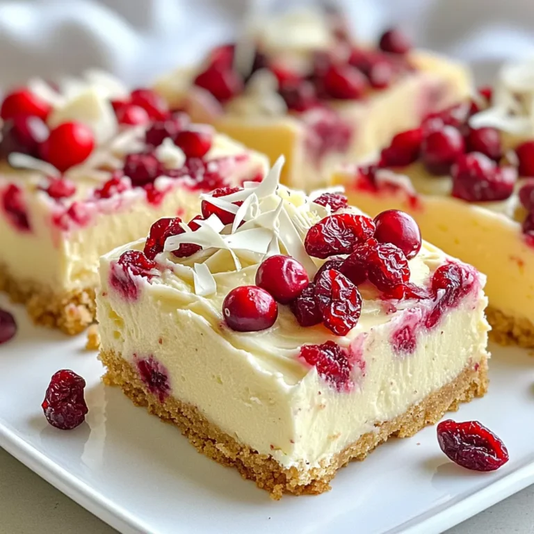 - 1 cup all-purpose flour - 1/2 teaspoon baking powder - 1/4 teaspoon baking soda - 1/4 teaspoon salt - 1/2 cup unsalted butter, softened - 3/4 cup brown sugar, packed - 1/4 cup granulated sugar - 2 large eggs - 1 teaspoon vanilla extract - 1/2 cup dried cranberries, chopped - 1/2 cup white chocolate chips - 1/4 cup chopped pecans (optional) - For the Cream Cheese Frosting: - 4 oz cream cheese, softened - 1/4 cup unsalted butter, softened - 1 cup powdered sugar - 1 tablespoon orange juice - 1/4 teaspoon vanilla extract - Extra dried cranberries and white chocolate shavings for garnish To make these delicious bars, gather all your ingredients first. I enjoy the ease of having everything ready. The dry ingredients form a solid base. The wet ingredients bring life and flavor. Finally, the add-ins and toppings give the bars their unique twist. The all-purpose flour is your main ingredient. It gives structure to the bars. Baking powder and baking soda help them rise. The salt balances the sweetness. For the wet ingredients, the butter adds richness. Brown sugar gives a deep flavor, while granulated sugar adds sweetness. The eggs bind everything together. Vanilla extract adds warmth. Add-ins like chopped dried cranberries add tartness. White chocolate chips bring sweetness and creaminess. If you like, pecans add a nice crunch. The cream cheese frosting is the star. Cream cheese and butter make it creamy. Powdered sugar sweetens it and gives the right texture. Orange juice adds a bright flavor. A touch of vanilla enhances the taste. Finally, garnish with extra cranberries and white chocolate shavings for a pretty finish. With all these tasty ingredients, you can create bars that everyone will love! - Preheat the oven to 350°F (175°C). - Line an 8x8-inch baking dish with parchment paper. Leave some paper overhang for easy removal. - In a bowl, whisk together the all-purpose flour, baking powder, baking soda, and salt. Set this mixture aside. - In a large mixing bowl, cream 1/2 cup of softened butter, 3/4 cup of brown sugar, and 1/4 cup of granulated sugar. Mix on medium speed until light and fluffy, which takes about 2-3 minutes. - Add 2 large eggs, one at a time, mixing well after each. Stir in 1 teaspoon of vanilla extract. - Gradually add the dry mixture to the wet mixture. Mix until just combined. - Fold in 1/2 cup of chopped dried cranberries, 1/2 cup of white chocolate chips, and 1/4 cup of chopped pecans if you like. Make sure they are evenly spread. - Spread the batter into the prepared dish. Bake for 20-25 minutes. Check doneness by inserting a toothpick in the center. It should come out clean. To get the best texture, start with creaming the butter and sugar. Use softened butter and mix it well with brown sugar and granulated sugar. Beat them together until the mix is light and fluffy. This step adds air to your bars. Air helps them rise and stay soft. Do not overmix the batter. Once you add the dry ingredients, mix just until combined. Overmixing can make your bars tough. You want them soft and chewy, not hard. For the cream cheese frosting, beat the cream cheese and butter until smooth. Add powdered sugar slowly to avoid a messy kitchen. Then, stir in orange juice and vanilla for flavor. This will give you a smooth and creamy frosting. To get an even layer of frosting, use a spatula. Start from the middle and spread out toward the edges. This way, you cover the entire top. If you want a neat look, dip the spatula in warm water before spreading. Garnish your bars with dried cranberries and chocolate shavings. This adds color and texture. Place the cranberries in clusters on top. Sprinkle the shavings over everything for a fancy touch. When serving, cut the bars into squares or rectangles. Use a sharp knife for clean edges. Serve them on a pretty plate to impress your guests. These small steps make a big difference in presentation. {{image_2}} You can easily customize these bars with different ingredients. If you want a gluten-free version, try using almond flour. It gives a nice texture and flavor. You can also swap out nuts. Instead of pecans, use walnuts or almonds. This change can add a new twist to the bars. To boost the flavor, consider adding spices. A pinch of cinnamon or nutmeg can make a big difference. These spices add warmth and depth. You can also add zest from citrus fruits like oranges or lemons. This gives a fresh twist that brightens the bars. If you want a dairy-free option, there are great swaps. Use vegan butter instead of regular butter. For the cream cheese frosting, try using a dairy-free cream cheese. These changes keep the bars tasty and creamy without the dairy. To keep your cranberry bliss bars fresh, store them in an airtight container at room temperature. This method helps maintain their soft texture and flavor. Make sure the bars cool completely before sealing them up. They will last for about 3 to 4 days. If you want to keep them longer, consider freezing them. Freezing individual bars is a great way to enjoy them later. Wrap each bar tightly in plastic wrap or foil. Place them in a freezer-safe bag or container. This helps prevent freezer burn. They can stay fresh for up to three months. When you are ready to eat them, just take out the amount you want. To thaw frozen bars, simply leave them in the fridge overnight. If you need them faster, you can let them sit at room temperature for a couple of hours. For a warm treat, you can microwave them for about 10-15 seconds. This warms them up without drying them out. Enjoy your delicious bars any time! You can use gluten-free flour instead of all-purpose flour. Some great choices are: - Almond flour - Coconut flour - Oat flour - Gluten-free all-purpose flour Each type may change the taste and texture a bit. Almond flour gives a nutty taste. Coconut flour absorbs more moisture, so use less of it. Gluten-free all-purpose flour is the easiest swap, as it mimics regular flour well. Yes, you can swap cranberries for other fruits. Here are some tasty options: - Dried cherries - Dried blueberries - Raisins - Chopped apples Using seasonal fruits adds freshness. For fall, try diced apples or pears. In summer, dried cherries taste great. If you want a different frosting, here are some good substitutes: - Mascarpone cheese - Greek yogurt - Non-dairy cream cheese - Whipped coconut cream Mascarpone is rich and creamy. Greek yogurt is tangy and lighter. Non-dairy cream cheese works well for a vegan option. Whipped coconut cream gives a light texture. Choose what fits your diet and taste! These bars are fun to make and share. We explored ingredients, steps, tips, and variations. Don’t forget to try different flavors and add-ins. You can even make them gluten-free or dairy-free. Store them right for lasting freshness. With these tips, you can create a tasty treat. Enjoy your time baking and experimenting with all the options! Happy baking!