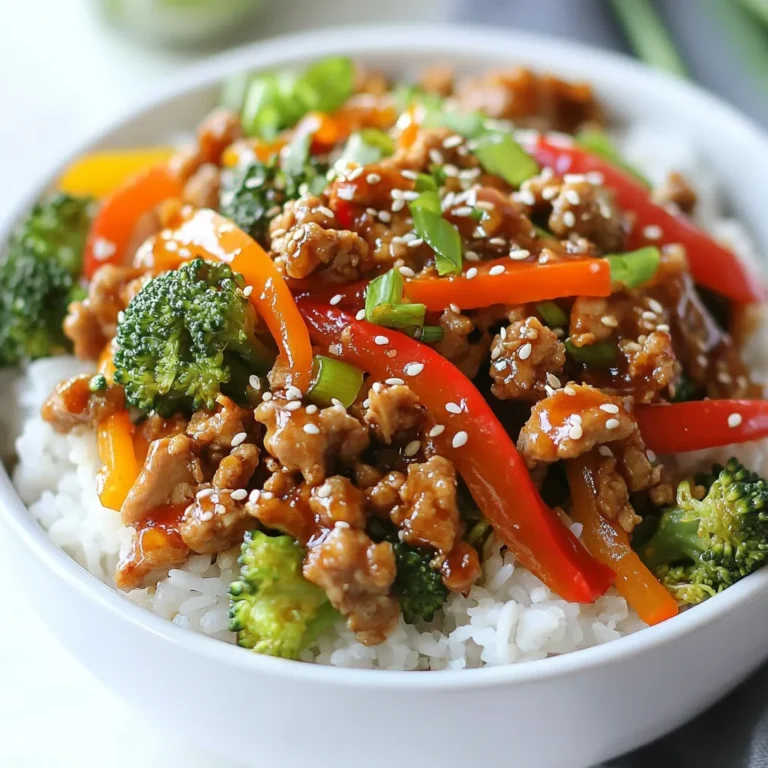 To make a tasty Ground Turkey Teriyaki Stir Fry, gather these key ingredients: - 1 lb ground turkey - 2 tablespoons coconut oil (or any cooking oil) - 1 bell pepper, sliced (red or yellow) - 1 cup broccoli florets - 1 carrot, julienned - 2 green onions, chopped - 3 cloves garlic, minced - 1 tablespoon ginger, grated - 1/4 cup soy sauce (or tamari for gluten-free) - 2 tablespoons honey or maple syrup - 1 tablespoon sesame oil - 1 teaspoon cornstarch mixed with 2 tablespoons water (optional, for thickening) - Sesame seeds for garnish You can add your favorite veggies for more flavor. Here are some ideas: - Snap peas for crunch - Mushrooms for earthiness - Zucchini for a soft touch - Baby corn for sweetness Feel free to mix and match! You can also add a squeeze of lime juice to brighten the dish. If you don’t have some ingredients, here are swaps you can use: - Ground chicken or beef for ground turkey - Olive oil instead of coconut oil - Maple syrup instead of honey for a vegan option - Red pepper flakes for extra heat - Cauliflower rice instead of regular rice for a low-carb meal These substitutions keep the dish tasty and fun, letting you enjoy a quick meal no matter what you have on hand! {{ingredient_image_1}} Start by gathering all your ingredients. You want to have everything ready. - 1 lb ground turkey - 2 tablespoons coconut oil - 1 bell pepper, sliced - 1 cup broccoli florets - 1 carrot, julienned - 2 green onions, chopped - 3 cloves garlic, minced - 1 tablespoon ginger, grated - 1/4 cup soy sauce - 2 tablespoons honey - 1 tablespoon sesame oil - 1 teaspoon cornstarch mixed with 2 tablespoons water (optional) - Sesame seeds for garnish Wash and chop the bell pepper, broccoli, and carrot. This cuts down on cooking time. Mince the garlic and grate the ginger next. These will add great flavor. Heat the coconut oil in a large skillet or wok over medium-high heat. Once it melts, add the ground turkey. Cook it for about 5-7 minutes. Break it up with a spatula until it’s brown and no longer pink. After cooking the turkey, add the minced garlic and grated ginger. Stir for about one minute. This step makes your kitchen smell amazing. Next, toss in the sliced bell pepper, broccoli florets, and julienned carrot. Stir-fry these veggies for 3-4 minutes. You want them soft but still crisp. Now, grab a small bowl. Mix the soy sauce, honey, and sesame oil together. Pour this sauce over your turkey and veggies. If you like a thicker sauce, add the cornstarch slurry. Cook for 1-2 more minutes until it thickens. Add the chopped green onions to the skillet. Toss everything together. This brightens up the dish with color. Serve your stir fry on a bed of steamed rice or quinoa. For a finishing touch, sprinkle sesame seeds on top. You can also add lime wedges on the side for some zest. Enjoy this quick and tasty meal! When you shop for ground turkey, look for fresh meat. Check the color; it should be light pink. Avoid turkey with dark spots or a gray hue. Check the package for a sell-by date to ensure freshness. If you can, buy from a trusted butcher or local farm. This often means better quality and taste. One common mistake is overcooking the turkey. It can get dry and tough. Aim to cook it just until no longer pink. Another mistake is skipping the aromatics. Garlic and ginger add great flavor. Don't forget to stir-fry the veggies just until they are tender but still crisp. This keeps them colorful and full of nutrients. You can boost flavor with simple ingredients. Adding a splash of lime juice brightens the dish. Try a pinch of red pepper flakes for some heat. If you want a richer taste, add a bit more sesame oil. You can also mix in toasted sesame seeds for extra crunch. For a lovely finish, top with fresh herbs like cilantro or basil. Pro Tips Use Fresh Ingredients: Fresh vegetables and herbs can enhance the flavor and nutritional value of your stir fry, making it more vibrant and delicious. Preheat Your Pan: Ensure your skillet or wok is hot before adding the oil. This helps to sear the turkey quickly, locking in moisture and flavor. Don’t Overcrowd the Pan: Cook in batches if necessary. Overcrowding can lead to steaming instead of stir-frying, resulting in a less desirable texture. Customize Your Veggies: Feel free to swap in your favorite vegetables or whatever you have on hand. Zucchini, snap peas, or mushrooms can be great additions. {{image_2}} For a gluten-free version of this dish, use tamari instead of soy sauce. Tamari gives you the same rich flavor without the gluten. If you want to thicken the sauce, use cornstarch. Just mix it with water, as the recipe shows. This way, you keep all the taste without any gluten. You can swap ground turkey for different proteins. Try ground chicken, beef, or pork. If you are looking for plant-based options, use crumbled tofu or tempeh. These options will add unique flavors. Cooking times may vary, so keep an eye on them as they cook. Feel free to change the veggies in this stir fry. You can use snap peas, zucchini, or bell peppers of any color. Want more heat? Add sliced jalapeños or chili flakes. For a sweet touch, toss in some pineapple chunks. Each swap will give the dish a new twist and keep it exciting. After you make your ground turkey teriyaki stir fry, let it cool down. Place it in an airtight container. Store it in the fridge for up to three days. This way, you keep the flavors fresh and tasty. To freeze your stir fry, first let it cool completely. Transfer it to a freezer-safe container or a zip-top bag. Squeeze out as much air as you can. Label it with the date. Your stir fry will stay good for up to three months in the freezer. For the best taste, reheat your stir fry on the stove. Use a skillet over medium heat. Add a splash of water or broth to keep it moist. Stir it often until it's warm. You can also use the microwave. Heat it in 30-second bursts, stirring in between, until it's hot all the way through. Enjoy your meal just like the first time! Yes, you can use chicken or beef. Both meats work well in stir fry. Chicken will taste mild, while beef gives a richer flavor. Just cook them the same way as the turkey. Ground chicken cooks fast, like turkey. Ground beef may need a bit more time to cook through. To store leftovers, let the stir fry cool first. Then, transfer it to an airtight container. This keeps it fresh in the fridge for up to three days. If you want to keep it longer, you can freeze it. Just use a freezer-safe container or bag. It can last for up to three months in the freezer. To lower the spice level, skip the ginger and garlic. They add flavor but also some spice. You can also use less soy sauce or choose a low-sodium version. If you want sweetness, add more honey or maple syrup. This will balance out the heat. In this blog post, we explored making a tasty ground turkey teriyaki stir fry. We covered key ingredients, cooking steps, and tips for the best results. I shared ways to customize the dish and avoid common mistakes. Whether you choose gluten-free options or swap in different veggies, this recipe is flexible. Remember to store leftovers properly to enjoy later. With these insights, you can create a dish that stands out. Now, it's time to get cooking and enjoy your meal!