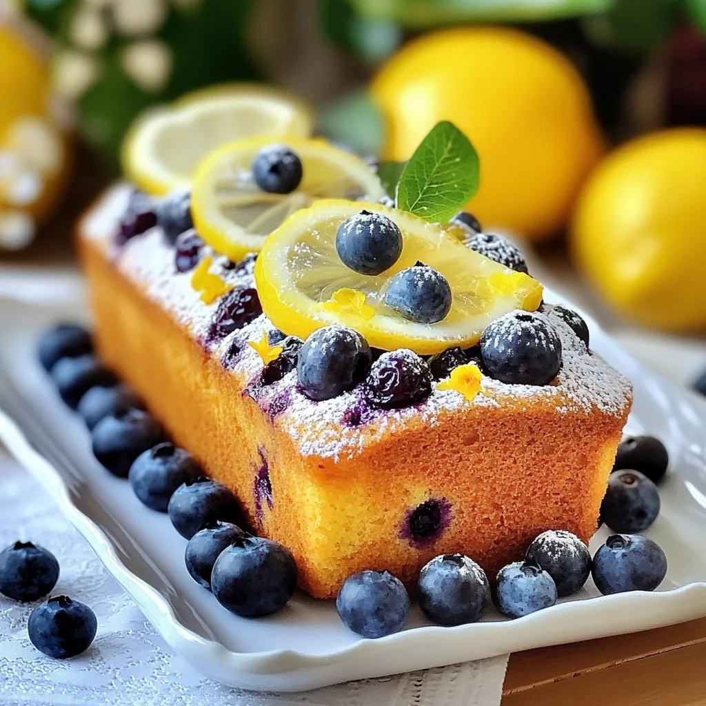 - 1 ½ cups all-purpose flour - ¾ cup granulated sugar - 1 cup fresh blueberries - ½ cup Greek yogurt I love using all-purpose flour for a light and tender loaf. The granulated sugar adds sweetness and helps create a nice crust. Fresh blueberries are a must! They burst with flavor and color. Greek yogurt makes it moist and adds a slight tang. - 1 tablespoon powdered sugar for dusting - Lemon slices for garnish Dusting with powdered sugar adds a beautiful finish. Lemon slices give a bright touch and extra zest. - 9x5-inch loaf pan - Mixing bowls - Whisk A 9x5-inch loaf pan is perfect for baking this cake. Mixing bowls help keep things organized. A whisk makes blending easy and fun! When you gather these ingredients and tools, you set the stage for a delightful baking experience. Enjoy each step as you create your lemon blueberry loaf cake! {{ingredient_image_1}} First, preheat your oven to 350°F (175°C). This step is key for even baking. While the oven warms up, get your 9x5-inch loaf pan ready. Grease the pan with butter or cooking spray. Then, line the bottom with parchment paper. This helps the cake come out easily after baking. In a mixing bowl, whisk together the dry ingredients. You will need 1 ½ cups of all-purpose flour, 1 teaspoon of baking powder, ½ teaspoon of baking soda, and ¼ teaspoon of salt. Whisking these together ensures they mix well. Set the bowl aside for now. In another large bowl, cream ½ cup of softened unsalted butter and ¾ cup of granulated sugar. You want this mix to be light and fluffy. Use a hand mixer or stand mixer for about 3-4 minutes. This step adds air to your cake, making it soft. Next, beat in 2 large eggs, one at a time. Make sure each egg is mixed in well before adding the next. Then, stir in 2 tablespoons of lemon zest, 1 tablespoon of lemon juice, and 1 teaspoon of vanilla extract. Mix until everything is combined. Now, it's time to combine the dry and wet ingredients. Gradually add the flour mixture to the wet mix. Alternate adding ½ cup of Greek yogurt with the flour. Start and end with the flour. Gently fold the ingredients together until just combined. Be careful not to over-mix. Finally, fold in 1 cup of fresh blueberries. Be gentle to keep them whole. Now, pour the batter into the prepared loaf pan. Smooth the top and sprinkle a few extra blueberries on top for a nice look. Bake in your preheated oven for 50-60 minutes. A toothpick inserted in the center should come out clean. After baking, let the cake cool in the pan for about 10 minutes. Then, transfer it to a wire rack to cool completely. Dust with powdered sugar before serving. Enjoy your Lemon Blueberry Loaf Cake! To make your cake fluffy, start with room temperature ingredients. Cold butter and eggs will not mix well. Soft butter blends easily with sugar, creating air pockets. These air pockets help the cake rise. Take butter and eggs out of the fridge about 30 minutes before you start baking. It makes a big difference in texture! To keep your blueberries from sinking, toss them in a bit of flour before folding them into the batter. This light coating helps them stay suspended. Gently fold them in at the end so they don't break apart. You want whole berries for bursts of flavor in every slice! Check your cake for doneness by inserting a toothpick in the center. If it comes out clean, the cake is ready. Oven temperatures can vary, so start checking at 50 minutes. If the top is browning too fast, cover it loosely with foil. This keeps it from burning while the inside finishes baking. Pro Tips Use Fresh Blueberries: Fresh blueberries will provide the best flavor and texture. If using frozen, make sure to thaw and drain them well to avoid excess moisture in the batter. Room Temperature Ingredients: Ensure your butter and eggs are at room temperature for easier mixing. This helps achieve a lighter and fluffier loaf. Adjust Baking Time: Ovens can vary in temperature; start checking for doneness at 50 minutes. The loaf is done when a toothpick inserted into the center comes out clean. Experiment with Glaze: For an extra zesty touch, consider drizzling a simple lemon glaze made from powdered sugar and lemon juice over the cooled loaf. {{image_2}} You can play with flavors in your lemon blueberry loaf cake. Adding poppy seeds gives a nice crunch. You might also try other citrus fruits like orange or lime zest. These add brightness and a fun twist. Each fruit brings its own taste and aroma, making the cake even more special. For a healthier option, swap all-purpose flour for whole wheat flour. This adds fiber and nutrients. You can also use a sugar substitute like honey or maple syrup. These options cut down on refined sugar while still keeping the cake sweet and tasty. If you need a gluten-free version, replace regular flour with a gluten-free blend. Many blends work well in cakes. Just check if they contain xanthan gum for better texture. This way, everyone can enjoy the delightful taste of lemon blueberry loaf cake! Store leftover lemon blueberry loaf cake in the fridge. Wrap it in plastic wrap. This keeps it fresh and moist. Use an airtight container if you prefer. It will stay tasty for up to five days. To freeze the loaf cake, first let it cool completely. Then wrap it tightly in plastic wrap. You can also use aluminum foil for extra protection. Store it in the freezer for up to three months. When you want to enjoy it, move it to the fridge to thaw overnight. You can also let it sit at room temperature for a few hours. The lemon blueberry loaf cake keeps well for about five days in the fridge. If frozen, it stays fresh for three months. After thawing, eat it within three days for the best taste. Yes, you can use frozen blueberries. They work well in this cake. However, they may add extra moisture. This can make the batter a bit runny. To fix this, you can reduce the Greek yogurt slightly. Also, toss the frozen blueberries in a bit of flour before mixing them in. This helps keep them from sinking to the bottom. To make the cake moister, you can try a few things. First, use room temperature ingredients. This helps the batter mix well. You can add a bit more Greek yogurt or some applesauce. Both options add moisture without making the cake dense. Lastly, do not over-bake the cake. Check it a few minutes early to keep it soft. This loaf cake pairs well with a variety of drinks and sides. You can serve it with tea or coffee for a perfect snack. For something lighter, enjoy it with fresh fruit or a dollop of yogurt. Adding a scoop of vanilla ice cream can make it a lovely dessert. You can create a delicious Lemon Blueberry Loaf Cake with simple ingredients. First, gather all-purpose flour, sugar, fresh blueberries, and Greek yogurt. Follow the step-by-step instructions carefully for the best results. Use tips to ensure fluffiness and keep blueberries from sinking. Consider variations to suit your taste and dietary needs. Store leftovers properly to enjoy later. With these easy guidelines, you will bake a delightful treat that friends and family will love. Happy baking!