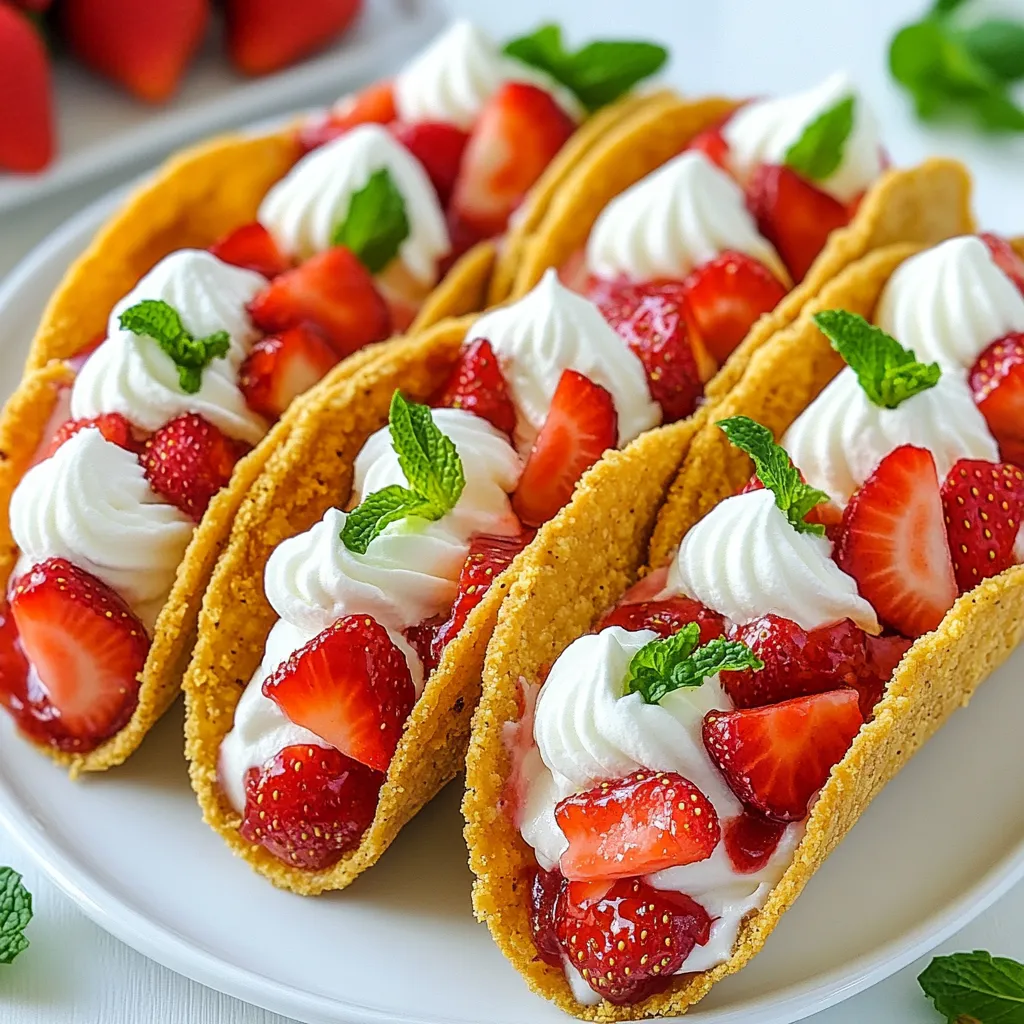 - 1 cup graham cracker crumbs - 1/2 cup unsalted butter, melted - 2 cups cream cheese, softened - 1 cup powdered sugar - 1 teaspoon vanilla extract - 1/2 cup heavy whipping cream - 1 cup fresh strawberries, diced - 1/4 cup strawberry sauce (store-bought or homemade) - 12 mini taco shells - Whipped cream, for topping - Fresh mint leaves, for garnish When measuring graham cracker crumbs, crush the crackers first. Use a food processor or a rolling pin. For butter, melt it in the microwave for about 30 seconds. Cream cheese should be at room temperature. This makes it easier to mix. Heavy cream should be cold for the best whipping results. Use a liquid measuring cup for liquids and a dry measuring cup for solid ingredients. For graham cracker crumbs, I love using Nabisco. Their flavor is classic and sweet. For cream cheese, Philadelphia is a trusted brand that works well. If you want rich whipped cream, try Land O'Lakes. For strawberry sauce, Smucker's is a great store-bought option. You can also make your own sauce by blending fresh strawberries with a bit of sugar. {{ingredient_image_1}} To start, gather your graham cracker crumbs and melted butter. In a mixing bowl, combine these two ingredients. Mix until the crumbs are well coated. Now, press this mixture into each taco shell. Make sure to cover the bottom and sides. Bake the shells at 350°F for 5 to 7 minutes. They should turn golden brown. Once done, let them cool completely. This crunchy base adds a great texture to your tacos. Next, take your softened cream cheese and place it in a large bowl. Beat it with an electric mixer until it's smooth. Gradually add in the powdered sugar and vanilla extract. Keep mixing until everything is well combined. This mixture should be creamy and thick. It is the heart of our cheesecake tacos, so take your time to get it right. In another bowl, pour in the heavy cream. Use a whisk or mixer to whip it until soft peaks form. This can take a few minutes. Once ready, carefully fold the whipped cream into the cheesecake mixture. Be gentle to keep the cream light and airy. This makes the filling rich and fluffy, which is key for a delicious dessert. Start by grabbing your cooled taco shells. I love using mini taco shells for these treats. They are the perfect size for a sweet bite. Use a piping bag or a spoon to fill each shell with the cheesecake mixture. Aim for a generous amount, but don't overfill. You want to leave room for toppings later. Next, take your diced strawberries and sprinkle them over the cheesecake filling. Fresh strawberries add a nice burst of flavor. They also bring a lovely color to your tacos. Now, drizzle the strawberry sauce over the strawberries. This adds sweetness and makes the tacos look fancy. You can use store-bought sauce or make your own if you prefer. Finally, it’s time to add the whipped cream. Use a dollop on each taco for a creamy finish. I like to make sure it covers the strawberries slightly. For an extra touch, add a fresh mint leaf on top. This not only looks pretty but adds a hint of refreshing flavor. Now your Strawberry Crunch Cheesecake Tacos are ready to chill! Pro Tips Chill the Cheesecake Filling: Before piping the cheesecake filling into the taco shells, chill it for about 10 minutes. This will help it hold its shape better when you assemble the tacos. Use Fresh Strawberries: For the best flavor and texture, use fresh, ripe strawberries. If they are not in season, consider using frozen strawberries but thaw and drain them well to avoid excess moisture. Experiment with Flavors: Feel free to swap out strawberries for other fruits like blueberries or raspberries, or even add a splash of lemon juice to the cheesecake filling for a zesty twist. Presentation Matters: For an elegant touch, serve the tacos on a colorful platter and garnish with edible flowers or additional mint leaves to impress your guests. {{image_2}} To get that perfect cheesecake texture, use softened cream cheese. This makes it smooth. Beat it well with the mixer until creamy. Add powdered sugar slowly. Mixing it in gradually helps avoid lumps. Fold in whipped cream gently. This keeps the filling light and fluffy. To prevent soggy taco shells, bake them first. Coat them with the graham cracker mixture. Bake at 350°F for 5-7 minutes. This makes them crunchy. Once cooled, fill them right before serving. This keeps the shells from getting too wet. For a stunning display, use a vibrant platter. Arrange the tacos neatly, with some space in between. Drizzle extra strawberry sauce on the platter edges. Sprinkle crumbled graham crackers on top. Add fresh mint leaves for color. Serve chilled for the best experience. You can swap strawberries for other fruits in these tacos. Ripe peaches or fresh blueberries work well. You can also use raspberries for a tangy touch. Each fruit brings its own flavor and sweetness. Just make sure the fruit is fresh. This keeps the taste bright and lively. Add fun flavors to your cheesecake filling. Try mixing in lemon zest for a citrus kick or a splash of almond extract for a nutty twist. Chocolate lovers can fold in cocoa powder or melted chocolate. These flavors change the whole vibe of your tacos. It makes them even more exciting and personalized. Want to make this dish gluten-free? Use gluten-free graham cracker crumbs for the base. Many brands offer these tasty options. You can also use almond flour mixed with a bit of cinnamon. For taco shells, look for gluten-free tortillas. This way, everyone can enjoy these tasty treats without worry. To keep your Strawberry Crunch Cheesecake Tacos fresh, store them in an airtight container. Place wax paper or plastic wrap between the layers to avoid sticking. Keep the tacos in the fridge for up to three days. The longer they sit, the softer the shells may become. If you want to keep them crisp, store the filling and shells separately. These tacos taste best when chilled. Serve them straight from the fridge. This makes the cheesecake filling cool and refreshing. If you have leftovers, make sure to chill them again before serving. These tacos pair well with a variety of drinks. Try serving them with a glass of cold milk or a fruity lemonade. Sparkling water with lemon also complements the sweet flavors. For adults, a light rosé or a sweet dessert wine can enhance the taste experience. This blog post shared how to make delicious cheesecake tacos. You learned about key ingredients, measurement tips, and top brands. The step-by-step guide helped you prepare the crunch base, filling, and whipped cream. I offered tips to avoid soggy shells and gave presentation ideas. You explored variations with different fruits and gluten-free options. Lastly, you now know how to store leftovers and pair drinks. Enjoy making these tasty treats with confidence!