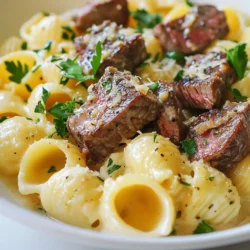 To make Steak Bites Shell Pasta Alfredo, gather these simple ingredients: - 8 oz large shell pasta - 1 lb sirloin steak, cut into bite-sized pieces - 2 tablespoons olive oil - Salt and pepper to taste - 3 cloves garlic, minced - 1 cup heavy cream - 1 cup grated Parmesan cheese - 1 teaspoon Italian seasoning - Fresh parsley, chopped (for garnish) These ingredients come together to create a rich and creamy dish. The large shell pasta holds onto the Alfredo sauce well. Sirloin steak adds a hearty bite, making each forkful satisfying. Olive oil helps to sear the steak to a perfect brown, giving it a great flavor. Don’t forget the garlic; it adds a wonderful aroma and taste. Heavy cream and Parmesan cheese make the sauce nice and creamy. Italian seasoning brings all the flavors together. Fresh parsley not only looks nice but adds a touch of freshness. With these ingredients ready, you can create a delicious meal that impresses everyone at the table! {{ingredient_image_1}} - Bring a large pot of salted water to a boil. - Add shell pasta and cook until al dente. - Drain pasta and set aside. First, fill a large pot with water and add salt. The salt helps flavor the pasta. Once the water boils, toss in the shell pasta. Cook it until it's al dente, which means it's firm but not hard. Drain the pasta in a colander and let it rest while you move to the next step. - Heat olive oil in a skillet over medium-high heat. - Season steak bites with salt and pepper. - Sear steak for 3-4 minutes until browned. Next, grab a skillet and add olive oil. Heat it over medium-high heat until it shimmers. Season your bite-sized steak pieces with salt and pepper. When the oil is hot, carefully add the steak. Sear each side for about 3-4 minutes until they turn a nice brown. This gives the steak a great flavor. - Sauté minced garlic in the skillet. - Add heavy cream and bring to a simmer. - Stir in Parmesan cheese and Italian seasoning. After the steak is done, keep the heat on medium. Add minced garlic to the same skillet. Sauté the garlic for about 30 seconds until it smells great. Then, pour in the heavy cream and let it simmer. Stir in the grated Parmesan cheese and Italian seasoning. Mix well until the cheese melts and the sauce thickens a bit. - Add cooked shell pasta and seared steak to the sauce. - Toss gently to coat with Alfredo sauce. Now it’s time to bring it all together! Add the cooked shell pasta and the seared steak to your creamy sauce. Toss everything gently to ensure the pasta and steak are covered in the Alfredo sauce. This step is key to getting all the flavors to mix. - Plate the dish and garnish with parsley. Finally, it’s time to serve! Plate your delicious Steak Bites Shell Pasta Alfredo in a nice bowl. For a pop of color, sprinkle some freshly chopped parsley on top. You can even add a bit more Parmesan cheese for extra flavor. Enjoy your meal! - For steak, I suggest medium rare for the best tenderness. - To check pasta doneness, bite a piece. It should be firm but chewy. - If your sauce is too thick, add a splash of pasta water. This helps it blend. - For a creamy texture, stir the sauce continuously as you add cheese. - Serve in wide, shallow bowls for a rustic look. - Garnish with fresh parsley and a drizzle of olive oil for extra flavor. Pro Tips Rest the Steak: Let the seared steak bites rest for a few minutes before adding them to the pasta. This allows the juices to redistribute, keeping the meat tender and flavorful. Use Fresh Ingredients: For a more vibrant flavor, opt for freshly grated Parmesan cheese instead of pre-packaged. Fresh cheese melts better and enhances the creamy texture of the Alfredo sauce. Adjust Sauce Consistency: If your Alfredo sauce becomes too thick, simply add a splash of reserved pasta water. This will help loosen it up while adding starch for a creamier sauce. Herb Variations: Feel free to mix in other fresh herbs like basil or thyme for added flavor. They can elevate the dish and provide a fresh contrast to the richness of the Alfredo sauce. {{image_2}} You can switch out the sirloin steak for chicken or shrimp. If you use chicken, cut it into small pieces. Cook it until golden and juicy. Shrimp cooks quickly, so add it last. For a vegetarian version, try using plant-based protein. Options like tofu or tempeh work well. They soak up flavors and add great texture. The sauce can change to suit your taste. Try adding different cheeses like Fontina or Gouda. These cheeses give a unique twist to the creamy base. Adding spices or fresh herbs can also spice it up. Consider garlic powder, red pepper flakes, or fresh basil for extra zest. If you're looking for variety, swap the shell pasta for other shapes. Bowtie, penne, or rigatoni can work too. They all hold sauce well. For those needing gluten-free options, use gluten-free pasta. Many brands make great alternatives that taste fantastic. Always check the package for cooking times. To store leftovers, place the dish in an airtight container. Make sure it cools down first. Seal it tightly to keep out air. You can keep it in the fridge for about 3 days. The flavors will stay fresh, but the pasta can get soft over time. If you want to freeze this dish, use a freezer-safe container. Let it cool completely before you seal it. It can last for up to 2 months in the freezer. To reheat, thaw it in the fridge overnight. This helps keep the texture nice when you heat it. You can reheat in the microwave or on the stovetop. If using the microwave, heat in short bursts. Stir it well between heating to warm evenly. If using the stovetop, add a splash of cream or water. This helps keep the creamy texture. Stir gently until heated through. Enjoy every bite! Yes, you can make parts of this dish ahead of time. Cook the shell pasta and cool it. Store it in an airtight container. You can also cook the steak in advance. Just reheat it when ready to serve. For the sauce, make it fresh for the best taste. If you must, you can prepare the sauce a few hours early. Just keep it warm on low heat. I love serving this dish with a fresh garden salad. A simple green salad with lemon vinaigrette works well. Garlic bread is another great choice. It adds a nice crunch. For wine, a glass of Chardonnay pairs perfectly. Its fruity notes enhance the creamy sauce. To lighten this dish, swap heavy cream for half-and-half. You can also use low-fat cheese. For the steak, choose lean cuts. Trim off any visible fat for fewer calories. Add more vegetables, like spinach or broccoli, to boost nutrition without adding many calories. Yes, you can make this dish dairy-free! Use coconut cream instead of heavy cream. For cheese, try nutritional yeast or a dairy-free cheese. These options give similar flavors without dairy. Just check the labels to ensure they fit your diet. This blog post covered a delicious recipe for Steak Bites Shell Pasta Alfredo. You learned about the ingredients needed, step-by-step cooking instructions, and useful tips to enhance your dish. We explored variations and storage methods, ensuring you can enjoy this meal long after cooking it. This recipe is simple yet packed with flavors. Whether you eat it right away or save it for later, it will impress everyone. With these tips, you can make this dish your own and savor each bite!