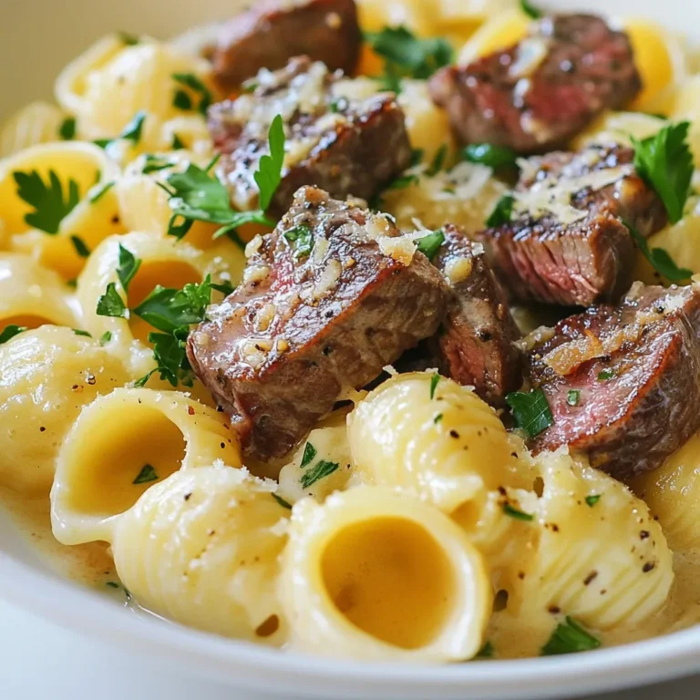 To make Steak Bites Shell Pasta Alfredo, gather these simple ingredients: - 8 oz large shell pasta - 1 lb sirloin steak, cut into bite-sized pieces - 2 tablespoons olive oil - Salt and pepper to taste - 3 cloves garlic, minced - 1 cup heavy cream - 1 cup grated Parmesan cheese - 1 teaspoon Italian seasoning - Fresh parsley, chopped (for garnish) These ingredients come together to create a rich and creamy dish. The large shell pasta holds onto the Alfredo sauce well. Sirloin steak adds a hearty bite, making each forkful satisfying. Olive oil helps to sear the steak to a perfect brown, giving it a great flavor. Don’t forget the garlic; it adds a wonderful aroma and taste. Heavy cream and Parmesan cheese make the sauce nice and creamy. Italian seasoning brings all the flavors together. Fresh parsley not only looks nice but adds a touch of freshness. With these ingredients ready, you can create a delicious meal that impresses everyone at the table! {{ingredient_image_1}} - Bring a large pot of salted water to a boil. - Add shell pasta and cook until al dente. - Drain pasta and set aside. First, fill a large pot with water and add salt. The salt helps flavor the pasta. Once the water boils, toss in the shell pasta. Cook it until it's al dente, which means it's firm but not hard. Drain the pasta in a colander and let it rest while you move to the next step. - Heat olive oil in a skillet over medium-high heat. - Season steak bites with salt and pepper. - Sear steak for 3-4 minutes until browned. Next, grab a skillet and add olive oil. Heat it over medium-high heat until it shimmers. Season your bite-sized steak pieces with salt and pepper. When the oil is hot, carefully add the steak. Sear each side for about 3-4 minutes until they turn a nice brown. This gives the steak a great flavor. - Sauté minced garlic in the skillet. - Add heavy cream and bring to a simmer. - Stir in Parmesan cheese and Italian seasoning. After the steak is done, keep the heat on medium. Add minced garlic to the same skillet. Sauté the garlic for about 30 seconds until it smells great. Then, pour in the heavy cream and let it simmer. Stir in the grated Parmesan cheese and Italian seasoning. Mix well until the cheese melts and the sauce thickens a bit. - Add cooked shell pasta and seared steak to the sauce. - Toss gently to coat with Alfredo sauce. Now it’s time to bring it all together! Add the cooked shell pasta and the seared steak to your creamy sauce. Toss everything gently to ensure the pasta and steak are covered in the Alfredo sauce. This step is key to getting all the flavors to mix. - Plate the dish and garnish with parsley. Finally, it’s time to serve! Plate your delicious Steak Bites Shell Pasta Alfredo in a nice bowl. For a pop of color, sprinkle some freshly chopped parsley on top. You can even add a bit more Parmesan cheese for extra flavor. Enjoy your meal! - For steak, I suggest medium rare for the best tenderness. - To check pasta doneness, bite a piece. It should be firm but chewy. - If your sauce is too thick, add a splash of pasta water. This helps it blend. - For a creamy texture, stir the sauce continuously as you add cheese. - Serve in wide, shallow bowls for a rustic look. - Garnish with fresh parsley and a drizzle of olive oil for extra flavor. Pro Tips Rest the Steak: Let the seared steak bites rest for a few minutes before adding them to the pasta. This allows the juices to redistribute, keeping the meat tender and flavorful. Use Fresh Ingredients: For a more vibrant flavor, opt for freshly grated Parmesan cheese instead of pre-packaged. Fresh cheese melts better and enhances the creamy texture of the Alfredo sauce. Adjust Sauce Consistency: If your Alfredo sauce becomes too thick, simply add a splash of reserved pasta water. This will help loosen it up while adding starch for a creamier sauce. Herb Variations: Feel free to mix in other fresh herbs like basil or thyme for added flavor. They can elevate the dish and provide a fresh contrast to the richness of the Alfredo sauce. {{image_2}} You can switch out the sirloin steak for chicken or shrimp. If you use chicken, cut it into small pieces. Cook it until golden and juicy. Shrimp cooks quickly, so add it last. For a vegetarian version, try using plant-based protein. Options like tofu or tempeh work well. They soak up flavors and add great texture. The sauce can change to suit your taste. Try adding different cheeses like Fontina or Gouda. These cheeses give a unique twist to the creamy base. Adding spices or fresh herbs can also spice it up. Consider garlic powder, red pepper flakes, or fresh basil for extra zest. If you're looking for variety, swap the shell pasta for other shapes. Bowtie, penne, or rigatoni can work too. They all hold sauce well. For those needing gluten-free options, use gluten-free pasta. Many brands make great alternatives that taste fantastic. Always check the package for cooking times. To store leftovers, place the dish in an airtight container. Make sure it cools down first. Seal it tightly to keep out air. You can keep it in the fridge for about 3 days. The flavors will stay fresh, but the pasta can get soft over time. If you want to freeze this dish, use a freezer-safe container. Let it cool completely before you seal it. It can last for up to 2 months in the freezer. To reheat, thaw it in the fridge overnight. This helps keep the texture nice when you heat it. You can reheat in the microwave or on the stovetop. If using the microwave, heat in short bursts. Stir it well between heating to warm evenly. If using the stovetop, add a splash of cream or water. This helps keep the creamy texture. Stir gently until heated through. Enjoy every bite! Yes, you can make parts of this dish ahead of time. Cook the shell pasta and cool it. Store it in an airtight container. You can also cook the steak in advance. Just reheat it when ready to serve. For the sauce, make it fresh for the best taste. If you must, you can prepare the sauce a few hours early. Just keep it warm on low heat. I love serving this dish with a fresh garden salad. A simple green salad with lemon vinaigrette works well. Garlic bread is another great choice. It adds a nice crunch. For wine, a glass of Chardonnay pairs perfectly. Its fruity notes enhance the creamy sauce. To lighten this dish, swap heavy cream for half-and-half. You can also use low-fat cheese. For the steak, choose lean cuts. Trim off any visible fat for fewer calories. Add more vegetables, like spinach or broccoli, to boost nutrition without adding many calories. Yes, you can make this dish dairy-free! Use coconut cream instead of heavy cream. For cheese, try nutritional yeast or a dairy-free cheese. These options give similar flavors without dairy. Just check the labels to ensure they fit your diet. This blog post covered a delicious recipe for Steak Bites Shell Pasta Alfredo. You learned about the ingredients needed, step-by-step cooking instructions, and useful tips to enhance your dish. We explored variations and storage methods, ensuring you can enjoy this meal long after cooking it. This recipe is simple yet packed with flavors. Whether you eat it right away or save it for later, it will impress everyone. With these tips, you can make this dish your own and savor each bite!