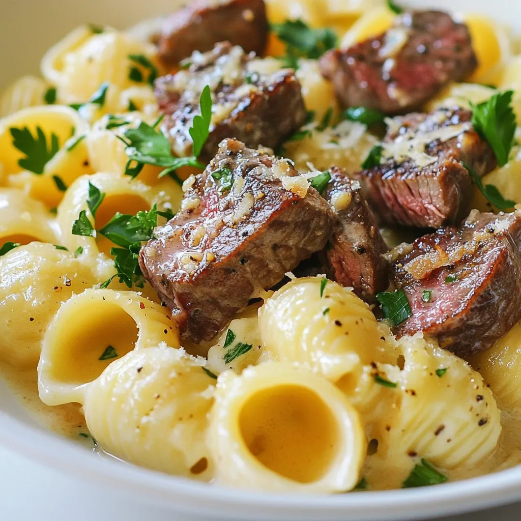 To make Steak Bites Shell Pasta Alfredo, gather these simple ingredients: - 8 oz large shell pasta - 1 lb sirloin steak, cut into bite-sized pieces - 2 tablespoons olive oil - Salt and pepper to taste - 3 cloves garlic, minced - 1 cup heavy cream - 1 cup grated Parmesan cheese - 1 teaspoon Italian seasoning - Fresh parsley, chopped (for garnish) These ingredients come together to create a rich and creamy dish. The large shell pasta holds onto the Alfredo sauce well. Sirloin steak adds a hearty bite, making each forkful satisfying. Olive oil helps to sear the steak to a perfect brown, giving it a great flavor. Don’t forget the garlic; it adds a wonderful aroma and taste. Heavy cream and Parmesan cheese make the sauce nice and creamy. Italian seasoning brings all the flavors together. Fresh parsley not only looks nice but adds a touch of freshness. With these ingredients ready, you can create a delicious meal that impresses everyone at the table! {{ingredient_image_1}} - Bring a large pot of salted water to a boil. - Add shell pasta and cook until al dente. - Drain pasta and set aside. First, fill a large pot with water and add salt. The salt helps flavor the pasta. Once the water boils, toss in the shell pasta. Cook it until it's al dente, which means it's firm but not hard. Drain the pasta in a colander and let it rest while you move to the next step. - Heat olive oil in a skillet over medium-high heat. - Season steak bites with salt and pepper. - Sear steak for 3-4 minutes until browned. Next, grab a skillet and add olive oil. Heat it over medium-high heat until it shimmers. Season your bite-sized steak pieces with salt and pepper. When the oil is hot, carefully add the steak. Sear each side for about 3-4 minutes until they turn a nice brown. This gives the steak a great flavor. - Sauté minced garlic in the skillet. - Add heavy cream and bring to a simmer. - Stir in Parmesan cheese and Italian seasoning. After the steak is done, keep the heat on medium. Add minced garlic to the same skillet. Sauté the garlic for about 30 seconds until it smells great. Then, pour in the heavy cream and let it simmer. Stir in the grated Parmesan cheese and Italian seasoning. Mix well until the cheese melts and the sauce thickens a bit. - Add cooked shell pasta and seared steak to the sauce. - Toss gently to coat with Alfredo sauce. Now it’s time to bring it all together! Add the cooked shell pasta and the seared steak to your creamy sauce. Toss everything gently to ensure the pasta and steak are covered in the Alfredo sauce. This step is key to getting all the flavors to mix. - Plate the dish and garnish with parsley. Finally, it’s time to serve! Plate your delicious Steak Bites Shell Pasta Alfredo in a nice bowl. For a pop of color, sprinkle some freshly chopped parsley on top. You can even add a bit more Parmesan cheese for extra flavor. Enjoy your meal! - For steak, I suggest medium rare for the best tenderness. - To check pasta doneness, bite a piece. It should be firm but chewy. - If your sauce is too thick, add a splash of pasta water. This helps it blend. - For a creamy texture, stir the sauce continuously as you add cheese. - Serve in wide, shallow bowls for a rustic look. - Garnish with fresh parsley and a drizzle of olive oil for extra flavor. Pro Tips Rest the Steak: Let the seared steak bites rest for a few minutes before adding them to the pasta. This allows the juices to redistribute, keeping the meat tender and flavorful. Use Fresh Ingredients: For a more vibrant flavor, opt for freshly grated Parmesan cheese instead of pre-packaged. Fresh cheese melts better and enhances the creamy texture of the Alfredo sauce. Adjust Sauce Consistency: If your Alfredo sauce becomes too thick, simply add a splash of reserved pasta water. This will help loosen it up while adding starch for a creamier sauce. Herb Variations: Feel free to mix in other fresh herbs like basil or thyme for added flavor. They can elevate the dish and provide a fresh contrast to the richness of the Alfredo sauce. {{image_2}} You can switch out the sirloin steak for chicken or shrimp. If you use chicken, cut it into small pieces. Cook it until golden and juicy. Shrimp cooks quickly, so add it last. For a vegetarian version, try using plant-based protein. Options like tofu or tempeh work well. They soak up flavors and add great texture. The sauce can change to suit your taste. Try adding different cheeses like Fontina or Gouda. These cheeses give a unique twist to the creamy base. Adding spices or fresh herbs can also spice it up. Consider garlic powder, red pepper flakes, or fresh basil for extra zest. If you're looking for variety, swap the shell pasta for other shapes. Bowtie, penne, or rigatoni can work too. They all hold sauce well. For those needing gluten-free options, use gluten-free pasta. Many brands make great alternatives that taste fantastic. Always check the package for cooking times. To store leftovers, place the dish in an airtight container. Make sure it cools down first. Seal it tightly to keep out air. You can keep it in the fridge for about 3 days. The flavors will stay fresh, but the pasta can get soft over time. If you want to freeze this dish, use a freezer-safe container. Let it cool completely before you seal it. It can last for up to 2 months in the freezer. To reheat, thaw it in the fridge overnight. This helps keep the texture nice when you heat it. You can reheat in the microwave or on the stovetop. If using the microwave, heat in short bursts. Stir it well between heating to warm evenly. If using the stovetop, add a splash of cream or water. This helps keep the creamy texture. Stir gently until heated through. Enjoy every bite! Yes, you can make parts of this dish ahead of time. Cook the shell pasta and cool it. Store it in an airtight container. You can also cook the steak in advance. Just reheat it when ready to serve. For the sauce, make it fresh for the best taste. If you must, you can prepare the sauce a few hours early. Just keep it warm on low heat. I love serving this dish with a fresh garden salad. A simple green salad with lemon vinaigrette works well. Garlic bread is another great choice. It adds a nice crunch. For wine, a glass of Chardonnay pairs perfectly. Its fruity notes enhance the creamy sauce. To lighten this dish, swap heavy cream for half-and-half. You can also use low-fat cheese. For the steak, choose lean cuts. Trim off any visible fat for fewer calories. Add more vegetables, like spinach or broccoli, to boost nutrition without adding many calories. Yes, you can make this dish dairy-free! Use coconut cream instead of heavy cream. For cheese, try nutritional yeast or a dairy-free cheese. These options give similar flavors without dairy. Just check the labels to ensure they fit your diet. This blog post covered a delicious recipe for Steak Bites Shell Pasta Alfredo. You learned about the ingredients needed, step-by-step cooking instructions, and useful tips to enhance your dish. We explored variations and storage methods, ensuring you can enjoy this meal long after cooking it. This recipe is simple yet packed with flavors. Whether you eat it right away or save it for later, it will impress everyone. With these tips, you can make this dish your own and savor each bite!