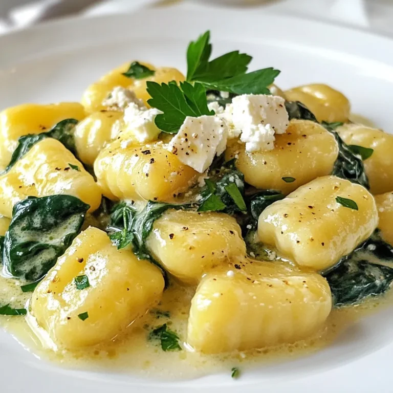 To make creamy gnocchi with spinach and feta, gather these main ingredients: - 1 pound potato gnocchi - 2 cups fresh spinach, roughly chopped - 1 cup feta cheese, crumbled - 1 cup heavy cream - 1 tablespoon olive oil - 2 cloves garlic, minced - 1 teaspoon lemon zest - Salt and pepper to taste These ingredients come together to create a rich, creamy dish. The gnocchi serves as a soft base, while the spinach adds color and nutrition. The feta brings a salty tang that pairs well with the cream. You can add these optional ingredients to enhance the dish: - 1/4 teaspoon nutmeg - Fresh parsley, for garnish Nutmeg adds warmth and depth to the sauce. Fresh parsley gives a nice pop of color and flavor on top. To prepare this dish, have these tools ready: - Large pot for boiling water - Large skillet for sauce - Colander for draining gnocchi - Wooden spoon for stirring These tools make cooking easier and help you create a delicious meal. Having everything on hand ensures a smooth cooking experience. {{ingredient_image_1}} Start by boiling water in a large pot. Add salt to the water. Once it boils, add the potato gnocchi. Cook them as per the package instructions. The gnocchi will float when they are done, usually in about 2-3 minutes. Drain them well and set them aside. In a large skillet, heat one tablespoon of olive oil over medium heat. Add two cloves of minced garlic. Sauté the garlic for about one minute until it smells great. Pour in one cup of heavy cream and let it warm up. Bring the cream to a gentle simmer. Stir in the lemon zest, salt, and pepper. If you like, add a pinch of nutmeg for a warm flavor. Now it's time to add the good stuff. Slowly mix in two cups of chopped spinach and one cup of crumbled feta cheese. Cook this mixture until the spinach wilts and the cheese begins to melt. This should take about two to three minutes. Gently stir it all together. After that, add the cooked gnocchi to the skillet. Toss everything together so the gnocchi gets coated in the creamy sauce. Taste and adjust the seasoning with more salt and pepper if needed. To cook gnocchi just right, start with a large pot. Fill it with water and add salt. Bring the water to a rolling boil. Add the gnocchi gently. Watch them closely. They usually float to the top in 2-3 minutes. Once they float, they are done. Drain them well, but don’t rinse. This keeps the sauce from slipping off. You can swap some ingredients while keeping great flavor. If you don’t have feta, try goat cheese. It melts well and adds a tangy taste. For the heavy cream, use half-and-half for a lighter option. If you don’t like spinach, kale works too! Just chop it roughly and cook it until tender. Plate the creamy gnocchi in a shallow bowl. Garnish with fresh parsley for color. You can also add extra feta on top if you like. Serve it with crusty bread to soak up the sauce. A light salad on the side adds a fresh touch. Enjoy your meal with a glass of white wine for a nice pairing! Pro Tips Perfectly Cooked Gnocchi: Ensure you only add the gnocchi to boiling water, and once they float, they are done! Overcooking can make them mushy. Fresh Spinach: Use fresh spinach for the best flavor and texture. Frozen spinach can make the dish watery and affect the creaminess. Cheese Variations: If you want a different flavor profile, try substituting feta with goat cheese or ricotta for a creamier sauce. Herb Infusion: Add fresh herbs like basil or dill along with the spinach for an extra burst of flavor in your creamy sauce. {{image_2}} You can switch out feta cheese for other cheeses. Try goat cheese for a tangy taste. Cream cheese gives a rich, smooth texture. Parmesan adds a salty kick. Use mozzarella for a melty, stretchy bite. Each cheese changes the flavor but keeps it creamy. Want more protein? Add cooked chicken or shrimp. Both options work well with the creamy sauce. You can also use cooked sausage for a hearty meal. For a vegetarian option, add chickpeas or white beans. They add protein and texture. If you need a gluten-free option, use gluten-free gnocchi. Many brands offer tasty choices made from rice or sweet potatoes. You can also make your own gnocchi using gluten-free flour. The recipe stays delicious and creamy while meeting gluten-free needs. To keep leftover gnocchi fresh, place it in an airtight container. Make sure to store it in the fridge. The gnocchi will stay good for about 3 days. Avoid letting it sit out at room temperature, as this can spoil it quickly. When it's time to enjoy leftovers, reheating is easy. You can use a skillet or microwave. If using a skillet, add a splash of water or cream to help it heat evenly. Cook it on medium heat for about 5 minutes, stirring often. In the microwave, heat in short bursts, stirring in between. This helps keep it creamy and tasty. If you want to save gnocchi for later, freezing is a great option. First, let the dish cool completely. Then, place it in a freezer-safe container or bag. Try to remove as much air as possible to prevent freezer burn. You can freeze it for up to 3 months. To reheat, thaw overnight in the fridge and follow the reheating instructions above. Yes, you can use frozen gnocchi. Just cook them straight from the freezer. Follow the package instructions. They usually take a little longer to cook. You can tell they are done when they float to the top. This makes it easy and quick for a busy day. This recipe is already vegetarian since it uses spinach and feta. Just be sure to check the feta cheese label. Some brands might add animal rennet. If you want to switch things up, try adding mushrooms or bell peppers. They will add great flavor and texture. Creamy gnocchi pairs well with many sides. A fresh salad adds a nice crunch. You can also serve it with garlic bread for a cozy meal. If you want protein, grilled chicken or shrimp works well. These options complete your meal and make it more filling. This blog post covers all you need for making creamy gnocchi. We discussed key ingredients, tips for perfect cooking, and variations for every taste. You can easily customize this dish to your liking, whether using different cheeses or adding proteins. Don't forget about proper storage for leftovers. With this guide, you're ready to enjoy a rich and tasty meal. Keep experimenting and have fun in the kitchen!