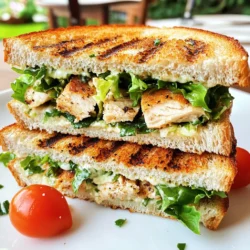 - 2 boneless, skinless chicken breasts - 1 tablespoon olive oil - Salt and black pepper to taste - 1 cup romaine lettuce, chopped - 1/2 cup Caesar dressing (store-bought or homemade) - 1/4 cup grated Parmesan cheese - 4 slices whole-grain bread (or your choice of bread) - 1/4 cup cherry tomatoes, halved - Fresh basil leaves for garnish (optional) I love picking fresh ingredients for my Chicken Caesar Sandwich. You want good chicken breasts, nice and plump. I use two boneless, skinless ones for this recipe. They grill up nicely and stay juicy. Next, olive oil is key. It adds a rich flavor and helps with cooking. I also add salt and black pepper to season the chicken. Don't skip this step; it makes a big difference. For crunch, I use romaine lettuce. You need about one cup, chopped up. The lettuce pairs well with the Caesar dressing, which is creamy and tangy. You can use store-bought dressing or make your own if you want. I like to sprinkle grated Parmesan cheese on top. It adds a salty bite that really boosts the flavor. For the bread, I choose whole-grain slices, but you can pick any type you like. Finally, I add cherry tomatoes. Halving them adds a pop of color and sweetness. If you want, you can garnish with fresh basil leaves for an extra touch. Each of these ingredients brings something special to the sandwich, making it truly delicious. {{ingredient_image_1}} 1. Preheating and grilling chicken Start by preheating your grill or grill pan over medium-high heat. This step ensures even cooking. Season the chicken breasts with one tablespoon of olive oil, salt, and black pepper. Grill the chicken for about 6-7 minutes on each side. Look for clear juices to know it’s done. Remove from heat and let them rest for 5 minutes. This helps keep the chicken juicy. 2. Mixing the Caesar dressing with romaine lettuce While the chicken rests, take a medium bowl and add 1 cup of chopped romaine lettuce. Pour in 1/2 cup of Caesar dressing, mixing until the lettuce is well coated. This makes the lettuce flavorful and crunchy. 3. Toasting the bread slices Now, toast 4 slices of whole-grain bread until they turn golden brown. Toasting adds a nice texture. It also helps the bread hold up against the filling. 1. Layering ingredients for optimal flavor To build your sandwich, take one slice of toasted bread. Add a generous amount of the Caesar salad mixture on top. Follow this with sliced grilled chicken from the resting time. 2. Completing the sandwich Sprinkle 1/4 cup of grated Parmesan cheese and 1/4 cup of halved cherry tomatoes on top of the chicken. This adds a burst of flavor and color. Close the sandwich with another slice of toasted bread. 3. Presentation tips For a nice touch, serve the sandwiches on a wooden cutting board. Add extra cherry tomatoes on the side for color. You can drizzle some extra Caesar dressing on top for a beautiful finish. Finally, cut the sandwich in half for easy eating. Enjoy your Chicken Caesar Sandwich! To grill chicken well, start by heating your grill to medium-high. This helps the chicken cook evenly. You want the grill hot enough to sear the meat but not so hot that it burns. Use a meat thermometer to check the internal temperature. Chicken should reach 165°F (74°C) to be safe to eat. After grilling, let the chicken rest for five minutes. This step keeps the juices inside, making the meat tender and juicy. If you cut it right away, the juices will run out, and the chicken can dry out. For a great Caesar dressing, try making your own. Mix mayonnaise, lemon juice, garlic, and anchovy paste for a fresh taste. You can add some Worcestershire sauce for an extra kick. Blend until smooth for a creamy texture. Choosing the right bread is key. Whole-grain bread adds a nutty flavor and a nice crunch. You can also use sourdough for a tangy twist. Lightly toasting the bread before adding fillings gives a warm, crispy bite, which enhances the sandwich's overall texture. Pro Tips Marinate for Flavor: For an extra depth of flavor, consider marinating the chicken breasts in the Caesar dressing for at least 30 minutes before grilling. Perfect Toast: To achieve the perfect toast, brush the bread slices lightly with olive oil before toasting. This will enhance the flavor and create a crispy texture. Fresh Ingredients: Use fresh romaine lettuce and high-quality Parmesan cheese for the best taste. Fresh ingredients make all the difference in a Caesar sandwich. Customize Your Sandwich: Feel free to add extras like crispy bacon, avocado, or sliced red onions for a unique twist on the classic Caesar sandwich. {{image_2}} Want to mix it up? You can use grilled shrimp or steak instead of chicken. - Grilled Shrimp: Shrimp cooks fast and adds a nice sweetness. Just season and grill them for about 2-3 minutes on each side. - Steak: Choose a tender cut like flank or sirloin. Grill it to your liking, then slice thinly for great texture. If you're looking for vegetarian options, try using marinated tofu or tempeh. - Marinated Tofu: Press and marinate tofu in your favorite sauce. Grill until golden for a delicious swap. - Tempeh: Slice it thin and grill or sauté it for a hearty bite. Adding extra toppings can take your sandwich to the next level. - Additional Toppings: Try adding crispy bacon, sliced avocado, or roasted red peppers. Each of these adds unique flavors and textures. - Sauces: You can switch up the Caesar dressing with ranch or a spicy aioli for a different taste. Adjust the spice level to suit your taste. If you like heat, add sliced jalapeños or a dash of hot sauce. These variations keep your Chicken Caesar Sandwich fun and fresh! To keep your Chicken Caesar Sandwich fresh, follow these tips: - Wrap each sandwich tightly in plastic wrap or foil. - Place wrapped sandwiches in an airtight container. - Store them in the fridge for up to three days. When you're ready to eat, reheating is key. Use these steps: - Unwrap the sandwich and place it on a microwave-safe plate. - Heat it in the microwave for about 30 seconds. - If you like it crispy, toast the sandwich in a pan for a few minutes. Yes, you can freeze the Chicken Caesar Sandwich! Here’s how: - Wrap each sandwich tightly in plastic wrap. - Place it in a freezer-safe bag or container. - Label it with the date and freeze for up to a month. When you're ready to enjoy it, follow these steps to thaw and reheat: - Remove the sandwich from the freezer and take off the wrap. - Let it sit in the fridge overnight to thaw. - To heat, use the microwave for 30 seconds or toast it to your liking. Enjoy your delicious sandwich anytime! You can try a few tasty options for Caesar dressing. If you want a vegan choice, use tahini or hummus mixed with lemon juice. Another option is a mix of olive oil, lemon juice, and Dijon mustard. Both give a nice tang. If you like a lighter dressing, Greek yogurt can replace creamy dressings. This adds protein while keeping it smooth. To make your sandwich healthier, choose whole-grain bread for more fiber. You can also use less Caesar dressing or a lighter version. Adding more veggies, like cucumbers or bell peppers, boosts nutrition. Grilling chicken with less oil helps cut calories. You can also skip the cheese or use a smaller amount. This keeps the flavor while reducing fat. Yes, meal prep is easy with this sandwich! Cook the chicken and store it in the fridge. You can wash and chop the romaine lettuce ahead of time. Keep the dressing separate to prevent sogginess. When you’re ready to eat, just layer the ingredients on the bread. This makes for a quick and tasty lunch. This blog post showed you how to make a delicious Chicken Caesar sandwich. We covered essential ingredients, from chicken to romaine lettuce. You learned step-by-step instructions for preparation and assembling. I shared tips for grilling chicken and enhancing flavor. We even explored sandwich variations and storage options. Try these ideas to enjoy this tasty meal. Experiment with flavors and share your creations. Your sandwich can be a hit!