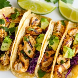 To make tasty chili lime chicken tacos, gather these main ingredients: - 2 chicken breasts, boneless and skinless - 2 tablespoons olive oil - 1 teaspoon chili powder - 1 teaspoon cumin - 1 teaspoon garlic powder - 1/2 teaspoon smoked paprika - Juice of 2 limes - Salt and pepper to taste - 8 small corn tortillas These ingredients give your tacos a great flavor. The lime juice adds zest, while the spices bring warmth. You can enhance your tacos with these optional garnishes and sides: - 1 avocado, sliced - 1 cup shredded red cabbage - Fresh cilantro, chopped (for garnish) - Lime wedges (for serving) These toppings add freshness and color to your dish. The avocado brings creaminess, and the cabbage adds crunch. Use these tools and equipment for a smooth cooking process: - Mixing bowl for the marinade - Grill or skillet for cooking - Tongs to flip the chicken - Sharp knife for slicing the chicken - Serving platter for your tacos Having the right tools makes cooking easier. This way, you can focus on making delicious tacos. {{ingredient_image_1}} First, gather all your marinade ingredients. In a bowl, mix the olive oil, chili powder, cumin, garlic powder, smoked paprika, lime juice, salt, and pepper. Stir until well combined. Place the chicken breasts in the bowl and coat them with the marinade. Cover the bowl and let it sit for at least 30 minutes. If you have more time, marinate for up to 2 hours in the fridge. This gives the chicken a bold flavor. Next, it’s time to cook the chicken. Preheat your grill or skillet over medium-high heat. Take the chicken out of the marinade. Cook each breast for about 6-7 minutes on one side. Flip and cook for another 6-7 minutes. You want the chicken to be fully cooked, with juices running clear. Check the temperature; it should reach 165°F (75°C). Once done, let the chicken rest for 5 minutes before slicing. This keeps it juicy. While the chicken rests, warm the corn tortillas. Use a dry skillet over medium heat. Place each tortilla in the skillet and heat for about 30 seconds on each side. This makes the tortillas soft and pliable, perfect for wrapping around the chicken. Finally, slice the rested chicken thinly. Divide the sliced chicken among the warmed tortillas. Top each taco with fresh avocado slices and a generous amount of shredded red cabbage. This adds a nice crunch and flavor. Finish by sprinkling chopped cilantro on top of each taco. Serve with lime wedges on the side for that extra zesty kick. To boost flavor, let the chicken marinate longer. I suggest at least 2 hours. This allows the spices to soak in well. You can also add fresh herbs like oregano. A sprinkle of lime zest gives it a bright kick. For extra heat, add diced jalapeños to the marinade. You can experiment with the spices too. Try adding coriander or a pinch of cayenne for a spicy twist. Grilling gives the chicken a nice smoky flavor. It creates a beautiful char on the outside. If you don’t have a grill, use a skillet. A cast iron skillet works best. Heat it on medium-high to get a good sear. Both methods are quick and easy. Just make sure the chicken reaches 165°F. This ensures it is safe to eat while staying juicy. Cook the chicken for 6-7 minutes per side. This timing works for medium-sized breasts. If your chicken is thicker, add a couple of extra minutes. Always check the internal temperature with a meat thermometer. Rest the chicken for 5 minutes after cooking. This helps keep it tender and juicy. Slice it thinly for the best texture in your tacos. Pro Tips Marinate Longer for Flavor: For the best flavor, marinate the chicken for at least 2 hours. This allows the spices to penetrate deeply, enhancing the taste. Check Chicken Temperature: Always use a meat thermometer to check for doneness. The internal temperature should reach 165°F (75°C) to ensure it is safe to eat. Warm Tortillas Properly: To achieve the best texture, warm your tortillas in a dry skillet until they are just pliable. This prevents them from tearing when you assemble your tacos. Customize Your Toppings: Feel free to add your favorite toppings like diced tomatoes, jalapeños, or a drizzle of crema to personalize your tacos further. {{image_2}} You can switch chicken for other proteins. Tofu works great for a plant-based option. Choose firm tofu, and press it to remove excess water. Cut it into cubes and marinate just like the chicken. If you prefer shrimp, use peeled and deveined shrimp. They cook quickly, about 3-4 minutes per side. Toppings can change the flavor of your tacos. Try using mango salsa for a sweet twist. Simply mix diced mango, red onion, lime juice, and jalapeño. You can also add diced tomatoes or pickled red onions for extra zest. Don’t forget cheese! Cotija or feta cheese adds a creamy touch. To make these tacos gluten-free, use corn tortillas. They are tasty and safe for gluten-free diets. If you want low-carb, try lettuce wraps instead. Large lettuce leaves can hold all your fillings. This keeps your meal light and fresh while still being filling. To keep your leftover tacos fresh, place them in an airtight container. Wrap each taco in plastic wrap to avoid sogginess. Store them in the fridge. Leftover tacos are best eaten within two days. When you're ready to enjoy your tacos again, take them out of the fridge. Remove any toppings like avocado and cilantro. You can reheat the chicken in a skillet over medium heat. Heat for about 5 minutes, turning it often. You want it hot but not dry. Warm the tortillas in the skillet for a minute on each side. This keeps them soft. If you want to store tacos for longer, freezing is a great option. First, cool the chicken completely. Then, wrap each taco tightly in foil. Place them in a freezer bag and remove as much air as possible. You can freeze them for up to three months. When ready to eat, thaw in the fridge overnight and reheat as mentioned above. You should marinate the chicken for at least 30 minutes. For more flavor, try up to 2 hours. This helps the spices soak in well. The lime juice also tenderizes the meat. Yes, you can make these tacos ahead of time. Marinate the chicken and cook it earlier in the day. Just store the cooked chicken in the fridge. You can warm it up before serving. Assemble the tacos just before eating to keep them fresh. Great sides include Mexican rice, black beans, or a fresh salad. You can also serve tortilla chips with salsa or guacamole. These sides add color and flavor to your meal. They balance well with the spices in the tacos. Yes, you can use flour tortillas. They are soft and often easier to fold. However, corn tortillas offer a nice, earthy taste. You can choose based on your taste or dietary needs. Both options work well with the chicken and toppings. Chili lime chicken tacos are tasty and easy to make. You can marinate, cook, and assemble them in steps, using key ingredients and helpful tools. Add garnishes for extra flavor and explore variations with different proteins. Remember to store leftovers correctly for later meals. Overall, this dish is fun and perfect for any occasion. I hope you enjoy making and sharing your tacos!