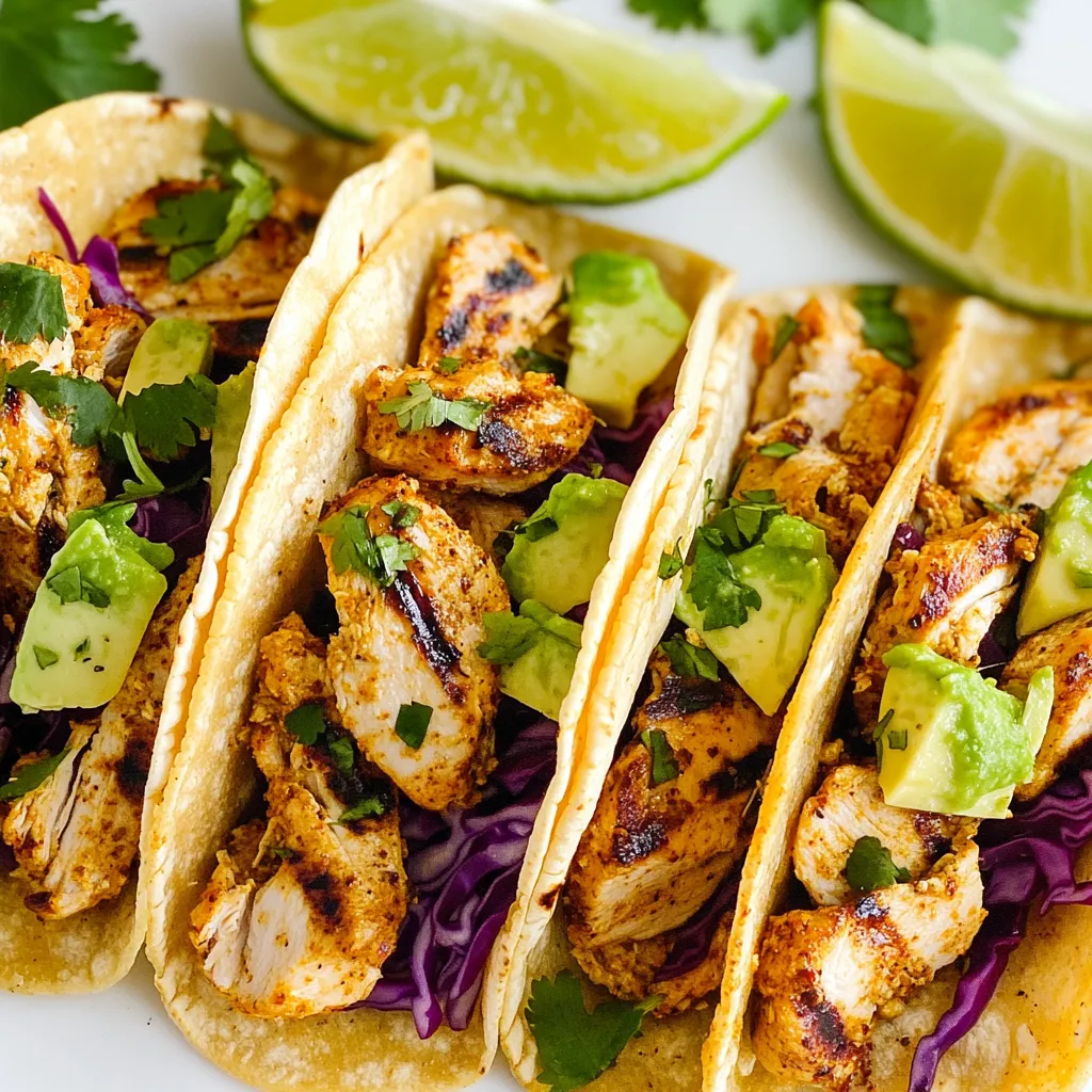 To make tasty chili lime chicken tacos, gather these main ingredients: - 2 chicken breasts, boneless and skinless - 2 tablespoons olive oil - 1 teaspoon chili powder - 1 teaspoon cumin - 1 teaspoon garlic powder - 1/2 teaspoon smoked paprika - Juice of 2 limes - Salt and pepper to taste - 8 small corn tortillas These ingredients give your tacos a great flavor. The lime juice adds zest, while the spices bring warmth. You can enhance your tacos with these optional garnishes and sides: - 1 avocado, sliced - 1 cup shredded red cabbage - Fresh cilantro, chopped (for garnish) - Lime wedges (for serving) These toppings add freshness and color to your dish. The avocado brings creaminess, and the cabbage adds crunch. Use these tools and equipment for a smooth cooking process: - Mixing bowl for the marinade - Grill or skillet for cooking - Tongs to flip the chicken - Sharp knife for slicing the chicken - Serving platter for your tacos Having the right tools makes cooking easier. This way, you can focus on making delicious tacos. {{ingredient_image_1}} First, gather all your marinade ingredients. In a bowl, mix the olive oil, chili powder, cumin, garlic powder, smoked paprika, lime juice, salt, and pepper. Stir until well combined. Place the chicken breasts in the bowl and coat them with the marinade. Cover the bowl and let it sit for at least 30 minutes. If you have more time, marinate for up to 2 hours in the fridge. This gives the chicken a bold flavor. Next, it’s time to cook the chicken. Preheat your grill or skillet over medium-high heat. Take the chicken out of the marinade. Cook each breast for about 6-7 minutes on one side. Flip and cook for another 6-7 minutes. You want the chicken to be fully cooked, with juices running clear. Check the temperature; it should reach 165°F (75°C). Once done, let the chicken rest for 5 minutes before slicing. This keeps it juicy. While the chicken rests, warm the corn tortillas. Use a dry skillet over medium heat. Place each tortilla in the skillet and heat for about 30 seconds on each side. This makes the tortillas soft and pliable, perfect for wrapping around the chicken. Finally, slice the rested chicken thinly. Divide the sliced chicken among the warmed tortillas. Top each taco with fresh avocado slices and a generous amount of shredded red cabbage. This adds a nice crunch and flavor. Finish by sprinkling chopped cilantro on top of each taco. Serve with lime wedges on the side for that extra zesty kick. To boost flavor, let the chicken marinate longer. I suggest at least 2 hours. This allows the spices to soak in well. You can also add fresh herbs like oregano. A sprinkle of lime zest gives it a bright kick. For extra heat, add diced jalapeños to the marinade. You can experiment with the spices too. Try adding coriander or a pinch of cayenne for a spicy twist. Grilling gives the chicken a nice smoky flavor. It creates a beautiful char on the outside. If you don’t have a grill, use a skillet. A cast iron skillet works best. Heat it on medium-high to get a good sear. Both methods are quick and easy. Just make sure the chicken reaches 165°F. This ensures it is safe to eat while staying juicy. Cook the chicken for 6-7 minutes per side. This timing works for medium-sized breasts. If your chicken is thicker, add a couple of extra minutes. Always check the internal temperature with a meat thermometer. Rest the chicken for 5 minutes after cooking. This helps keep it tender and juicy. Slice it thinly for the best texture in your tacos. Pro Tips Marinate Longer for Flavor: For the best flavor, marinate the chicken for at least 2 hours. This allows the spices to penetrate deeply, enhancing the taste. Check Chicken Temperature: Always use a meat thermometer to check for doneness. The internal temperature should reach 165°F (75°C) to ensure it is safe to eat. Warm Tortillas Properly: To achieve the best texture, warm your tortillas in a dry skillet until they are just pliable. This prevents them from tearing when you assemble your tacos. Customize Your Toppings: Feel free to add your favorite toppings like diced tomatoes, jalapeños, or a drizzle of crema to personalize your tacos further. {{image_2}} You can switch chicken for other proteins. Tofu works great for a plant-based option. Choose firm tofu, and press it to remove excess water. Cut it into cubes and marinate just like the chicken. If you prefer shrimp, use peeled and deveined shrimp. They cook quickly, about 3-4 minutes per side. Toppings can change the flavor of your tacos. Try using mango salsa for a sweet twist. Simply mix diced mango, red onion, lime juice, and jalapeño. You can also add diced tomatoes or pickled red onions for extra zest. Don’t forget cheese! Cotija or feta cheese adds a creamy touch. To make these tacos gluten-free, use corn tortillas. They are tasty and safe for gluten-free diets. If you want low-carb, try lettuce wraps instead. Large lettuce leaves can hold all your fillings. This keeps your meal light and fresh while still being filling. To keep your leftover tacos fresh, place them in an airtight container. Wrap each taco in plastic wrap to avoid sogginess. Store them in the fridge. Leftover tacos are best eaten within two days. When you're ready to enjoy your tacos again, take them out of the fridge. Remove any toppings like avocado and cilantro. You can reheat the chicken in a skillet over medium heat. Heat for about 5 minutes, turning it often. You want it hot but not dry. Warm the tortillas in the skillet for a minute on each side. This keeps them soft. If you want to store tacos for longer, freezing is a great option. First, cool the chicken completely. Then, wrap each taco tightly in foil. Place them in a freezer bag and remove as much air as possible. You can freeze them for up to three months. When ready to eat, thaw in the fridge overnight and reheat as mentioned above. You should marinate the chicken for at least 30 minutes. For more flavor, try up to 2 hours. This helps the spices soak in well. The lime juice also tenderizes the meat. Yes, you can make these tacos ahead of time. Marinate the chicken and cook it earlier in the day. Just store the cooked chicken in the fridge. You can warm it up before serving. Assemble the tacos just before eating to keep them fresh. Great sides include Mexican rice, black beans, or a fresh salad. You can also serve tortilla chips with salsa or guacamole. These sides add color and flavor to your meal. They balance well with the spices in the tacos. Yes, you can use flour tortillas. They are soft and often easier to fold. However, corn tortillas offer a nice, earthy taste. You can choose based on your taste or dietary needs. Both options work well with the chicken and toppings. Chili lime chicken tacos are tasty and easy to make. You can marinate, cook, and assemble them in steps, using key ingredients and helpful tools. Add garnishes for extra flavor and explore variations with different proteins. Remember to store leftovers correctly for later meals. Overall, this dish is fun and perfect for any occasion. I hope you enjoy making and sharing your tacos!