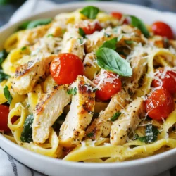 - 2 boneless, skinless chicken breasts - 8 oz fettuccine or your choice of pasta - 1 cup cherry tomatoes, halved - 2 cups baby spinach - 1 cup heavy cream - 1/2 cup sun-dried tomatoes, chopped - 1/2 cup grated Parmesan cheese - 2 tablespoons olive oil - 3 cloves garlic, minced - 1 teaspoon Italian seasoning - Salt and pepper to taste In this dish, the chicken is the star. Boneless, skinless chicken breasts cook quickly and stay juicy. Fettuccine adds a nice texture. You can choose other pasta if you like. Cherry tomatoes add sweetness. Baby spinach brings a fresh touch. Heavy cream makes the sauce rich and smooth. Sun-dried tomatoes give a tangy flavor boost. Grated Parmesan cheese adds a salty kick. Olive oil and garlic create a fragrant base. Italian seasoning ties all the flavors together. - Fresh basil for garnish - Additional seasonings and spices Basil is a lovely touch for freshness. You can also play with other spices, like red pepper flakes for heat. This allows you to customize the dish to your liking. {{ingredient_image_1}} To cook the pasta, fill a large pot with water. Add salt to the water. Bring the water to a boil. Add your fettuccine. Cook it according to the package instructions. You want it to be al dente. This means it should be firm but not hard. Drain the pasta and set it aside. For the chicken, season both sides of the breasts with salt, pepper, and Italian seasoning. Heat olive oil in a large skillet over medium heat. Add the chicken breasts to the skillet. Cook each side for about 6-7 minutes. You want the chicken cooked through and no longer pink. Once done, remove it from the skillet and slice it into strips. In the same skillet, add minced garlic and halved cherry tomatoes. Sauté them for about 2 minutes. You want the garlic fragrant and the tomatoes softening. Stir them so they cook evenly. This step adds great flavor to your dish. Next, add the chopped sun-dried tomatoes and heavy cream to the skillet. Stir well to combine everything. Bring the mixture to a gentle simmer. Let it cook for 2-3 minutes. This makes the sauce rich and creamy. Now, add the cooked pasta and baby spinach to the skillet. Toss everything together well. You want the spinach to wilt and the pasta to be coated in the sauce. This step brings all the flavors together. Finally, add the sliced chicken back into the skillet. Sprinkle in the grated Parmesan cheese. Stir until everything is mixed and heated through. You can adjust the seasoning with more salt and pepper as needed. Serve the pasta in a bowl, garnishing with fresh basil and extra cheese if you like. This final touch makes it look great and taste even better. To avoid mushy pasta, follow these steps: - Use plenty of salted water. - Stir the pasta in the first minute to prevent sticking. - Cook until al dente, or firm to the bite. - Drain the pasta, but do not rinse. This keeps the starch for sauce. Cooking pasta perfectly helps it hold the sauce better. This gives your dish a nice texture. To keep chicken juicy and flavorful, here’s what to do: - Season the chicken well with salt, pepper, and Italian seasoning. - Sear the chicken in hot olive oil. This locks in moisture. - Cook until the center is no longer pink. - Let the chicken rest before slicing. This keeps juices inside. Juicy chicken adds great taste to your pasta dish. It balances the creamy sauce perfectly. Adjusting the cream sauce can change the dish. Here’s how: - For a thinner sauce, add more heavy cream or a splash of pasta water. - For a thicker sauce, let it simmer longer. Stir often to prevent burning. - Taste and adjust seasoning as needed. The right sauce thickness coats the pasta well. It makes every bite creamy and rich. Serving your Tuscan chicken pasta nicely makes a big difference. Try these ideas: - Use a large shallow bowl for a beautiful spread. - Drizzle extra cream sauce on top. - Sprinkle with cracked black pepper and fresh basil for color. A well-presented dish looks appetizing and makes dining special. Enjoy the compliments! Pro Tips Perfectly Cooked Pasta: Always salt your water before adding the pasta. This enhances the flavor and helps the pasta maintain its texture. Chicken Cooking Tips: Allow the chicken to rest for a few minutes after cooking. This keeps it juicy and flavorful when you slice it. Spinach Addition: Add the spinach towards the end of the cooking process to retain its vibrant color and nutrients. Cheese Melting: For a creamy texture, add the Parmesan cheese gradually while stirring to ensure it melts evenly into the sauce. {{image_2}} You can make a tasty vegetarian version of Tuscan chicken pasta. Start by replacing the chicken. Use mushrooms or eggplant for a hearty texture. You can also add chickpeas for protein. Replace the heavy cream with coconut milk or a cashew cream for a rich sauce. Add more veggies like zucchini or bell peppers. This way, you keep the dish colorful and healthy. While fettuccine is a classic choice, you can use other pasta types. Penne or rotini works well, too. These pasta shapes hold sauce nicely. You can even try gluten-free pasta if you need it. Just adjust cooking time based on the pasta you choose. Each type gives a unique twist to your dish. To add more flavor, use fresh herbs like thyme or oregano. You can also sprinkle in some red pepper flakes for heat. A little lemon zest brightens the dish, giving it freshness. If you love garlic, add more cloves! Experiment with spices to find your favorite blend. These small changes can make your Tuscan chicken pasta even better. To keep your Tuscan chicken pasta fresh, store it in an airtight container. Make sure it cools to room temperature before sealing. Place it in the fridge and enjoy it within three days. If you want to keep it longer, consider freezing it. Reheat your pasta in a pan over low heat. Add a splash of cream or water to keep it moist. Stir often to avoid sticking and let it heat evenly. You can also use a microwave. Place the pasta in a microwave-safe dish, cover it, and heat in short bursts, stirring in between. Yes, you can freeze Tuscan chicken pasta! To do it right, let it cool completely. Then, portion it into freezer bags or containers. Squeeze out excess air before sealing. It can last for about two months in the freezer. When ready to eat, thaw it in the fridge overnight before reheating. Tuscan Chicken Pasta is a rich and creamy dish. It combines chicken, pasta, and fresh veggies. The dish often uses sun-dried tomatoes and heavy cream for flavor. This dish draws inspiration from the sunny region of Tuscany, Italy. You can find it in many Italian restaurants. It is both comforting and satisfying. Making Tuscan Chicken Pasta takes about 30 minutes. You will spend 15 minutes prepping and 15 minutes cooking. This quick time makes it great for busy nights. You can serve it fresh for family or friends. Yes, you can use different cheeses. Mozzarella or goat cheese can work well. Each cheese will change the taste slightly. Mozzarella adds creaminess, while goat cheese adds tang. Feel free to experiment! Tuscan Chicken Pasta can be healthy in moderation. It has protein from chicken and vitamins from spinach. However, it also has heavy cream and cheese. You may want to enjoy it as a treat. Balance it with lighter meals on other days. To make Tuscan Chicken Pasta dairy-free, swap heavy cream for coconut milk. Use nutritional yeast for a cheesy flavor. You can also skip cheese altogether. This will keep the dish creamy while being kind to your tummy. To sum up, Tuscan chicken pasta is a tasty dish made with simple ingredients. We discussed choosing the right pasta, cooking juicy chicken, and sautéing fresh veggies. We learned to make a creamy sauce with sun-dried tomatoes. Tips on storing leftovers and variations keep this dish flexible. Enjoy experimenting with flavors and methods. I hope this guide inspires you to create your own version of Tuscan chicken pasta. Share this meal with friends and family for a delicious experience. Happy cooking!