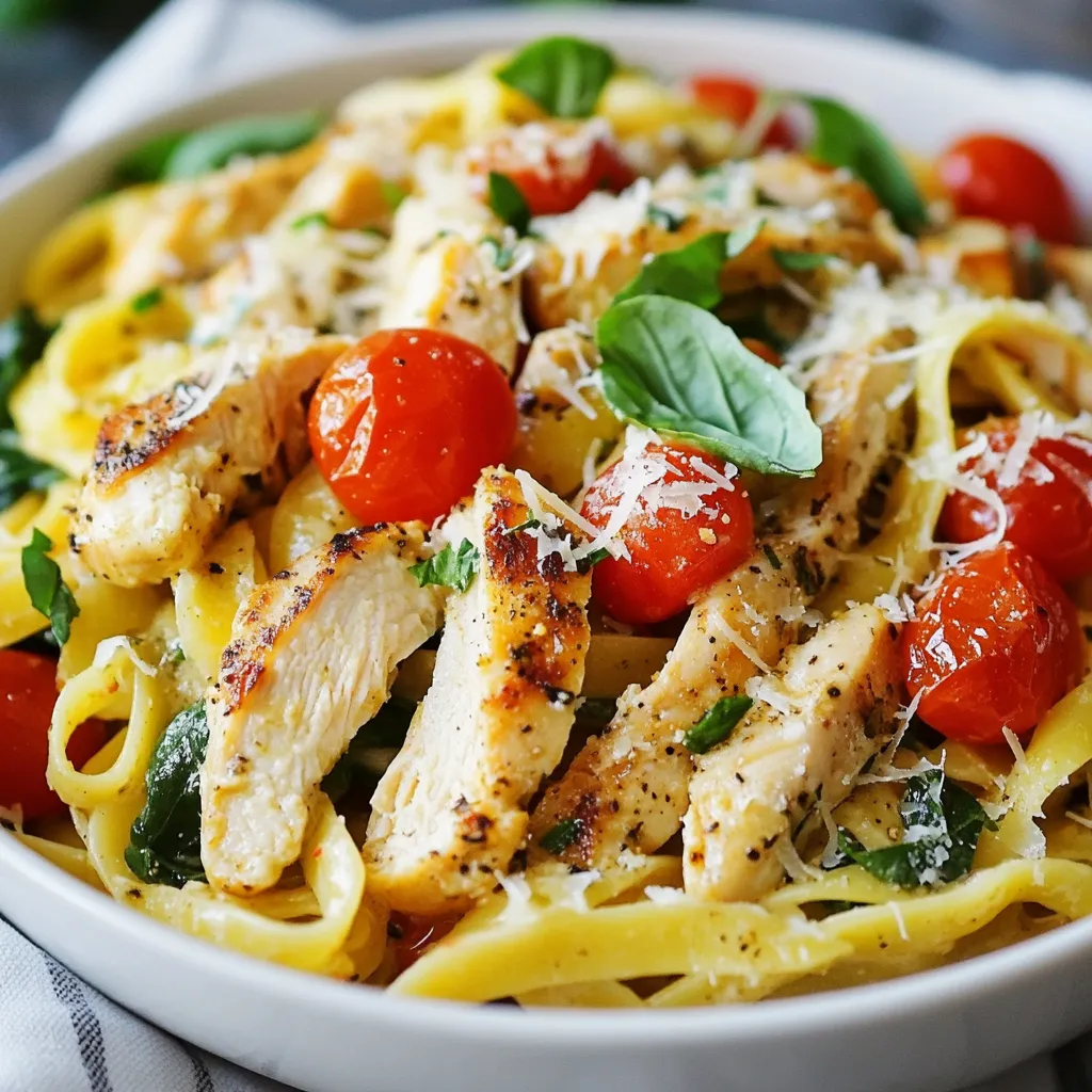 - 2 boneless, skinless chicken breasts - 8 oz fettuccine or your choice of pasta - 1 cup cherry tomatoes, halved - 2 cups baby spinach - 1 cup heavy cream - 1/2 cup sun-dried tomatoes, chopped - 1/2 cup grated Parmesan cheese - 2 tablespoons olive oil - 3 cloves garlic, minced - 1 teaspoon Italian seasoning - Salt and pepper to taste In this dish, the chicken is the star. Boneless, skinless chicken breasts cook quickly and stay juicy. Fettuccine adds a nice texture. You can choose other pasta if you like. Cherry tomatoes add sweetness. Baby spinach brings a fresh touch. Heavy cream makes the sauce rich and smooth. Sun-dried tomatoes give a tangy flavor boost. Grated Parmesan cheese adds a salty kick. Olive oil and garlic create a fragrant base. Italian seasoning ties all the flavors together. - Fresh basil for garnish - Additional seasonings and spices Basil is a lovely touch for freshness. You can also play with other spices, like red pepper flakes for heat. This allows you to customize the dish to your liking. {{ingredient_image_1}} To cook the pasta, fill a large pot with water. Add salt to the water. Bring the water to a boil. Add your fettuccine. Cook it according to the package instructions. You want it to be al dente. This means it should be firm but not hard. Drain the pasta and set it aside. For the chicken, season both sides of the breasts with salt, pepper, and Italian seasoning. Heat olive oil in a large skillet over medium heat. Add the chicken breasts to the skillet. Cook each side for about 6-7 minutes. You want the chicken cooked through and no longer pink. Once done, remove it from the skillet and slice it into strips. In the same skillet, add minced garlic and halved cherry tomatoes. Sauté them for about 2 minutes. You want the garlic fragrant and the tomatoes softening. Stir them so they cook evenly. This step adds great flavor to your dish. Next, add the chopped sun-dried tomatoes and heavy cream to the skillet. Stir well to combine everything. Bring the mixture to a gentle simmer. Let it cook for 2-3 minutes. This makes the sauce rich and creamy. Now, add the cooked pasta and baby spinach to the skillet. Toss everything together well. You want the spinach to wilt and the pasta to be coated in the sauce. This step brings all the flavors together. Finally, add the sliced chicken back into the skillet. Sprinkle in the grated Parmesan cheese. Stir until everything is mixed and heated through. You can adjust the seasoning with more salt and pepper as needed. Serve the pasta in a bowl, garnishing with fresh basil and extra cheese if you like. This final touch makes it look great and taste even better. To avoid mushy pasta, follow these steps: - Use plenty of salted water. - Stir the pasta in the first minute to prevent sticking. - Cook until al dente, or firm to the bite. - Drain the pasta, but do not rinse. This keeps the starch for sauce. Cooking pasta perfectly helps it hold the sauce better. This gives your dish a nice texture. To keep chicken juicy and flavorful, here’s what to do: - Season the chicken well with salt, pepper, and Italian seasoning. - Sear the chicken in hot olive oil. This locks in moisture. - Cook until the center is no longer pink. - Let the chicken rest before slicing. This keeps juices inside. Juicy chicken adds great taste to your pasta dish. It balances the creamy sauce perfectly. Adjusting the cream sauce can change the dish. Here’s how: - For a thinner sauce, add more heavy cream or a splash of pasta water. - For a thicker sauce, let it simmer longer. Stir often to prevent burning. - Taste and adjust seasoning as needed. The right sauce thickness coats the pasta well. It makes every bite creamy and rich. Serving your Tuscan chicken pasta nicely makes a big difference. Try these ideas: - Use a large shallow bowl for a beautiful spread. - Drizzle extra cream sauce on top. - Sprinkle with cracked black pepper and fresh basil for color. A well-presented dish looks appetizing and makes dining special. Enjoy the compliments! Pro Tips Perfectly Cooked Pasta: Always salt your water before adding the pasta. This enhances the flavor and helps the pasta maintain its texture. Chicken Cooking Tips: Allow the chicken to rest for a few minutes after cooking. This keeps it juicy and flavorful when you slice it. Spinach Addition: Add the spinach towards the end of the cooking process to retain its vibrant color and nutrients. Cheese Melting: For a creamy texture, add the Parmesan cheese gradually while stirring to ensure it melts evenly into the sauce. {{image_2}} You can make a tasty vegetarian version of Tuscan chicken pasta. Start by replacing the chicken. Use mushrooms or eggplant for a hearty texture. You can also add chickpeas for protein. Replace the heavy cream with coconut milk or a cashew cream for a rich sauce. Add more veggies like zucchini or bell peppers. This way, you keep the dish colorful and healthy. While fettuccine is a classic choice, you can use other pasta types. Penne or rotini works well, too. These pasta shapes hold sauce nicely. You can even try gluten-free pasta if you need it. Just adjust cooking time based on the pasta you choose. Each type gives a unique twist to your dish. To add more flavor, use fresh herbs like thyme or oregano. You can also sprinkle in some red pepper flakes for heat. A little lemon zest brightens the dish, giving it freshness. If you love garlic, add more cloves! Experiment with spices to find your favorite blend. These small changes can make your Tuscan chicken pasta even better. To keep your Tuscan chicken pasta fresh, store it in an airtight container. Make sure it cools to room temperature before sealing. Place it in the fridge and enjoy it within three days. If you want to keep it longer, consider freezing it. Reheat your pasta in a pan over low heat. Add a splash of cream or water to keep it moist. Stir often to avoid sticking and let it heat evenly. You can also use a microwave. Place the pasta in a microwave-safe dish, cover it, and heat in short bursts, stirring in between. Yes, you can freeze Tuscan chicken pasta! To do it right, let it cool completely. Then, portion it into freezer bags or containers. Squeeze out excess air before sealing. It can last for about two months in the freezer. When ready to eat, thaw it in the fridge overnight before reheating. Tuscan Chicken Pasta is a rich and creamy dish. It combines chicken, pasta, and fresh veggies. The dish often uses sun-dried tomatoes and heavy cream for flavor. This dish draws inspiration from the sunny region of Tuscany, Italy. You can find it in many Italian restaurants. It is both comforting and satisfying. Making Tuscan Chicken Pasta takes about 30 minutes. You will spend 15 minutes prepping and 15 minutes cooking. This quick time makes it great for busy nights. You can serve it fresh for family or friends. Yes, you can use different cheeses. Mozzarella or goat cheese can work well. Each cheese will change the taste slightly. Mozzarella adds creaminess, while goat cheese adds tang. Feel free to experiment! Tuscan Chicken Pasta can be healthy in moderation. It has protein from chicken and vitamins from spinach. However, it also has heavy cream and cheese. You may want to enjoy it as a treat. Balance it with lighter meals on other days. To make Tuscan Chicken Pasta dairy-free, swap heavy cream for coconut milk. Use nutritional yeast for a cheesy flavor. You can also skip cheese altogether. This will keep the dish creamy while being kind to your tummy. To sum up, Tuscan chicken pasta is a tasty dish made with simple ingredients. We discussed choosing the right pasta, cooking juicy chicken, and sautéing fresh veggies. We learned to make a creamy sauce with sun-dried tomatoes. Tips on storing leftovers and variations keep this dish flexible. Enjoy experimenting with flavors and methods. I hope this guide inspires you to create your own version of Tuscan chicken pasta. Share this meal with friends and family for a delicious experience. Happy cooking!