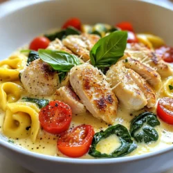 - 2 boneless, skinless chicken breasts - 1 teaspoon garlic powder - 1 teaspoon Italian seasoning - Salt and black pepper to taste - 2 tablespoons olive oil - 1 cup cherry tomatoes, halved - 1 cup heavy cream - 1 cup chicken broth - 1 cup fresh spinach - 1 package (9 oz) cheese tortellini - ½ cup grated Parmesan cheese - Fresh basil leaves for garnish Gathering the right ingredients is key to making Marry Me Chicken Tortellini. You start with two juicy chicken breasts that are boneless and skinless. Season them well with garlic powder and Italian seasoning. Add salt and pepper to taste for extra flavor. You'll need olive oil to sauté the chicken. For that creamy sauce, grab heavy cream and chicken broth. Cherry tomatoes add a nice sweetness and color. Fresh spinach adds nutrition and a lovely green touch to the dish. Don't forget the cheese tortellini, which is the star of this meal. Finally, some grated Parmesan cheese will bring it all together. Fresh basil leaves are great for garnishing. They add a pop of color and flavor that makes your dish shine. With these ingredients, you are ready to create a delightful meal that impresses everyone. {{ingredient_image_1}} 1. Seasoning the chicken breasts: Start by taking your chicken breasts. Sprinkle garlic powder, Italian seasoning, salt, and pepper on both sides. Make sure every part is coated well. 2. Cooking chicken in skillet: Heat olive oil in a large skillet over medium heat. Add the seasoned chicken breasts. Cook for about 6-7 minutes on each side. You want them golden brown and cooked through. Once done, remove the chicken and set it aside. 1. Sautéing tomatoes: In the same skillet, toss in the halved cherry tomatoes. Sauté for about 2-3 minutes until they start to soften. This adds a nice sweetness to your dish. 2. Making the creamy sauce: Pour in the heavy cream and chicken broth. Stir well to combine. Bring this mixture to a gentle simmer, then lower the heat. 3. Cooking tortellini: Add the tortellini to the skillet. Cook according to the package instructions, which usually takes about 3-5 minutes. You want them to be al dente. 1. Adding spinach and cheese: Stir in the fresh spinach and grated Parmesan cheese. This will create a rich and creamy texture. Allow the spinach to wilt and the cheese to melt. 2. Combining chicken with sauce: Slice the cooked chicken into strips. Return the chicken to the skillet and mix gently. Let it simmer for another minute to heat everything through. 3. Serving suggestions: Serve warm, garnished with fresh basil leaves. This adds a pop of color and flavor. Enjoy your Marry Me Chicken Tortellini! How to achieve perfect chicken To get juicy chicken, season both sides well. Use garlic powder, Italian seasoning, salt, and pepper. Cook the chicken in olive oil over medium heat. This takes about 6-7 minutes on each side. Look for a golden color and ensure it’s cooked through. Ensuring tortellini is al dente For the best texture, cook tortellini according to the package. Usually, this means boiling for 3-5 minutes. Check it a minute early. You want it firm yet tender when you bite. Adjusting creaminess to taste To change the creaminess, add more heavy cream if you like. For a lighter version, use less cream and more chicken broth. This gives you control over how rich the sauce feels. Best types of cheese to use Parmesan cheese works great in this dish. It melts well and adds flavor. If you want something different, try Pecorino Romano. It has a sharper taste that can enhance the sauce. Garnishing ideas with basil Fresh basil makes this dish pop. Tear the leaves and sprinkle them on top before serving. This adds color and a nice aroma. You can also add a few whole leaves for a nice touch. Serving choices (e.g., bowls vs. plates) You can serve this dish in bowls or on plates. Using bowls helps keep the sauce contained. Plates allow for more presentation flair. Either way, enjoy the vibrant colors on display! Pro Tips Use Fresh Herbs: Fresh basil not only adds flavor but also enhances the dish's presentation. Consider adding other fresh herbs like parsley or oregano for added depth. Perfectly Cook Tortellini: To avoid overcooking the tortellini, set a timer based on the package instructions and taste a piece a minute before the time is up to ensure it’s al dente. Chicken Temperature: Ensure your chicken reaches an internal temperature of 165°F (75°C) for safe consumption. Use a meat thermometer for accuracy. Customize Your Veggies: Feel free to add other vegetables like bell peppers or zucchini to the dish for extra nutrients and flavor. Just sauté them with the tomatoes for even cooking. {{image_2}} You can make this dish even better by swapping out some ingredients. Here are a few ideas: - Alternative proteins: Use turkey or tofu instead of chicken. Both options provide a tasty twist. - Dairy-free options: For a dairy-free dish, try coconut cream and dairy-free cheese. These substitutions keep the dish fun and friendly for everyone's needs! Want to change up the taste? Here are some fun ways to add flavor: - Adding spices or herbs: Mix in some red pepper flakes for heat or fresh thyme for earthy notes. Both will liven up the dish. - Vegetables to incorporate: Toss in bell peppers, mushrooms, or zucchini. These add color and nutrients. You can be creative and make it your own! If you want to switch up the pasta, consider these options: - Gluten-free pasta options: Look for gluten-free tortellini or use rice or quinoa pasta. - Other pasta shapes to use: Instead of tortellini, try bow ties or shells. They work great in this sauce. Experimenting with pasta can change the whole vibe of your meal! To keep your Marry Me Chicken Tortellini fresh, follow these simple steps. Place leftovers in an airtight container. This helps prevent air and moisture from ruining the dish. Make sure to let it cool before sealing. In the fridge, your meal will stay good for about three days. If you want to enjoy it later, consider freezing. To freeze Marry Me Chicken Tortellini, first, let it cool completely. Then, portion it into freezer-safe bags or containers. Remove as much air as possible before sealing. This helps prevent freezer burn. When you are ready to eat, thaw it in the fridge overnight. For reheating, heat it gently on the stove over low heat. Add a splash of chicken broth if it’s too thick. You can also microwave it in short bursts, stirring in between. Enjoy your meal just like the first time! What can I serve with Marry Me Chicken Tortellini? You can pair this dish with garlic bread or a fresh salad. A light green salad with lemon dressing works well. You might also enjoy roasted vegetables for extra flavor. Can I make this recipe in advance? Yes, you can prep some parts ahead. Cook the chicken and sauce, then store them separately. Just add the tortellini and spinach before serving. This keeps everything fresh and tasty. How long does it take to cook the tortellini? Cooking tortellini takes about 3 to 5 minutes. Just follow the package instructions for perfect results. Keep an eye on them to avoid overcooking. What if the sauce is too thick? If your sauce is too thick, simply add more chicken broth or cream. Stir well until you reach your desired consistency. This will keep the flavors rich and creamy. How to fix overcooked tortellini? If your tortellini gets overcooked, try adding them to the sauce right away. This helps them soak up some moisture. You can also add a splash of broth to help soften them. This dish brings together simple ingredients for a delicious meal. We started with chicken and creamy sauce, then added fresh tortellini and vibrant spinach. You learned tips for cooking chicken perfectly and making the best cream sauce. I shared ways to customize flavors and how to store leftovers. As you try this recipe, remember to enjoy the process. Mix in your favorite ingredients and make it your own. Happy cooking!
