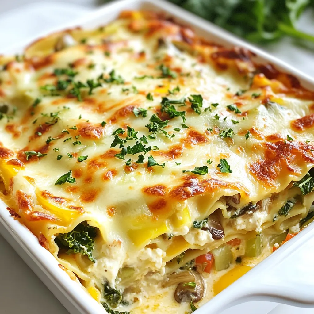 For a tasty Loaded Veggie White Lasagna, gather these main ingredients: - 9 lasagna noodles (no-boil or regular) - 2 cups ricotta cheese - 1 ½ cups mozzarella cheese, shredded - 1 cup Parmesan cheese, grated - 2 tablespoons olive oil - 2 cloves garlic, minced - 1 medium zucchini, sliced - 1 red bell pepper, diced - 1 cup baby spinach, roughly chopped - 1 cup mushrooms, sliced - 2 cups kale, chopped - 1 teaspoon dried oregano - 1 teaspoon dried basil - Salt and pepper to taste - 3 cups creamy white sauce (store-bought or homemade) These ingredients make a rich and hearty dish. The cheeses blend beautifully with the veggies. Cheese plays a big role in lasagna flavor. I use ricotta for creaminess. It gives a rich texture that contrasts with the noodles. Mozzarella adds stretch and melt, making each bite gooey. Parmesan brings a salty, nutty flavor, which enhances the overall taste. I recommend grating your cheese fresh. It melts better than pre-shredded cheese. This simple step makes a big difference. Using fresh, seasonal veggies boosts flavor and nutrition. I love using zucchini and bell peppers for their crunch. Spinach and kale add vibrant color and nutrients. Mushrooms give an earthy taste that balances the dish. Feel free to swap in your favorite veggies. Asparagus or broccoli can work well too. Just keep the colors bright for a beautiful, appetizing lasagna! {{ingredient_image_1}} Start by heating olive oil in a large skillet over medium heat. Add minced garlic and sauté for about one minute. The garlic should smell nice. Next, toss in sliced zucchini, diced red bell pepper, sliced mushrooms, and chopped kale. Cook these veggies for five to seven minutes. They should become tender but not mushy. Stir in the roughly chopped baby spinach and cook until it wilts. Add dried oregano, dried basil, salt, and pepper to taste. Mix well, then remove from heat and set aside. If you want to make your own white sauce, begin with a saucepan. Melt three tablespoons of butter over medium heat. Once the butter is melted, add three tablespoons of flour. Use a whisk to blend them. Gradually pour in three cups of milk while whisking. Continue to stir until the sauce thickens. This step is crucial for a creamy texture. Season the sauce with salt and pepper to your liking. Preheat your oven to 375°F (190°C). Grab a 9x13 inch baking dish and spread a thin layer of white sauce at the bottom. Place three lasagna noodles over the sauce. Spread half of the ricotta cheese on top, followed by half of the veggie mix. Sprinkle one-third of mozzarella and Parmesan cheese over this layer. Top it off with a layer of white sauce. Now, repeat the layering. Add another three noodles, the rest of the ricotta, the remaining veggie mix, and another third of mozzarella and Parmesan. Pour on another layer of white sauce. Finish with the last three noodles, the remaining white sauce, and the last of the mozzarella and Parmesan on top. Cover the baking dish with aluminum foil and bake for 25 minutes. After that, remove the foil and bake for an extra 15 to 20 minutes. The top should be golden and bubbly. Let the lasagna rest for about ten minutes before you slice it. Enjoy! To get the best cheese layer, mix your cheeses well. I use ricotta, mozzarella, and Parmesan. Each cheese brings a unique flavor. Make sure to season the ricotta with salt and pepper. This adds taste and depth. Spread the ricotta evenly so each bite has cheese. Layering more mozzarella on top gives a nice melt. Cooking your veggies right makes all the difference. Start with olive oil and garlic in a hot skillet. Garlic adds aroma and flavor. Then, add your hard veggies first, like zucchini and bell pepper. Cook them until tender. Spinach wilts quickly, so add it last. This keeps it fresh and bright. Season with oregano and basil for added flavor. To prevent a soggy lasagna, avoid too much sauce. Use just enough to coat the noodles. If using frozen veggies, thaw and drain them first. This helps cut excess moisture. Let the lasagna rest after baking. This helps it set and makes slicing easier. A dry layer between the noodles is key for perfect texture. Pro Tips Tip for Noodle Selection: Use no-boil noodles for a quicker prep time; they soak up moisture during baking and yield a perfectly textured lasagna. Tip for Veggie Variations: Feel free to swap in your favorite vegetables like eggplant or broccoli for a personalized touch; just ensure they are chopped finely. Tip for a Creamier Sauce: Add a splash of cream or a dollop of sour cream to your white sauce for an extra rich and creamy texture. Tip for Serving: Allow the lasagna to rest before slicing to help it hold its shape; this results in cleaner, more appealing portions. {{image_2}} If you want a gluten-free lasagna, you have choices. You can use gluten-free lasagna noodles. Look for brands that fit this need. You might also try zucchini slices. They are a great low-carb option. Just slice them thin. They add flavor and texture. Another option is using rice paper. Soak the rice paper before layering. Each of these options works well with the creamy sauce and veggies. You can change the veggies in this lasagna. Try adding eggplant for a meaty texture. Sweet potatoes also work well. They bring a nice sweetness. Broccoli or cauliflower add crunch and nutrients. Carrots can brighten the dish with their color. Mix and match your favorite veggies. This dish is all about your tastes! To make a vegan version, swap out the cheeses. Use vegan ricotta made from nuts or tofu. Nutritional yeast can replace Parmesan for a cheesy flavor. For mozzarella, find a plant-based cheese that melts well. The creamy white sauce can be made with plant milk. Just use flour and vegan butter. These swaps let you enjoy the same rich taste without any animal products. To store leftover Loaded Veggie White Lasagna, let it cool first. Cover it tightly with plastic wrap or foil. You can also place it in an airtight container. This keeps it fresh and tasty. Store in the fridge for up to four days. If you want to save it longer, freezing is a great option. When you reheat the lasagna, keep it moist. Place a piece of foil over the dish to prevent drying out. Heat it in the oven at 350°F (175°C) for about 20 minutes. If you use the microwave, cover it to keep the steam in. Heat in short bursts, checking often to avoid overcooking. The goal is to warm it through and keep it creamy. For long-term storage, freeze the lasagna. Cut it into single servings to make reheating easier. Wrap each piece tightly in plastic wrap. Then, place them in a freezer-safe bag. Label the bag with the date. It can stay frozen for up to three months. When you're ready to enjoy it, thaw it in the fridge overnight. Then, reheat as mentioned above. Enjoy your delicious, home-cooked meal any time! Yes, you can use regular lasagna noodles. Just cook them first. Follow the package directions until they are al dente. This way, they won’t get too soft in the oven. Keep in mind that no-boil noodles soak up the sauce. They make the cooking process easier. You can use cottage cheese as a great substitute. It has a similar texture and taste. You can blend it for a smoother feel. Another option is cream cheese. Just soften it before mixing. For a dairy-free version, use tofu blended with lemon juice and a pinch of salt. This gives a creamy texture too. Loaded Veggie White Lasagna lasts about 3 to 5 days in the fridge. Store it in an airtight container. This keeps it fresh and tasty. If you want it to last longer, consider freezing it. It can stay good for up to 3 months in the freezer. Just make sure to wrap it well to prevent freezer burn. You learned about making a tasty Loaded Veggie White Lasagna. We covered key ingredients, from fresh veggies to cheese types. I shared step-by-step instructions to help you create layers of goodness. Helpful tips showed you how to keep your lasagna perfect and tasty. You also learned ways to adapt the recipe for gluten-free or vegan needs. Remember, proper storage and reheating will keep it delicious. Enjoy your cooking adventure and make it your own!