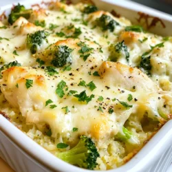 To make the Keto Chicken Alfredo Casserole, you will need the following: - 2 cups cooked chicken, shredded - 1 cup heavy cream - 1 cup grated Parmesan cheese - 1 cup broccoli florets (fresh or frozen) - 1 cup cauliflower rice - 1 teaspoon garlic powder - 1 teaspoon onion powder - ½ teaspoon Italian seasoning - Salt and pepper to taste - ½ cup shredded mozzarella cheese (for topping) - Fresh parsley, chopped (for garnish) You can change a few ingredients if needed. Here are some easy swaps: - For the heavy cream, use coconut cream for a dairy-free option. - Instead of broccoli, try spinach or zucchini for a different flavor. - If you don’t have Parmesan, use any hard cheese you like. - You can swap cauliflower rice with riced zucchini for a lighter meal. These options keep the dish low-carb while adding fun flavors. This casserole is not just tasty; it is also nutritious. Here’s a quick look at the important numbers per serving (based on 6 servings): - Calories: 450 - Protein: 35g - Fat: 30g - Carbohydrates: 8g - Fiber: 3g This meal is rich in protein and healthy fats, making it great for a keto diet. It also gives you vitamins from the broccoli and cauliflower. Enjoy this dish knowing you are eating well! {{ingredient_image_1}} First, gather all your ingredients. You will need: - 2 cups cooked chicken, shredded - 1 cup heavy cream - 1 cup grated Parmesan cheese - 1 cup broccoli florets - 1 cup cauliflower rice - 1 teaspoon garlic powder - 1 teaspoon onion powder - ½ teaspoon Italian seasoning - Salt and pepper to taste - ½ cup shredded mozzarella cheese - Fresh parsley, chopped Next, preheat your oven to 375°F (190°C). Grease a 9x13 inch baking dish with cooking spray or olive oil. In a large bowl, combine the shredded chicken, heavy cream, Parmesan cheese, broccoli florets, cauliflower rice, garlic powder, onion powder, Italian seasoning, salt, and pepper. Mix until everything blends well. Pour the chicken and cream mix into the greased baking dish. Spread it evenly across the bottom. Now, sprinkle the shredded mozzarella cheese on top. Cover the dish with aluminum foil. Bake it in the preheated oven for 25 minutes. After that, remove the foil and bake for another 10-15 minutes. You want the cheese to be bubbly and golden brown. To check if your casserole is done, look for the cheese. It should be bubbly and lightly browned. You can insert a knife into the center. If it comes out hot, your dish is ready. Let it cool for a few minutes before you serve it. Garnish with chopped parsley for a fresh finish. Enjoy your delicious Keto Chicken Alfredo Casserole! To boost the taste of your casserole, focus on your seasoning. Use fresh herbs like parsley for a bright flavor. Adjust the salt and pepper to your liking. Garlic and onion powders add depth. You can also try adding a dash of lemon juice for a hint of acidity. This balance brings out the creaminess of the Alfredo sauce. One mistake is overcooking the broccoli. It should remain bright and tender, not mushy. Another error is not mixing the ingredients well. Make sure everything is combined for even flavor. Be careful with the cheese; too much can make the dish greasy. Finally, avoid skipping the resting time. Letting it cool helps the casserole set properly. To make this dish, you need a few key tools. A large mixing bowl helps combine all the ingredients. A 9x13 inch baking dish is ideal for even cooking. Use a spatula to spread the mixture evenly. An aluminum foil cover ensures the casserole cooks without drying out. Finally, have a sharp knife ready for cutting and serving your delicious meal. Pro Tips Use Rotisserie Chicken: For a quick and easy option, use store-bought rotisserie chicken instead of cooking your own. It saves time and adds flavor. Veggie Variations: Feel free to add other vegetables like spinach, bell peppers, or zucchini to customize your casserole and boost its nutritional value. Make Ahead: This casserole can be assembled ahead of time and stored in the refrigerator for up to 24 hours before baking. Just add a few extra minutes to the baking time. Cheese Options: Experiment with different types of cheese for the topping. Cheddar or a blend of Italian cheeses can give a unique twist to the flavor. {{image_2}} You can add more vegetables to make this dish colorful and tasty. Some great options include: - Spinach - Zucchini - Bell peppers These veggies add flavor and nutrients. Just chop them up and mix them into the chicken and cream blend. If you like a crunch, add some sliced almonds on top before baking. If you want to switch proteins, go ahead! You can use: - Cooked turkey - Ground beef - Shrimp These alternatives can change the flavor and keep things fresh. Just ensure they are cooked before adding them to the mix. They should blend well with the creamy sauce. You might have special diet needs. Here are some tips to make the dish fit your needs: - For dairy-free, swap heavy cream with coconut cream. - Use nutritional yeast instead of cheese for a vegan option. - If you are low-carb, skip the cauliflower rice. These changes keep the meal keto-friendly while allowing you to enjoy it your way. After enjoying your Keto Chicken Alfredo Casserole, let it cool. Place leftovers in an airtight container. Store them in the fridge. They will stay fresh for about 3-4 days. Label the container with the date. This helps you keep track of freshness. If you want to save some for later, freezing works great! First, let the casserole cool completely. Cut it into portions for easy thawing. Wrap each piece tightly in plastic wrap. Then, place them in a freezer-safe bag or container. You can freeze it for up to 2-3 months. Be sure to label the bag with the date. When you're ready to eat again, here’s how to reheat. If frozen, thaw it overnight in the fridge. Preheat your oven to 350°F (175°C). Place the casserole in an oven-safe dish. Cover it with foil to keep it moist. Heat for about 20-25 minutes, or until warm. You can also use a microwave for quick reheating. Use a microwave-safe dish, and heat in 1-minute intervals. Stir between each minute until hot. Enjoy your tasty meal again! Yes, you can make this casserole ahead of time. Prepare it up to the baking step. Cover it tightly and keep it in the fridge for up to 24 hours. When you're ready, bake it straight from the fridge. This makes it easy for busy days. Yes, this recipe is gluten-free. It uses no wheat products. The heavy cream and cheese make it rich and tasty without gluten. Always check labels to be sure your ingredients are gluten-free. You can serve this casserole with a fresh salad. A side of garlic bread made with keto bread works well too. You might also add steamed vegetables, like green beans or zucchini, for more color and nutrition. These sides complement the creamy dish nicely. You now have a solid understanding of making Keto Chicken Alfredo Casserole. We've covered key ingredients, cooking steps, and tips to enhance flavor. Remember to avoid common pitfalls to ensure your dish shines. Don't hesitate to modify the recipe to fit your taste or diet needs. Storing leftovers wisely will keep your meals fresh and ready to enjoy. With practice, you'll master this dish and impress everyone at your table. Let's get cooking and enjoy delicious meals!
