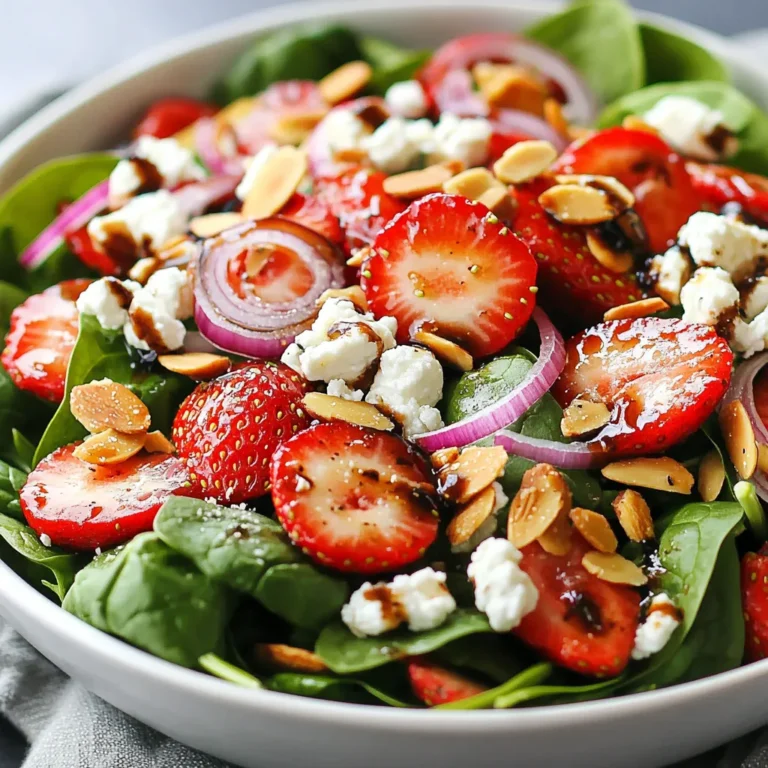 To make this Strawberry Spinach Goat Cheese Salad, gather these fresh ingredients: - 4 cups fresh spinach, washed and dried - 1 cup strawberries, hulled and quartered - 1/2 cup crumbled goat cheese - 1/4 cup sliced almonds (toasted) - 1/4 cup red onion, thinly sliced - 1/4 cup balsamic vinegar - 2 tablespoons honey - 1/4 cup extra virgin olive oil - Salt and pepper to taste These ingredients blend well to create a tasty and colorful salad. You can swap some ingredients if needed. Here are some ideas: - Use mixed greens instead of spinach for a different flavor. - Try feta cheese or blue cheese if goat cheese is not your favorite. - Use walnuts or pecans instead of sliced almonds for a nutty crunch. - Substitute maple syrup for honey if you prefer a vegan option. - Red wine vinegar can replace balsamic vinegar for a tangy twist. These swaps keep the salad fresh and fun. Each serving of this salad has great nutrition. Here’s a simple breakdown: - Calories: 220 - Protein: 6g - Carbohydrates: 18g - Fat: 15g - Fiber: 3g - Sugar: 6g This salad is not only tasty but also packed with nutrients. Enjoy it as a light meal or a side dish! {{ingredient_image_1}} To start, gather your ingredients for the dressing. You will need balsamic vinegar, honey, extra virgin olive oil, salt, and pepper. In a small bowl, whisk together: - 1/4 cup balsamic vinegar - 2 tablespoons honey - 1/4 cup extra virgin olive oil - Salt and pepper to taste Mix until it is fully combined. This dressing adds a sweet and tangy flavor that pairs perfectly with the salad. Now, move on to the salad. In a large bowl, combine: - 4 cups fresh spinach, washed and dried - 1 cup strawberries, hulled and quartered - 1/4 cup sliced red onion, thinly sliced - 1/2 cup crumbled goat cheese Drizzle about half of the dressing over the salad. Gently toss everything together. Be careful not to break the goat cheese too much. This keeps the salad looking beautiful. It is time to serve! Sprinkle the salad with: - 1/4 cup sliced almonds (toasted) This adds a nice crunch. Serve the salad immediately. You can drizzle the rest of the dressing on individual servings if you like. For a lovely touch, serve in a large, shallow bowl. You can add a fresh strawberry on top for a stunning finish. Enjoy! To keep goat cheese from crumbling, try chilling it first. Cold cheese stays firm when you slice it. Use a sharp knife for clean cuts. If you need crumbles, gently press the cheese with your fingers. This way, you get nice pieces for your salad. Washing spinach is easy but important. Start by filling a large bowl with cold water. Place the spinach in the bowl, letting it soak for a minute. Gently swish the leaves around to remove dirt. Lift the spinach out of the water and place it in a colander to drain. Rinse under cold running water to ensure all dirt is gone. Dry the leaves with a salad spinner or a clean kitchen towel. Clean spinach not only tastes better but is also safer to eat. Fresh herbs can make your salad even tastier. Try adding basil or mint for a fresh twist. Chop them finely and sprinkle them over the salad. Use only a little at first, then taste and adjust. Fresh herbs can brighten the flavors and add a unique touch to your Strawberry Spinach Goat Cheese Salad. They bring out the sweetness of the strawberries and the creaminess of the goat cheese. Pro Tips Fresh Ingredients Matter: Always use the freshest spinach and strawberries for the best flavor and texture in your salad. Toast Your Nuts: Toasting the almonds enhances their flavor and adds a delightful crunch to the salad. Dress Just Before Serving: To prevent the salad from wilting, dress it right before serving for the freshest taste. Experiment with Cheese: If you're not a fan of goat cheese, try feta or blue cheese for a different flavor profile. {{image_2}} You can add protein to your strawberry spinach goat cheese salad for more flavor and nutrition. Grilled chicken is a great choice. It gives a nice smoky taste and pairs well with the sweet strawberries. Simply slice the chicken and add it on top. Another option is quinoa. This tiny grain is full of protein and has a nutty flavor. Cook the quinoa according to package directions, then let it cool before mixing it in. Both options make the salad more filling and satisfying. You can change the fruits in the salad based on what is in season. If strawberries are not available, try using blueberries, raspberries, or peaches. Each fruit brings its own unique flavor. For example, peaches add a juicy sweetness, while blueberries offer a nice burst of flavor. Just chop the fruit and mix it in with the spinach and goat cheese. If you want to make the salad vegan, there are easy swaps. Replace goat cheese with a creamy vegan cheese or avocado. The avocado will add healthy fats and a smooth texture. For the dressing, you can use maple syrup instead of honey. This keeps the salad sweet and delicious without any animal products. Always check labels to ensure all ingredients are vegan-friendly. These changes make the salad fit for everyone. To keep your salad fresh, store leftovers in an airtight container. Place the spinach and other ingredients in separate sections if possible. Keep the dressing in a small jar or bowl. This way, the spinach stays crisp and does not wilt. When prepping this salad, wash and dry the spinach ahead of time. Cut the strawberries and onions just before serving to keep them fresh. Prepare the dressing in advance and store it in the fridge. Mix it all together right before you eat for the best taste. This salad is best enjoyed fresh. If stored properly, it lasts about 1 to 2 days in the fridge. The spinach will start to lose its crunch after that. The strawberries may also get mushy over time. If you notice any off smells or colors, it’s best to throw it away. To make this salad vegan, simply swap the goat cheese for a plant-based cheese. You can find many tasty options at the store. Use almond or cashew cheese for a creamy texture. Instead of honey, use maple syrup or agave nectar for sweetness. This keeps the flavor while making it vegan-friendly. Yes, you can use other cheeses. Feta cheese works great and adds a salty burst. If you want something creamier, try ricotta or cream cheese. Each cheese offers a unique taste, so pick what you love. Just remember, the choice will change the salad's flavor. This salad pairs well with many side dishes. Grilled chicken or fish can make a nice addition. You can serve it with crusty bread or garlic bread as well. For something light, try a bowl of soup. Each option complements the salad's fresh and bright flavors. This blog post covered all the key parts of making a great salad. You found the complete ingredient list and learned about smarter swaps. We also discussed easy steps to prepare your salad and tips to elevate flavors. Don’t forget the variations with proteins and seasonal fruits. Finally, I shared how to store leftovers and answered common questions. Enjoy trying out these ideas. Get creative, and make it your own!