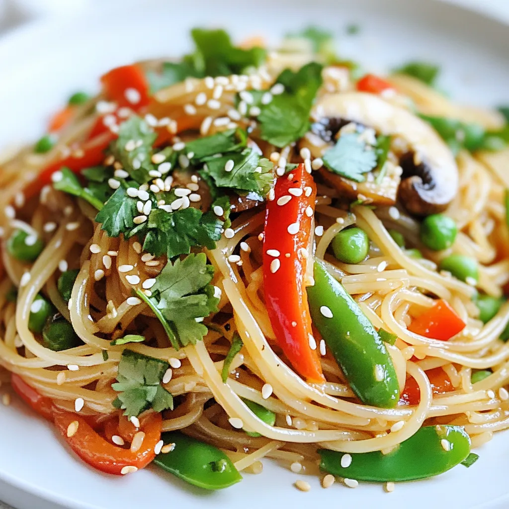 - 8 oz. rice noodles - 2 tablespoons sesame oil - 1 tablespoon fresh ginger, grated - 2 cloves garlic, minced - 1 red bell pepper, sliced - 1 cup snap peas, trimmed - 1 carrot, julienned - 1 cup shiitake mushrooms, sliced - 3 green onions, sliced - 3 tablespoons soy sauce (or tamari for gluten-free) - 1 tablespoon rice vinegar - 1 tablespoon sesame seeds - Fresh cilantro, for garnish When I prepare Sesame Ginger Noodle Stir Fry, I love to focus on fresh ingredients. Rice noodles are the perfect base. They soak up all the flavors well. I always choose high-quality noodles for the best taste. Sesame oil adds a rich, nutty flavor. It’s essential in this dish. Fresh ginger brings warmth and zest. I grate it to release its oils. Garlic is another must-have. I mince it finely to spread that great taste. Colorful veggies brighten up the meal. I slice red bell peppers for sweetness. Snap peas add a nice crunch. Carrots give a sweet touch and a pop of color. Shiitake mushrooms add earthiness. They blend well with the other ingredients. Green onions are great for garnish. They add freshness and a mild onion flavor. I use soy sauce or tamari to season the dish. It gives a savory depth. Rice vinegar adds a little tang, balancing the flavors perfectly. I finish with sesame seeds for crunch and fresh cilantro for a hint of brightness. This combo creates a simple yet tasty meal that I look forward to making again and again. {{ingredient_image_1}} To cook the rice noodles, fill a large pot with water. Bring the water to a rolling boil. Add the rice noodles and stir. Cook them according to the package instructions, usually about 4 to 6 minutes. Once they are al dente, drain the noodles. Rinse them under cold water to stop cooking. Set them aside for later. Grab a large wok or frying pan. Place it on the stove and turn the heat to medium-high. Pour in 2 tablespoons of sesame oil. Let it heat for a minute. You want the oil to shimmer but not smoke. Once the oil is hot, add 1 tablespoon of grated ginger and 2 cloves of minced garlic. Stir them quickly for about 30 seconds. When you smell their aroma, you know they are ready for the next step. Now it’s time to add the vegetables. Toss in 1 sliced red bell pepper, 1 cup of trimmed snap peas, 1 julienned carrot, and 1 cup of sliced shiitake mushrooms. Stir-fry these for about 4 to 5 minutes. You want them tender but still crisp. Take the cooled rice noodles and add them to the pan. Gently toss everything together. Be careful not to break the noodles. You want the noodles to mix well with the veggies. Next, drizzle 3 tablespoons of soy sauce and 1 tablespoon of rice vinegar over the noodle mixture. Stir well to coat all the ingredients evenly. Cook everything together for another 2 to 3 minutes. This allows the flavors to meld. Remove the pan from heat. Stir in 3 sliced green onions and 1 tablespoon of sesame seeds. These add a nice crunch and fresh taste to your dish. Now it’s time to plate your meal! Serve the stir-fry hot. Garnish with fresh cilantro and sprinkle extra sesame seeds if you like. Enjoy your flavorful and quick Sesame Ginger Noodle Stir Fry! To cook rice noodles just right, follow these steps: - Boil water in a large pot. - Add rice noodles and cook for 5-7 minutes. - Taste for doneness; they should be soft but firm. - Drain the noodles and rinse them under cold water. This stops the cooking. This method gives you noodles that are perfect for stir-frying. They won’t turn mushy when mixed with the veggies. To make your dish more flavorful, consider these seasonings: - Add a splash of lime juice for brightness. - Sprinkle in some chili flakes for heat. - Toss in fresh basil or mint for a herbal twist. These ingredients can change the dish's profile. They add depth and make it even more enjoyable. Here are some best practices for stir-frying: - Use a hot wok or frying pan. This helps cook food quickly. - Add oil first, then aromatics like ginger and garlic. This brings out their flavor. - Keep the food moving. Stir constantly to avoid burning. These tips will help in creating a delicious stir-fry. You’ll end up with tender veggies and great flavor! Pro Tips Use Fresh Ingredients: Fresh vegetables and herbs will enhance the flavor and nutritional value of your stir fry. Don’t Overcook the Noodles: Make sure to cook the rice noodles just until al dente to keep them from becoming mushy when stir-frying. Customize Your Veggies: Feel free to substitute or add any seasonal vegetables you have on hand for a personal touch. Adjust for Spice: If you like a little heat, consider adding some red pepper flakes or sriracha to the soy sauce mixture. {{image_2}} You can add protein to your sesame ginger noodle stir fry for extra flavor and nutrition. Here are some options: - Chicken: Use boneless, skinless chicken thighs or breasts. Cut them into bite-sized pieces. Cook them in the pan for about 5-7 minutes until browned and cooked through. - Tofu: Firm or extra-firm tofu works best. Press the tofu to remove moisture, then cut it into cubes. Sauté the tofu until it’s golden brown and crispy. This adds a nice texture to your dish. - Shrimp: Use peeled and deveined shrimp. Add them to the pan after sautéing the aromatics. Cook until they turn pink, about 3-4 minutes. This gives a light and fresh flavor. Feel free to swap out vegetables based on what you have or what’s in season. Here are some great alternatives: - Broccoli: Cut into small florets. It adds crunch and color. - Zucchini: Slice it thin. It cooks quickly and absorbs flavors well. - Bell peppers: You can use yellow or green bell peppers for a different taste. - Baby corn: Adds a sweet crunch that pairs well with the noodles. If you need a gluten-free dish, you can easily adapt this recipe. Here are some tips: - Rice Noodles: These are naturally gluten-free. Make sure to check the label to confirm. - Tamari: This is a great substitute for soy sauce. It has a similar taste but is gluten-free. Use the same amount as soy sauce for great flavor. These variations let you customize your dish to fit your tastes and dietary needs. Enjoy experimenting with different proteins and veggies! Once you finish your Sesame Ginger Noodle Stir Fry, store leftovers in an airtight container. This helps keep your dish fresh and tasty. Make sure to refrigerate the leftovers within two hours of cooking. The stir fry should stay good in the fridge for up to three days. To reheat, I suggest using a pan over medium heat. Add a splash of water or a bit of sesame oil to help steam the noodles. Stir frequently to warm evenly. You can also microwave it. Place the stir fry in a microwave-safe bowl, cover it, and heat for one to two minutes. Stir halfway through to ensure even heating. If you want to freeze the stir fry, it’s best to do this before adding the green onions and sesame seeds. Pack the cooled stir fry in freezer-safe bags or containers. Remove as much air as possible to prevent freezer burn. It can last up to three months in the freezer. When ready to eat, thaw it in the fridge and reheat as described above. Yes, you can make this dish vegetarian. For protein, consider adding tofu or tempeh. Both options soak up flavors well. Use firm tofu, cut into cubes, for the best texture. You can also try edamame or chickpeas for a protein boost. To add spice, try adding red pepper flakes. You can also mix in sriracha or chili paste. Start small and taste as you go. This way, you can find your perfect heat level. This stir fry pairs well with spring rolls or a side salad. You can also serve it with miso soup for a warm touch. Choose light dishes so the stir fry shines. Yes, this recipe is great for meal prep. You can store it in the fridge for up to four days. Just keep the noodles and veggies in separate containers. This helps them stay fresh and crunchy. Reheat gently in a pan or microwave before serving. This blog post showed how to make a tasty Sesame Ginger Noodle Stir Fry. You learned about key ingredients, cooking steps, and helpful tips. Each section guides you in making delicious food with ease. Don't forget the variations and storage tips to keep your dish fresh. Try adding different proteins or spices to suit your taste. Cooking should be fun and satisfying. Enjoy creating your own tasty meals!