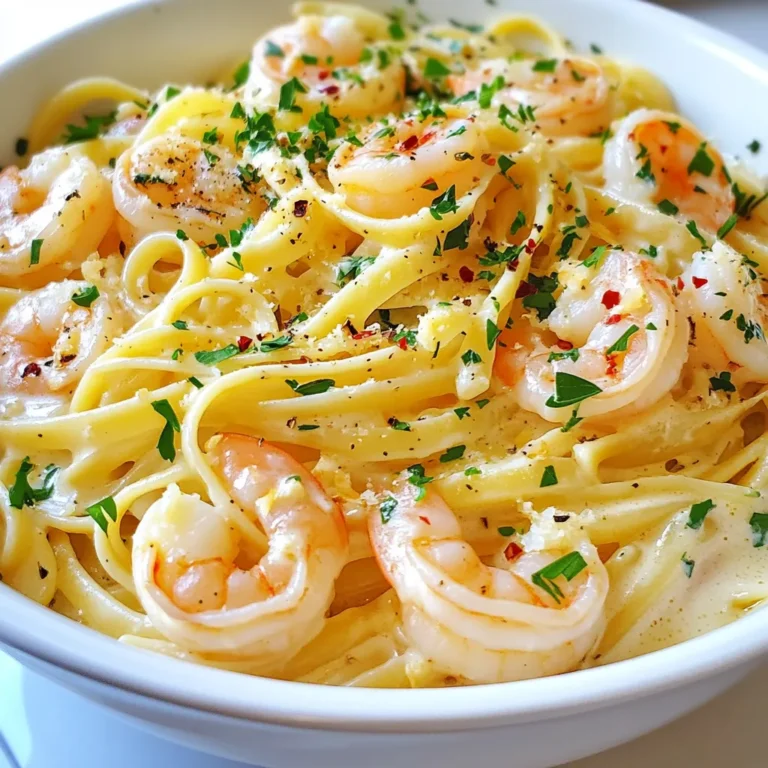 - 8 oz linguine pasta - 1 lb large shrimp, peeled and deveined - 4 cloves garlic, minced - 1 cup heavy cream - 1/2 cup chicken broth - 1/2 cup grated Parmesan cheese - 2 tablespoons olive oil - 1 tablespoon butter - 1 teaspoon red pepper flakes (optional) - Salt and pepper to taste - Fresh parsley, chopped (for garnish) The quality of your ingredients matters. Fresh shrimp tastes much better than frozen. Use large, juicy shrimp for the best mouthfeel. Fresh garlic gives a strong flavor. Always pick real Parmesan cheese over the pre-grated stuff. It melts better and adds a rich taste. Red pepper flakes add heat to the dish. Use them if you like spice. If you want a milder dish, skip them. For dietary needs, you can use gluten-free pasta instead of regular linguine. You can also try whole wheat pasta for a healthier option. Start by boiling a large pot of salted water. Add the linguine and cook it until it's al dente. This usually takes about 9 to 11 minutes. Remember to save 1/2 cup of the pasta water before draining. This water helps adjust the sauce later. In a large skillet, heat olive oil and butter over medium heat. Add minced garlic and sauté for about 1 minute. The garlic should smell good but not burn. Add the shrimp. Season with salt, pepper, and red pepper flakes if you like. Cook the shrimp for 2 to 3 minutes. They will turn pink and opaque when done. Next, pour in the chicken broth and let it simmer for about 2 minutes. This reduces the broth and adds flavor. Then, stir in heavy cream and Parmesan cheese. Mix well until the cheese melts and the sauce is smooth. If the sauce is too thick, add some reserved pasta water to make it just right. Serve the linguine by tossing it in the creamy garlic sauce. Cook for another 1 to 2 minutes to heat everything through. Adjust the seasoning with more salt and pepper if needed. Garnish with chopped parsley for a fresh look before serving. {{ingredient_image_1}} This blog post covered making Creamy Garlic Shrimp Linguine. We discussed key and optional ingredients, plus their importance for flavor. I shared step-by-step cooking instructions and tips for perfect sauce consistency. You learned about ingredient swaps and flavor enhancements to keep things fresh. Finally, I provided storage tips to help you preserve leftovers. Enjoy cooking this dish! It's easy to customize and perfect for any occasion. With these steps, your dinner will impress everyone, whether family or friends. Happy cooking!