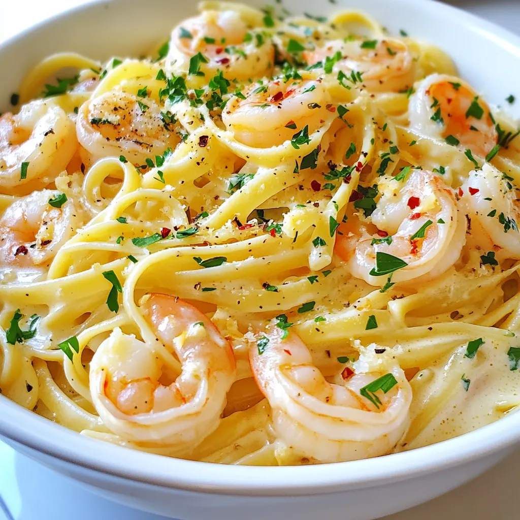 - 8 oz linguine pasta - 1 lb large shrimp, peeled and deveined - 4 cloves garlic, minced - 1 cup heavy cream - 1/2 cup chicken broth - 1/2 cup grated Parmesan cheese - 2 tablespoons olive oil - 1 tablespoon butter - 1 teaspoon red pepper flakes (optional) - Salt and pepper to taste - Fresh parsley, chopped (for garnish) The quality of your ingredients matters. Fresh shrimp tastes much better than frozen. Use large, juicy shrimp for the best mouthfeel. Fresh garlic gives a strong flavor. Always pick real Parmesan cheese over the pre-grated stuff. It melts better and adds a rich taste. Red pepper flakes add heat to the dish. Use them if you like spice. If you want a milder dish, skip them. For dietary needs, you can use gluten-free pasta instead of regular linguine. You can also try whole wheat pasta for a healthier option. Start by boiling a large pot of salted water. Add the linguine and cook it until it's al dente. This usually takes about 9 to 11 minutes. Remember to save 1/2 cup of the pasta water before draining. This water helps adjust the sauce later. In a large skillet, heat olive oil and butter over medium heat. Add minced garlic and sauté for about 1 minute. The garlic should smell good but not burn. Add the shrimp. Season with salt, pepper, and red pepper flakes if you like. Cook the shrimp for 2 to 3 minutes. They will turn pink and opaque when done. Next, pour in the chicken broth and let it simmer for about 2 minutes. This reduces the broth and adds flavor. Then, stir in heavy cream and Parmesan cheese. Mix well until the cheese melts and the sauce is smooth. If the sauce is too thick, add some reserved pasta water to make it just right. Serve the linguine by tossing it in the creamy garlic sauce. Cook for another 1 to 2 minutes to heat everything through. Adjust the seasoning with more salt and pepper if needed. Garnish with chopped parsley for a fresh look before serving. {{ingredient_image_1}} This blog post covered making Creamy Garlic Shrimp Linguine. We discussed key and optional ingredients, plus their importance for flavor. I shared step-by-step cooking instructions and tips for perfect sauce consistency. You learned about ingredient swaps and flavor enhancements to keep things fresh. Finally, I provided storage tips to help you preserve leftovers. Enjoy cooking this dish! It's easy to customize and perfect for any occasion. With these steps, your dinner will impress everyone, whether family or friends. Happy cooking!