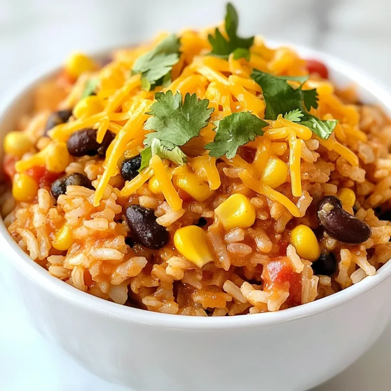 - 1 cup long-grain rice - 2 cups vegetable broth - 1 tablespoon olive oil - 1 small onion, diced - 2 cloves garlic, minced - 1 bell pepper (red or green), diced - 1 can (15 oz) black beans, rinsed and drained - 1 cup corn kernels (fresh or frozen) - 2 tablespoons taco seasoning - 1 cup shredded cheddar cheese - 1 cup salsa - Fresh cilantro, chopped (for garnish) - Salt and pepper to taste Gathering these ingredients makes cooking easy. Long-grain rice is the base for this dish. The vegetable broth adds flavor and helps cook the rice. Olive oil makes sautéing easier and tastier. Onion, garlic, and bell pepper bring out great flavors. Next, you need black beans and corn. They add a nice texture and protein. Taco seasoning gives that classic taco taste. Cheddar cheese makes it creamy and rich. Salsa adds a zesty kick. For a fresh touch, don't forget cilantro. It brightens up the dish. Salt and pepper adjust the taste to your liking. With these ingredients, you can create a delightful one-pot meal that everyone will love. {{ingredient_image_1}} Start by bringing 2 cups of vegetable broth to a boil in a medium saucepan. This broth adds great flavor. Once it’s bubbling, add 1 cup of long-grain rice. Stir the rice in and cover the pot. Reduce the heat to low. Let it simmer for about 15 to 20 minutes, until the rice is cooked and the liquid is absorbed. While the rice cooks, heat 1 tablespoon of olive oil in a large skillet over medium heat. Add a small diced onion and a diced bell pepper to the skillet. Sauté them for about 5 minutes, until they soften. This step builds a tasty base for our dish. Next, add 2 cloves of minced garlic to the skillet and cook for 1 more minute. The garlic will make the kitchen smell amazing. Now, stir in 1 can of black beans, 1 cup of corn, and 2 tablespoons of taco seasoning. Mix everything well and heat it through for about 3 to 5 minutes. Once the rice is ready, fluff it with a fork. Add the rice to the skillet with the veggies. Pour in 1 cup of salsa and stir it all together until well mixed and hot. Finally, sprinkle 1 cup of shredded cheddar cheese on top. Cover the skillet for a few minutes to let the cheese melt. Enjoy the warm, cheesy goodness! To cook rice perfectly, start with rinsing it. Rinse the rice under cold water until the water runs clear. This helps remove extra starch. Next, boil the vegetable broth in a medium saucepan. Once boiling, add the rinsed rice. Stir it gently, reduce the heat, and cover. Let it simmer for about 15-20 minutes. When done, the rice should be fluffy and the liquid absorbed. For sautéing vegetables, heat olive oil in a large skillet over medium heat. Add the diced onion and bell pepper. Stir often for about 5 minutes, until soft. Adding garlic last helps keep its strong flavor. Cook the garlic for just one minute until it smells good. You can boost flavor with spices. Try adding cumin or smoked paprika for a deeper taste. A squeeze of lime juice brightens the dish. For heat, add chopped jalapeños or red pepper flakes. Mixing in fresh herbs like oregano or even a bit of cilantro can enhance the overall taste. Don't be afraid to experiment with flavors that you love. Garnishing makes your meal look nice. Use fresh cilantro as a bright green topping. Sprinkle it on right before serving. You can also add a dollop of sour cream or avocado slices on top for extra flavor and color. Serve Cheesy Taco Rice in colorful bowls. This adds to the fun. Pair it with tortilla chips on the side for a crunchy contrast. The bright colors and flavors make the dish even more inviting. Pro Tips Use Quality Rice: For the best texture, opt for long-grain rice that is fresh and stored properly. This will ensure it cooks evenly and has a fluffy consistency. Customize Your Seasoning: Feel free to adjust the taco seasoning according to your taste preference or spice tolerance. You can add more chili powder for heat or even a pinch of sugar to balance flavors. Add Fresh Ingredients: For a burst of flavor, consider adding fresh ingredients like diced tomatoes or jalapeños. They can enhance the dish and add extra freshness. Cheese Variations: Experiment with different types of cheese such as Monterey Jack or Pepper Jack for a unique twist on the classic cheesy flavor. {{image_2}} You can easily change the protein in Cheesy Taco Rice. - Adding ground meat options: Try ground beef, turkey, or chicken. Cook the meat first, then add the veggies. This adds flavor and richness to the dish. - Vegetarian protein substitutes: If you prefer a meatless version, use lentils or tofu. Both options add protein and blend well with the spices. If you have dietary needs, you can still enjoy this dish. - Gluten-free alternatives: Use gluten-free taco seasoning. Most brands offer tasty options that fit this need. - Dairy-free cheese options: Look for plant-based cheese. Many melt well and taste great in this dish. Get creative with your ingredients. - Seasonal vegetables: Use what’s fresh. Zucchini, spinach, or seasonal peppers add color and nutrients. - Alternative beans and grains: Swap black beans for pinto beans or chickpeas. You can also try quinoa or brown rice for a different texture. Experimenting with these variations makes your Cheesy Taco Rice special every time! To keep your Cheesy Taco Rice fresh, follow these steps: - Refrigerating: Place leftovers in an airtight container. Store in the fridge for up to 3 days. This helps keep flavors intact and avoids spoilage. - Freezing: For longer storage, freeze your Cheesy Taco Rice. Use freezer-safe bags or containers. Make sure to remove as much air as possible. It can last up to 3 months in the freezer. When reheating, you want to keep that tasty texture. Here are my go-to methods: - Stovetop: This method keeps the rice moist. Place the rice in a skillet. Add a splash of water or broth. Heat over medium-low heat, stirring often until hot. - Microwave: For a quick option, use the microwave. Place the rice in a microwave-safe bowl. Cover with a damp paper towel to keep moisture. Heat in short bursts, stirring in between, until hot. These tips help you enjoy your Cheesy Taco Rice again and again! What is Cheesy Taco Rice? Cheesy Taco Rice is a one-pot meal. It combines rice, beans, corn, and spices. This dish is creamy and full of flavor. The melted cheese on top adds richness. It’s a comforting meal for the whole family. Can I make this recipe ahead of time? Yes, you can make Cheesy Taco Rice ahead of time. Just cook it and let it cool. Store it in an airtight container in the fridge. Reheat it when you are ready to serve. It tastes great even after a day or two. What can I serve with Cheesy Taco Rice? You can serve Cheesy Taco Rice with a side salad or tortilla chips. It pairs well with guacamole or sour cream. You can also add some sliced jalapeños for extra heat. How long does Cheesy Taco Rice last in the fridge? Cheesy Taco Rice lasts about 3 to 4 days in the fridge. Make sure to store it in a sealed container. If you want it to last longer, consider freezing it. Can I use brown rice instead of white? Yes, you can use brown rice. However, it takes longer to cook. You may need to adjust the cooking time and liquid. Brown rice adds more fiber and nutrients. What can I substitute for taco seasoning? You can make your own taco seasoning. Use equal parts cumin, paprika, garlic powder, and onion powder. You can also add chili powder or cayenne for more heat. This allows you to control the flavors better. Cheesy Taco Rice combines basic ingredients with fun additions for a tasty meal. You learned about key ingredients, step-by-step cooking, and helpful tips to enhance flavor. Variations let you customize the dish for any diet. Store leftovers properly and reheat to enjoy later. This dish is flexible, making it perfect for everyone. Enjoy creating your own version and impress your family and friends with your cooking skills!